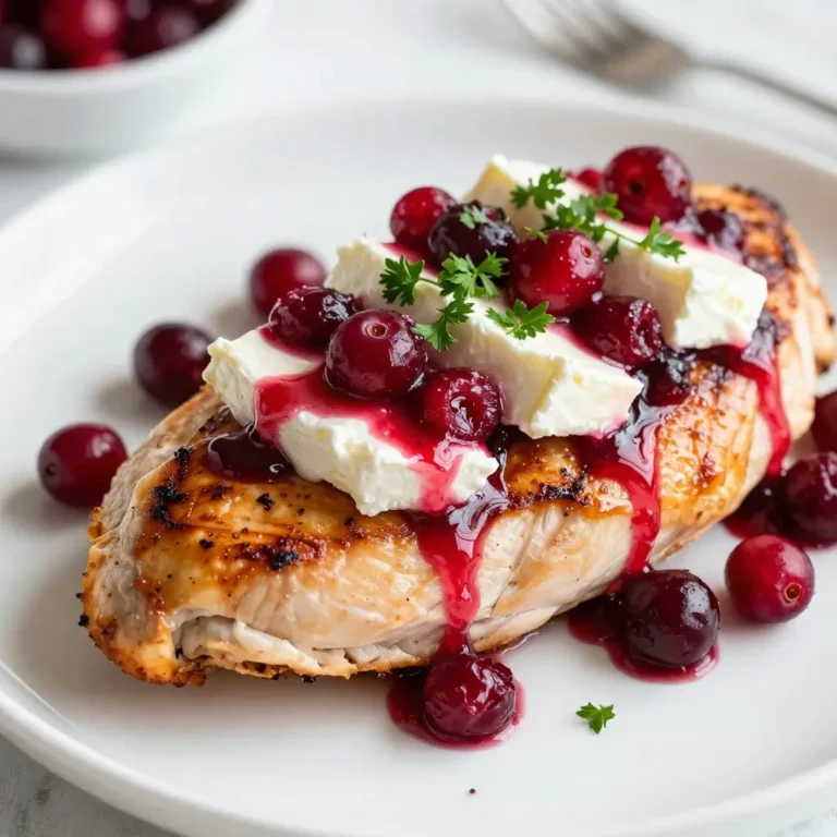 To make Cranberry Brie Chicken, you will need these main ingredients: - 4 boneless, skinless chicken breasts - 1 cup fresh or frozen cranberries - 1/2 cup chicken broth - 1/4 cup honey - 2 tablespoons balsamic vinegar - 1 teaspoon dried thyme - Salt and pepper to taste - 4 ounces Brie cheese, sliced (rind removed) - 1 tablespoon olive oil - Fresh parsley, for garnish You can enhance your dish with a few optional ingredients: - Fresh herbs like rosemary or sage add extra flavor. - A pinch of red pepper flakes can give it a kick. - Chopped walnuts or pecans add crunch and richness. When choosing your ingredients, keep these tips in mind: - Select fresh cranberries that are firm and plump. - Avoid cranberries that are soft, wrinkled, or have blemishes. - For Brie cheese, look for a creamy texture and a fresh smell. - If using frozen cranberries, thaw them before cooking for best results. {{ingredient_image_1}} To make Cranberry Brie Chicken, start by getting everything ready. First, preheat your oven to 375°F (190°C). Next, grab a medium saucepan. In this pan, mix together 1 cup of cranberries, 1/2 cup of chicken broth, 1/4 cup of honey, 2 tablespoons of balsamic vinegar, and 1 teaspoon of dried thyme. Heat this mixture on medium-high until it boils. Once boiling, lower the heat and let it simmer for about 10 minutes. The cranberries will burst and the sauce will thicken. When done, set the sauce aside. While the sauce cools, season 4 boneless, skinless chicken breasts on both sides with salt and pepper. This adds flavor and helps the chicken taste great. Next, it’s time to sear the chicken. In a large, oven-safe skillet, heat 1 tablespoon of olive oil over medium-high heat. Once hot, add the chicken breasts. Sear each side for about 3-4 minutes. You want a nice golden brown color. Searing is essential as it locks in juices and adds flavor. Make sure not to overcrowd the pan; cook in batches if needed. After searing, pour the cranberry sauce over the chicken in the skillet. Then, top each chicken breast with slices of Brie cheese, making sure to remove the rind first. The cheese will melt beautifully during baking. Now, carefully transfer the skillet to your preheated oven. Bake for 20-25 minutes. The chicken should reach an internal temperature of 165°F (75°C). After baking, remove it from the oven and let it rest for a few minutes. This helps keep the chicken juicy. When ready to serve, slice the chicken and drizzle with the remaining cranberry sauce. Garnish with fresh parsley for a pop of color. Enjoy your flavorful Cranberry Brie Chicken! To get the best flavor and texture for your Cranberry Brie Chicken, follow a few key steps. First, always season your chicken well with salt and pepper. This simple step makes a big difference. When you sear the chicken, use medium-high heat. This helps create a nice golden crust. Sear each side for about 3-4 minutes. After that, pour the cranberry sauce over the chicken. It adds moisture and flavor while it bakes. Finally, don’t forget to let the chicken rest after baking. This keeps it juicy. One common mistake is overcooking the chicken. This can make it dry and tough. Use a meat thermometer to check the internal temperature. It should reach 165°F (75°C). Another mistake is underseasoning. Don’t skip the salt and pepper. They bring out the flavors of the chicken and cranberries. Taste the sauce before adding it to the chicken. Adjust the seasoning if needed. This will ensure every bite is delicious. Making your dish look great is easy! Start by placing the chicken on a nice plate. Drizzle some of the warm cranberry sauce over the top. Add a few slices of melted Brie on each piece of chicken. For a pop of color, sprinkle fresh parsley on top. This not only looks good but adds freshness too. Serve with a side of roasted vegetables or rice for a complete meal. Your guests will be impressed by the beautiful presentation! Pro Tips Perfectly Browned Chicken: Make sure your skillet is hot enough to sear the chicken before adding it. This helps to lock in flavors and creates a beautiful crust. Adjust Sweetness: If you prefer a sweeter sauce, feel free to add more honey to the cranberry mixture. Taste as you go to find your perfect balance! Cheese Melting Tip: For a beautifully melted Brie, slice it thinly and let it come to room temperature before placing it on the hot chicken. Garnishing Technique: For added visual appeal, chop the parsley finely and sprinkle it over the dish just before serving to enhance freshness and color. {{image_2}} You can mix and match flavors with Cranberry Brie Chicken. Try using other fruits like apples or pears. They add a sweet twist. You can also use dried fruits like figs or apricots. These give a rich taste and chewy texture. Adding nuts, like walnuts or pecans, can bring crunch. Fresh herbs, like rosemary or basil, also work well. Each choice adds a unique flavor to your dish. You can cook Cranberry Brie Chicken in different ways. For a slow cooker, season the chicken and add the cranberry sauce on top. Cook on low for 6 to 8 hours. This makes the chicken very tender. You can also grill the chicken. Just grill it until it’s cooked through, then add the sauce and cheese on top. Close the grill lid to melt the cheese. Both methods give you tasty options. Making this dish gluten-free is easy. Just use gluten-free chicken broth and honey. If you want a dairy-free version, swap the Brie for a dairy-free cheese. You can use a nut-based cheese or a creamy tofu. Always check labels to ensure they fit your needs. These changes let everyone enjoy this meal. To keep your Cranberry Brie Chicken fresh, store it properly. First, let it cool down completely. Then, place the chicken in an airtight container. You can refrigerate it for up to three days. If you want to keep it longer, freeze it. Wrap the chicken tightly in plastic wrap, then place it in a freezer bag. This way, it can last for about three months without losing flavor. Reheating is key to enjoying this dish again. To avoid drying out the chicken, use a gentle method. Preheat your oven to 350°F (175°C). Place the chicken in an oven-safe dish. Add a splash of chicken broth to keep it moist. Cover the dish with foil to trap steam. Heat it for about 15-20 minutes or until it reaches 165°F (75°C). If you're in a hurry, you can use a microwave. Heat it in 30-second bursts, checking to avoid overcooking. Knowing how long your food stays safe is vital. Cranberry Brie Chicken can stay in the fridge for three days. In the freezer, it can last for three months. After that, it’s best to toss it. Always check for off smells or changes in color before eating. Keeping track of storage times helps you enjoy your meals safely. Yes, you can use other cheeses if you do not have Brie. Here are some good options: - Camembert: It has a similar creamy texture and mild taste. - Goat cheese: This adds a tangy flavor that pairs well with cranberries. - Cream cheese: It melts nicely and adds creaminess without strong flavor. - Mozzarella: A milder choice that will still give a nice melt. Cranberry Brie Chicken pairs well with many side dishes. Here are some tasty options: - Mashed potatoes: Creamy potatoes soak up the sauce well. - Green beans: Crisp green beans add nice color and crunch. - Rice: A fluffy rice serves as a great base for the chicken. - Salad: A fresh salad adds a light and healthy touch. - Quinoa: This adds protein and a nutty flavor to your meal. To check if your chicken is done, use these tips: - Use a meat thermometer: The chicken should reach 165°F (75°C). - Look for clear juices: When you cut into the chicken, the juices should run clear. - Check the color: The meat should be white, not pink, near the bone. Cooking chicken properly is key. Follow these steps to ensure a safe and tasty meal. In this guide, we explored the essential ingredients for Cranberry Brie Chicken, including tips for selecting fresh items. You learned step-by-step cooking instructions, along with techniques to enhance flavor and avoid common mistakes. We also considered variations and how to store leftovers safely. This dish is versatile and simple, making it great for any meal. I hope you feel empowered to try it out and impress your family and friends. Enjoy your cooking journey!