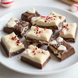 - 12 oz semi-sweet chocolate chips - 12 oz white chocolate chips - 1 tsp peppermint extract - 1 cup crushed peppermint candies (or candy canes) - Pinch of sea salt (optional) I recommend using a kitchen scale for accuracy. One cup of crushed candies weighs about 120 grams. Each type of chocolate is 340 grams, which is 12 oz. If you have a measuring cup, use it for the chocolate chips. If you want to switch things up, here are some ideas: - Use milk chocolate chips instead of semi-sweet. - Swap white chocolate for yogurt-covered chips for a fun twist. - You can use crushed walnuts or almonds instead of peppermint candies for crunch. - If you don't have peppermint extract, try vanilla for a different flavor. {{ingredient_image_1}} To start, grab a 9x9 inch baking dish. Line it with parchment paper. Leave some overhang on the sides. This helps you lift the bark out later. Make sure the paper is flat against the dish. This is key for a smooth finish. Next, melt the semi-sweet chocolate chips. Use a microwave-safe bowl. Heat them in 30-second intervals. Stir the chocolate in between. This keeps it from burning. Once melted and smooth, pour it into your baking dish. Spread it evenly across the bottom. Place the dish in the fridge for about 15 minutes. This allows the chocolate to set. Now, let's melt the white chocolate chips. Use another microwave-safe bowl. Again, heat in 30-second intervals, stirring each time. Once melted, add 1 teaspoon of peppermint extract. Stir well to mix in the flavor. Take the dish out of the fridge. Pour the melted white chocolate over the semi-sweet layer. Spread it evenly with a spatula. While it's still warm, sprinkle 1 cup of crushed peppermint candies on top. Press down lightly to help them stick. If you like, add a pinch of sea salt for extra taste. Refrigerate the whole dish for about 30 minutes. This helps it set completely. When it's firm, lift the bark out using the parchment paper. Break it into pieces with your hands or a knife. Enjoy your delicious peppermint bark! To get a smooth chocolate finish, melt your chocolate slowly. Use a microwave-safe bowl. Heat it in 30-second bursts. Stir often until it is silky. If you pour too soon, the chocolate may clump. A smooth layer is key to great peppermint bark. To ensure even flavor, mix the peppermint extract well into the white chocolate. Pour it over the semi-sweet layer while it is still warm. This helps the flavors blend nicely. When you sprinkle the crushed peppermint, press them in gently. This step helps spread the peppermint flavor throughout each bite. For a stunning display, cut the peppermint bark into uniform pieces. Use a sharp knife for clean edges. Arrange the pieces on a festive platter. Add whole peppermint candies or mint leaves for color. This simple touch makes it look more inviting and festive. Pro Tips Use High-Quality Chocolate: For the best flavor and texture, choose high-quality chocolate chips. This will make a significant difference in the final taste of your peppermint bark. Experiment with Flavors: Feel free to add a dash of food coloring to the white chocolate or try other extracts like vanilla or almond for a unique twist on the classic peppermint flavor. Layering Technique: Ensure that each chocolate layer is fully set before adding the next. This prevents the layers from mixing and keeps your bark looking polished and professional. Storage Tips: Store your peppermint bark in an airtight container at room temperature for up to two weeks. For longer storage, keep it in the refrigerator. {{image_2}} You can switch up the chocolate in your peppermint bark. Try dark chocolate for a richer taste. You can also use milk chocolate for a creamier texture. Each chocolate type adds its own charm. Mixing semi-sweet and white chocolate creates a lovely contrast. Experiment with flavored chocolates, like orange or hazelnut, for fun twists. Adding flavors makes your peppermint bark even better. Mix in a splash of vanilla extract for warmth. You can also use almond extract for a nutty touch. If you love spice, try a hint of cinnamon or nutmeg. These flavors pair well with peppermint and chocolate. Just remember to keep the balance so none overpowers the others. Make your peppermint bark more festive with seasonal items. Add dried cranberries or raisins for a pop of color. Chopped nuts like almonds or pecans add crunch and flavor. You can even top it with festive sprinkles for a fun look. These little touches make your treat stand out during the holidays. Store your peppermint bark in a cool, dry place. Use an airtight container to keep it safe. This helps prevent it from absorbing other smells. You can layer the bark pieces with parchment paper to avoid sticking. Peppermint bark lasts about two weeks at room temperature. If you want to keep it longer, freezing is a great option. Wrap the bark tightly in plastic wrap or foil first. Then, place it in a freezer-safe bag. It can last up to three months in the freezer. To keep peppermint bark fresh, avoid heat and moisture. Check your storage area for any heat sources. When ready to eat, let it sit at room temperature for a few minutes before enjoying. This helps the chocolate soften slightly for the best taste. You can make peppermint bark without chocolate by using white chocolate only. Simply melt the white chocolate chips. Pour the melted chocolate into a lined dish. Then, sprinkle crushed peppermint candies on top. Let it set in the fridge. This gives you a sweet and minty treat without any dark or milk chocolate. Yes, you can use mint extract instead of peppermint extract. However, mint extract has a different taste. It is stronger and less sweet than peppermint. If you choose to use mint, start with half the amount. Taste the mixture before adding more. This way, you can control the flavor of your peppermint bark. The best way to break peppermint bark is to let it cool completely first. Once set, lift the bark out of the dish using the parchment paper. Place it on a cutting board. Use your hands to break it into pieces. For more uniform pieces, use a sharp knife. Cut through the bark gently for clean edges. You learned how to make tasty peppermint bark. We covered ingredients, measurements, and substitutions. I provided steps for preparing your dish, melting chocolate, and layering. Helpful tips ensured a smooth finish and great flavor. We also explored variations and storage best practices. Enjoy your peppermint bark creation, knowing you have all the tools to make it perfect. Remember, keep it fresh for lasting joy!