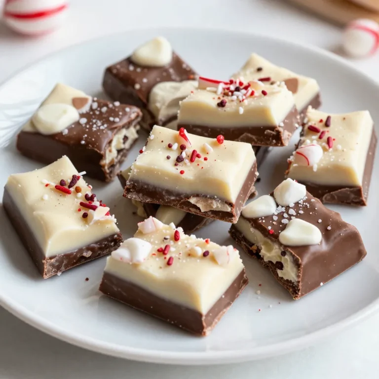 - 12 oz semi-sweet chocolate chips - 12 oz white chocolate chips - 1 tsp peppermint extract - 1 cup crushed peppermint candies (or candy canes) - Pinch of sea salt (optional) I recommend using a kitchen scale for accuracy. One cup of crushed candies weighs about 120 grams. Each type of chocolate is 340 grams, which is 12 oz. If you have a measuring cup, use it for the chocolate chips. If you want to switch things up, here are some ideas: - Use milk chocolate chips instead of semi-sweet. - Swap white chocolate for yogurt-covered chips for a fun twist. - You can use crushed walnuts or almonds instead of peppermint candies for crunch. - If you don't have peppermint extract, try vanilla for a different flavor. {{ingredient_image_1}} To start, grab a 9x9 inch baking dish. Line it with parchment paper. Leave some overhang on the sides. This helps you lift the bark out later. Make sure the paper is flat against the dish. This is key for a smooth finish. Next, melt the semi-sweet chocolate chips. Use a microwave-safe bowl. Heat them in 30-second intervals. Stir the chocolate in between. This keeps it from burning. Once melted and smooth, pour it into your baking dish. Spread it evenly across the bottom. Place the dish in the fridge for about 15 minutes. This allows the chocolate to set. Now, let's melt the white chocolate chips. Use another microwave-safe bowl. Again, heat in 30-second intervals, stirring each time. Once melted, add 1 teaspoon of peppermint extract. Stir well to mix in the flavor. Take the dish out of the fridge. Pour the melted white chocolate over the semi-sweet layer. Spread it evenly with a spatula. While it's still warm, sprinkle 1 cup of crushed peppermint candies on top. Press down lightly to help them stick. If you like, add a pinch of sea salt for extra taste. Refrigerate the whole dish for about 30 minutes. This helps it set completely. When it's firm, lift the bark out using the parchment paper. Break it into pieces with your hands or a knife. Enjoy your delicious peppermint bark! To get a smooth chocolate finish, melt your chocolate slowly. Use a microwave-safe bowl. Heat it in 30-second bursts. Stir often until it is silky. If you pour too soon, the chocolate may clump. A smooth layer is key to great peppermint bark. To ensure even flavor, mix the peppermint extract well into the white chocolate. Pour it over the semi-sweet layer while it is still warm. This helps the flavors blend nicely. When you sprinkle the crushed peppermint, press them in gently. This step helps spread the peppermint flavor throughout each bite. For a stunning display, cut the peppermint bark into uniform pieces. Use a sharp knife for clean edges. Arrange the pieces on a festive platter. Add whole peppermint candies or mint leaves for color. This simple touch makes it look more inviting and festive. Pro Tips Use High-Quality Chocolate: For the best flavor and texture, choose high-quality chocolate chips. This will make a significant difference in the final taste of your peppermint bark. Experiment with Flavors: Feel free to add a dash of food coloring to the white chocolate or try other extracts like vanilla or almond for a unique twist on the classic peppermint flavor. Layering Technique: Ensure that each chocolate layer is fully set before adding the next. This prevents the layers from mixing and keeps your bark looking polished and professional. Storage Tips: Store your peppermint bark in an airtight container at room temperature for up to two weeks. For longer storage, keep it in the refrigerator. {{image_2}} You can switch up the chocolate in your peppermint bark. Try dark chocolate for a richer taste. You can also use milk chocolate for a creamier texture. Each chocolate type adds its own charm. Mixing semi-sweet and white chocolate creates a lovely contrast. Experiment with flavored chocolates, like orange or hazelnut, for fun twists. Adding flavors makes your peppermint bark even better. Mix in a splash of vanilla extract for warmth. You can also use almond extract for a nutty touch. If you love spice, try a hint of cinnamon or nutmeg. These flavors pair well with peppermint and chocolate. Just remember to keep the balance so none overpowers the others. Make your peppermint bark more festive with seasonal items. Add dried cranberries or raisins for a pop of color. Chopped nuts like almonds or pecans add crunch and flavor. You can even top it with festive sprinkles for a fun look. These little touches make your treat stand out during the holidays. Store your peppermint bark in a cool, dry place. Use an airtight container to keep it safe. This helps prevent it from absorbing other smells. You can layer the bark pieces with parchment paper to avoid sticking. Peppermint bark lasts about two weeks at room temperature. If you want to keep it longer, freezing is a great option. Wrap the bark tightly in plastic wrap or foil first. Then, place it in a freezer-safe bag. It can last up to three months in the freezer. To keep peppermint bark fresh, avoid heat and moisture. Check your storage area for any heat sources. When ready to eat, let it sit at room temperature for a few minutes before enjoying. This helps the chocolate soften slightly for the best taste. You can make peppermint bark without chocolate by using white chocolate only. Simply melt the white chocolate chips. Pour the melted chocolate into a lined dish. Then, sprinkle crushed peppermint candies on top. Let it set in the fridge. This gives you a sweet and minty treat without any dark or milk chocolate. Yes, you can use mint extract instead of peppermint extract. However, mint extract has a different taste. It is stronger and less sweet than peppermint. If you choose to use mint, start with half the amount. Taste the mixture before adding more. This way, you can control the flavor of your peppermint bark. The best way to break peppermint bark is to let it cool completely first. Once set, lift the bark out of the dish using the parchment paper. Place it on a cutting board. Use your hands to break it into pieces. For more uniform pieces, use a sharp knife. Cut through the bark gently for clean edges. You learned how to make tasty peppermint bark. We covered ingredients, measurements, and substitutions. I provided steps for preparing your dish, melting chocolate, and layering. Helpful tips ensured a smooth finish and great flavor. We also explored variations and storage best practices. Enjoy your peppermint bark creation, knowing you have all the tools to make it perfect. Remember, keep it fresh for lasting joy!