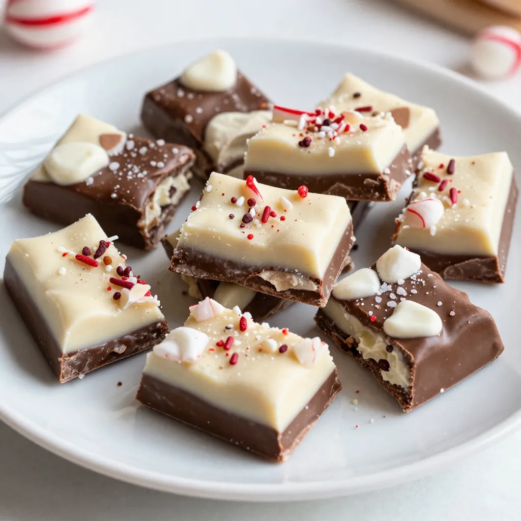 - 12 oz semi-sweet chocolate chips - 12 oz white chocolate chips - 1 tsp peppermint extract - 1 cup crushed peppermint candies (or candy canes) - Pinch of sea salt (optional) I recommend using a kitchen scale for accuracy. One cup of crushed candies weighs about 120 grams. Each type of chocolate is 340 grams, which is 12 oz. If you have a measuring cup, use it for the chocolate chips. If you want to switch things up, here are some ideas: - Use milk chocolate chips instead of semi-sweet. - Swap white chocolate for yogurt-covered chips for a fun twist. - You can use crushed walnuts or almonds instead of peppermint candies for crunch. - If you don't have peppermint extract, try vanilla for a different flavor. {{ingredient_image_1}} To start, grab a 9x9 inch baking dish. Line it with parchment paper. Leave some overhang on the sides. This helps you lift the bark out later. Make sure the paper is flat against the dish. This is key for a smooth finish. Next, melt the semi-sweet chocolate chips. Use a microwave-safe bowl. Heat them in 30-second intervals. Stir the chocolate in between. This keeps it from burning. Once melted and smooth, pour it into your baking dish. Spread it evenly across the bottom. Place the dish in the fridge for about 15 minutes. This allows the chocolate to set. Now, let's melt the white chocolate chips. Use another microwave-safe bowl. Again, heat in 30-second intervals, stirring each time. Once melted, add 1 teaspoon of peppermint extract. Stir well to mix in the flavor. Take the dish out of the fridge. Pour the melted white chocolate over the semi-sweet layer. Spread it evenly with a spatula. While it's still warm, sprinkle 1 cup of crushed peppermint candies on top. Press down lightly to help them stick. If you like, add a pinch of sea salt for extra taste. Refrigerate the whole dish for about 30 minutes. This helps it set completely. When it's firm, lift the bark out using the parchment paper. Break it into pieces with your hands or a knife. Enjoy your delicious peppermint bark! To get a smooth chocolate finish, melt your chocolate slowly. Use a microwave-safe bowl. Heat it in 30-second bursts. Stir often until it is silky. If you pour too soon, the chocolate may clump. A smooth layer is key to great peppermint bark. To ensure even flavor, mix the peppermint extract well into the white chocolate. Pour it over the semi-sweet layer while it is still warm. This helps the flavors blend nicely. When you sprinkle the crushed peppermint, press them in gently. This step helps spread the peppermint flavor throughout each bite. For a stunning display, cut the peppermint bark into uniform pieces. Use a sharp knife for clean edges. Arrange the pieces on a festive platter. Add whole peppermint candies or mint leaves for color. This simple touch makes it look more inviting and festive. Pro Tips Use High-Quality Chocolate: For the best flavor and texture, choose high-quality chocolate chips. This will make a significant difference in the final taste of your peppermint bark. Experiment with Flavors: Feel free to add a dash of food coloring to the white chocolate or try other extracts like vanilla or almond for a unique twist on the classic peppermint flavor. Layering Technique: Ensure that each chocolate layer is fully set before adding the next. This prevents the layers from mixing and keeps your bark looking polished and professional. Storage Tips: Store your peppermint bark in an airtight container at room temperature for up to two weeks. For longer storage, keep it in the refrigerator. {{image_2}} You can switch up the chocolate in your peppermint bark. Try dark chocolate for a richer taste. You can also use milk chocolate for a creamier texture. Each chocolate type adds its own charm. Mixing semi-sweet and white chocolate creates a lovely contrast. Experiment with flavored chocolates, like orange or hazelnut, for fun twists. Adding flavors makes your peppermint bark even better. Mix in a splash of vanilla extract for warmth. You can also use almond extract for a nutty touch. If you love spice, try a hint of cinnamon or nutmeg. These flavors pair well with peppermint and chocolate. Just remember to keep the balance so none overpowers the others. Make your peppermint bark more festive with seasonal items. Add dried cranberries or raisins for a pop of color. Chopped nuts like almonds or pecans add crunch and flavor. You can even top it with festive sprinkles for a fun look. These little touches make your treat stand out during the holidays. Store your peppermint bark in a cool, dry place. Use an airtight container to keep it safe. This helps prevent it from absorbing other smells. You can layer the bark pieces with parchment paper to avoid sticking. Peppermint bark lasts about two weeks at room temperature. If you want to keep it longer, freezing is a great option. Wrap the bark tightly in plastic wrap or foil first. Then, place it in a freezer-safe bag. It can last up to three months in the freezer. To keep peppermint bark fresh, avoid heat and moisture. Check your storage area for any heat sources. When ready to eat, let it sit at room temperature for a few minutes before enjoying. This helps the chocolate soften slightly for the best taste. You can make peppermint bark without chocolate by using white chocolate only. Simply melt the white chocolate chips. Pour the melted chocolate into a lined dish. Then, sprinkle crushed peppermint candies on top. Let it set in the fridge. This gives you a sweet and minty treat without any dark or milk chocolate. Yes, you can use mint extract instead of peppermint extract. However, mint extract has a different taste. It is stronger and less sweet than peppermint. If you choose to use mint, start with half the amount. Taste the mixture before adding more. This way, you can control the flavor of your peppermint bark. The best way to break peppermint bark is to let it cool completely first. Once set, lift the bark out of the dish using the parchment paper. Place it on a cutting board. Use your hands to break it into pieces. For more uniform pieces, use a sharp knife. Cut through the bark gently for clean edges. You learned how to make tasty peppermint bark. We covered ingredients, measurements, and substitutions. I provided steps for preparing your dish, melting chocolate, and layering. Helpful tips ensured a smooth finish and great flavor. We also explored variations and storage best practices. Enjoy your peppermint bark creation, knowing you have all the tools to make it perfect. Remember, keep it fresh for lasting joy!