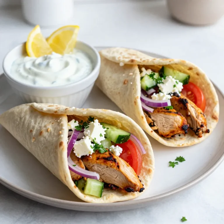 - Main Ingredients: - 1 lb chicken breast, thinly sliced - 1 cup Greek yogurt - 4 large pita breads - Marinade Ingredients: - 2 cloves garlic, minced - 1 tablespoon lemon juice - 1 tablespoon olive oil - 1 teaspoon dried oregano - 1 teaspoon ground cumin - Salt and pepper to taste - Toppings and Fillings: - 1 cup cucumber, diced - 1 cup tomatoes, diced - ½ red onion, thinly sliced - ¼ cup fresh parsley, chopped - ¼ cup feta cheese, crumbled Gather these ingredients to create a tasty and flavorful meal. Each item plays a role in building layers of taste. The chicken breast serves as the main protein. Greek yogurt adds creaminess and tang. Pita bread wraps everything up neatly. The marinade is key to great flavor. Garlic, lemon juice, and olive oil work together to tenderize the chicken. Oregano and cumin bring warmth and depth. A pinch of salt and pepper helps enhance all the flavors. For toppings, fresh veggies bring crunch and color. Cucumbers add a refreshing bite, while tomatoes provide sweetness. Red onions give a slight sharpness. Parsley brightens the dish, and feta cheese adds a salty richness. With these ingredients, you are ready to make a delicious Greek chicken gyro wrap. Enjoy the process as you mix and prepare each part! {{ingredient_image_1}} To make the marinade, you need to mix several tasty ingredients. In a bowl, combine: - 1 cup Greek yogurt - 2 cloves garlic, minced - 1 tablespoon lemon juice - 1 tablespoon olive oil - 1 teaspoon dried oregano - 1 teaspoon ground cumin - Salt and pepper to taste Stir well until everything is blended. This marinade will make your chicken flavorful. Next, add the thinly sliced chicken breast to the bowl. Mix it well so every piece is coated. Cover the bowl and place it in the fridge for at least 30 minutes. This allows the chicken to soak up all the delicious flavors. When you are ready to cook, preheat your grill or skillet over medium-high heat. Take the marinated chicken out of the fridge. Remove any extra marinade that clings to the chicken. Grill the chicken for about 6-7 minutes per side. You want it to be golden brown and fully cooked. Use a meat thermometer if you have one; the chicken should reach 165°F. After cooking, let the chicken rest for a few minutes. Then, slice it into bite-sized pieces for the wrap. Now comes the fun part: assembling your gyro wraps! Start with a large pita bread. Place some grilled chicken in the center. Then layer on your fresh veggie mix, which includes diced cucumber, tomatoes, red onion, chopped parsley, and crumbled feta cheese. Don’t be shy; add as much as you like! To eat it easily, fold the pita in half. You can also wrap it like a burrito. This keeps all the tasty fillings inside. Serve the wraps right away for the best taste! Marinating your chicken is key to great taste. I suggest marinating for at least 30 minutes. This time allows the spices to soak into the chicken. If you want a fresher taste, try using fresh herbs instead of dried ones. Fresh oregano or parsley gives a bright flavor. You can also add lemon zest for a zesty kick. Grill your chicken on medium-high heat. This temperature helps to get a nice sear. Avoid cooking it too fast, as this can dry out the meat. To check if your chicken is done, use a meat thermometer. It should read 165°F. Letting the chicken rest for a few minutes helps keep it juicy. Serving your gyros in a fun way makes them more appealing. You can stack the wraps on a large platter. Drape a cloth over it for a rustic look. Adding extra tzatziki on the side makes it special. Garnish with lemon wedges and fresh parsley for color. These little touches impress your friends and family. Pro Tips Marinate Longer for Flavor: For even more intense flavor, marinate the chicken for 2-4 hours or overnight if possible. This will enhance the taste and tenderness of the meat. Use Fresh Herbs: Fresh oregano and parsley can significantly elevate the dish's flavor compared to dried herbs. If available, opt for fresh ingredients for the best results. Grill for Best Texture: Grilling the chicken adds a delicious smoky flavor and creates a nice char. If you don’t have a grill, a cast-iron skillet can work well too. Customize Your Toppings: Feel free to add your favorite toppings such as olives, bell peppers, or even a drizzle of tahini for a unique twist on this classic wrap. {{image_2}} You can easily switch the chicken for lamb or beef. Lamb gyros add a rich flavor. Beef also works well, giving a heartier bite. For a vegetarian option, use grilled mushrooms or spiced chickpeas. These substitutes keep the dish tasty and satisfying. Feel free to customize your gyros with various vegetables. Try adding bell peppers, spinach, or pickled veggies for crunch. You can also choose different cheese options. A sprinkle of goat cheese or even a dairy-free cheese can change the flavor. Mix and match to find your favorite combo! If you like heat, add some spices to the marinade. A pinch of cayenne or red pepper flakes can give your gyros a kick. For milder flavors, stick to just salt and pepper. Adjust the seasoning to fit your taste buds. Everyone can enjoy a gyro their way! To keep your Greek chicken gyros fresh, follow these tips: - Wrap each gyro in plastic wrap or foil. This helps prevent them from drying out. - Store in the fridge for up to three days. This keeps flavors intact and safe to eat. - Store grilled chicken separately in an airtight container. This extends its life and maintains moisture. When you’re ready to enjoy leftovers, here are the best methods: - Use a skillet over medium heat. This warms the gyros without making them tough. - Microwave for 30 seconds, then check. Repeat until warm, but avoid overheating. - Eat within three days for the best taste and texture. Always check for freshness before eating. Gyros has roots in Greek cuisine. It comes from the word "gyros," which means "turn." This refers to the way meat cooks on a vertical rotisserie. Gyros dates back to the 1920s. It gained popularity in Greece after immigrants brought it from the Middle East. Traditionally, gyros uses pork, but chicken is now common. The dish is often served in pita bread with fresh toppings. Yes, you can prepare gyros ahead of time. Marinate the chicken a day before. This allows the flavors to blend well. You can also chop veggies and store them in the fridge. Just keep the pita bread separate until you serve. This way, the wraps stay fresh and soft. Pair your gyros with tasty sides. Here are some ideas: - Greek salad with cucumbers, tomatoes, and olives - Crispy roasted potatoes with herbs - Tzatziki sauce for dipping - Grilled veggies for added flavor These sides enhance the meal and make it more filling. Enjoy your gyros with friends and family for a fun gathering! This blog covered how to make Greek chicken gyros. We explored the key ingredients, like chicken, Greek yogurt, and fresh veggies. I shared steps for marinating and cooking chicken, plus assembling tasty wraps. You learned helpful tips for flavor and perfect grilling. We also looked at variations like plant-based options and different toppings. Lastly, I included storage tips for leftovers. Now, try making your own gyros at home. You'll enjoy the process and the delicious results!