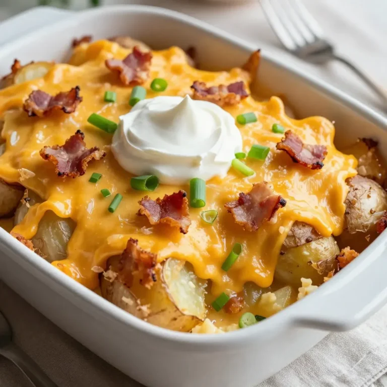 - 4 large russet potatoes, scrubbed and diced - 1 cup sour cream - 1 cup cheddar cheese, shredded - 1/2 cup cream cheese, softened - 1/4 cup green onions, chopped - 1/2 cup cooked and crumbled turkey bacon - 1 teaspoon garlic powder - 1 teaspoon onion powder - Salt and pepper to taste - 1/2 cup milk - 1 tablespoon olive oil - Additional cheddar cheese for topping - Extra green onions for garnish The heart of this Loaded Baked Potato Casserole lies in its simple yet rich ingredients. Start with four large russet potatoes. These potatoes are perfect for a fluffy, hearty base. Scrub them well, then dice them into even pieces. This ensures they cook evenly. Next, the creamy blend of sour cream and cream cheese adds a delightful tang. The sour cream gives it a nice zesty flavor, while the cream cheese brings in creaminess. You’ll want one cup of each. Cheddar cheese is a must-have for that classic baked potato taste. Use one cup of shredded cheddar and save some for topping. This cheese melts beautifully and makes the casserole ooey-gooey. For a touch of freshness and crunch, add a quarter cup of chopped green onions. They add a nice burst of flavor. Don't forget about the bacon! Half a cup of cooked and crumbled turkey bacon gives a savory twist. If you prefer a vegetarian option, substitute it with vegetable bacon. Now, let's spice it up! One teaspoon of garlic powder and one teaspoon of onion powder enhance the flavors. Salt and pepper will help to balance everything out. For added creaminess, include half a cup of milk. And a tablespoon of olive oil will keep things moist and flavorful. Finally, a sprinkle of extra cheddar cheese and more green onions on top turns this dish into a feast for the eyes. {{ingredient_image_1}} - Preheat your oven to 400°F (200°C). - In a large pot, boil salted water. Cook the diced potatoes for about 10-15 minutes, or until they are fork-tender. Then, drain the potatoes and set them aside. - In a large bowl, combine 1 cup of sour cream, 1/2 cup of softened cream cheese, and 1/2 cup of milk. Mix well until smooth. - Next, add 1 cup of shredded cheddar cheese, 1 teaspoon of garlic powder, 1 teaspoon of onion powder, salt, and pepper. Stir in most of the chopped green onions, saving some for later. - Carefully fold the cooked potatoes and crumbled turkey bacon into the mixture, coating them evenly. - Lightly grease a baking dish with 1 tablespoon of olive oil. Spoon the potato mixture into the dish and spread it out evenly. - Sprinkle additional cheddar cheese on top of the mixture. - Cover the dish with aluminum foil and bake for 25 minutes. - After that, uncover the dish and bake for another 15-20 minutes, until the top is bubbly and golden brown. - Once done, let it cool for a few minutes before serving. Garnish with the reserved green onions. - Ensure potatoes are fork-tender before mixing. This step helps them blend well with the other ingredients. If they are not tender, the casserole may end up chunky instead of creamy. - Use a mix of cheeses for added flavor. Cheddar is great, but adding mozzarella or pepper jack can make it even better. Mixing cheeses creates a richer taste. - Serve hot with a dollop of sour cream. This adds a cool and creamy contrast to the warm casserole. - Garnish plates with green onions. They add a nice crunch and a burst of color to the dish. - Allow to cool slightly before serving. This helps the casserole set and makes it easier to serve. - Bake until bubbly for best results. A golden top shows that your casserole is ready and adds a tasty crunch. Pro Tips Choose the Right Potatoes: Use russet potatoes for a fluffy texture, but Yukon Golds can also work well for creaminess. Mix Cheeses: For an extra cheesy flavor, consider blending different types of cheese such as Monterey Jack or Gouda with the cheddar. Customize Your Toppings: Feel free to add your favorite toppings like jalapeños, olives, or even a drizzle of ranch dressing before serving. Make It Ahead: Prepare the casserole a day in advance and refrigerate. Just add a few extra minutes to the baking time when you're ready to serve. {{image_2}} You can make this dish vegetarian-friendly. Instead of using turkey bacon, you can try vegetable bacon. It tastes great and still gives that smoky flavor. You can also add some veggies like broccoli or bell peppers. These add color, texture, and nutrients to your casserole. Feel free to play around with toppings. You can use other cheeses, like mozzarella, for a different taste. Mozzarella melts nicely and adds a gooey texture. Another fun idea is to add a layer of breadcrumbs on top. This gives your casserole a nice crunch. If you like heat, you can add jalapeños or spicy cheese. This will give your dish a kick! You can also mix in spices like paprika or cayenne. These spices can enhance the flavor and make your casserole more exciting. After enjoying your loaded baked potato casserole, store any leftovers in an airtight container. This keeps the flavors fresh. You can keep it in the fridge for up to 3-5 days. It’s best to let it cool before sealing. This way, you avoid extra moisture in the container. You can freeze your casserole for later. Freeze it before baking for best results. You can also freeze it after it’s fully cooked. Use freezer-safe containers to keep it fresh. Make sure to label the containers with the date. This helps you keep track of how long it's been frozen. To enjoy that crispy texture, reheat the casserole in the oven. Set the oven to 350°F (175°C) and heat until warm throughout. This method keeps the top nice and crunchy. If you need a quick option, use a microwave. Just heat it in short bursts, checking often to avoid overheating. It takes about 60 minutes to make this dish. You need 15 minutes to prep and 45 minutes to cook. The prep includes washing and chopping potatoes and mixing ingredients. The cooking part involves baking until golden brown and bubbly. Yes, you can prepare this casserole ahead of time. Make it up to a day in advance. Just follow the recipe until the baking step. Cover it tightly and store it in the fridge. When ready to bake, take it out and let it sit for a bit. Then, bake it as directed. This casserole pairs well with many dishes. You can serve it with a fresh salad or steamed veggies. Grilled chicken or steak also makes a great side. Don't forget some bread rolls for a complete meal! Adjusting the recipe is simple. If you need more servings, double the ingredients. If you want fewer servings, cut the amounts in half. Keep the cooking time the same, but check for doneness. You want that top to be golden and bubbly. This Loaded Baked Potato Casserole is simple and tasty. We started with russet potatoes, sour cream, and cheese, mixing them well. I shared extra tips to make your dish perfect, like letting it cool a bit before serving. You can customize it with different toppings and flavors too. Store leftovers easily, and reheat for a quick meal. Enjoy this dish at your next gathering; it’s sure to be a hit!