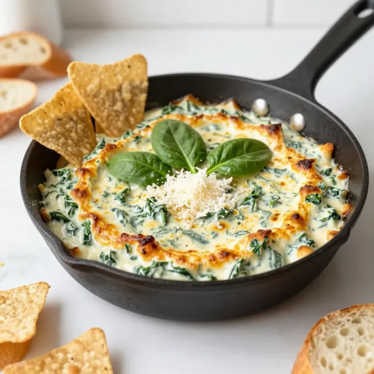 The key to a great Cheesy Spinach Artichoke Dip Skillet lies in its fresh ingredients. Here’s what you need: - 1 cup fresh spinach, chopped - 1 cup artichoke hearts, drained and chopped - 1 cup cream cheese, softened - 1/2 cup sour cream - 1 cup shredded mozzarella cheese - 1/2 cup grated Parmesan cheese - 2 cloves garlic, minced - 1 teaspoon onion powder - 1/2 teaspoon red pepper flakes (optional) - Salt and pepper to taste - Tortilla chips or sliced baguette for serving Fresh spinach gives this dip a bright flavor and nice texture. Artichoke hearts add a unique taste that pairs well with cheese. Cream cheese and sour cream create a rich base that is creamy and smooth. Mozzarella and Parmesan cheeses melt beautifully, giving that gooey, cheesy goodness we love. Garlic and seasonings are essential for a burst of flavor. The onion powder and red pepper flakes, if you use them, add depth and a slight kick. Adjust salt and pepper to suit your taste. For serving, have some crispy tortilla chips or sliced baguette ready. They make the perfect vehicle for scooping up this delicious dip. Enjoy every bite! {{ingredient_image_1}} Start by preheating your oven to 350°F (175°C). This helps the dip cook evenly and get bubbly. In a large skillet, add one cup of chopped spinach and two minced garlic cloves. Heat over medium heat. Sauté for about 2-3 minutes. You want the spinach to wilt down and the garlic to soften. The aroma will fill your kitchen, and it smells amazing! In a mixing bowl, combine one cup of softened cream cheese, half a cup of sour cream, and one teaspoon of onion powder. If you like a little heat, add half a teaspoon of red pepper flakes. Mix well until it's smooth. Then, add the sautéed spinach and artichokes. Stir until everything is mixed evenly. Fold in one cup of shredded mozzarella cheese and half a cup of grated Parmesan cheese. Ensure the cheese is well distributed. Spread the mixture evenly in the skillet. Smooth the top with a spatula. Bake it in the oven for 20-25 minutes. Watch for the top to turn bubbly and golden brown. Once out of the oven, let it cool for a few minutes. Serve it warm directly from the skillet for a fun touch. Garnish with extra Parmesan cheese and a few fresh spinach leaves. Pair it with colorful tortilla chips or slices of baguette. Enjoy this delightful dip with friends and family! To get your dip extra creamy, use room-temperature cream cheese. This helps it blend easily. You can also add more sour cream. This gives a nice tang and rich texture. Mix everything well to avoid lumps. If you want more creaminess, stir in a bit of heavy cream. This little trick can make your dip smooth and dreamy. Seasoning is key to a great dip. Use fresh garlic for a bold taste. If you want more flavor, add a pinch of smoked paprika. It adds depth without being too spicy. Try to taste your dip as you mix. Adjust salt and pepper to your liking. If you love heat, don't skip the red pepper flakes. Just remember, a little goes a long way! Serving is half the fun! Keep the dip in the skillet for a rustic look. Sprinkle extra Parmesan on top for a cheesy finish. Add fresh spinach leaves for color. Pair it with colorful tortilla chips or slices of baguette. This not only looks great but also adds texture. Your guests will love the presentation as much as the taste! Pro Tips Use Fresh Ingredients: Fresh spinach and artichoke hearts will enhance the flavor of the dip significantly. Opt for frozen if fresh isn't available, but ensure they are properly thawed and drained. Adjust the Spice Level: If you prefer a milder dip, omit the red pepper flakes. For an extra kick, consider adding a dash of hot sauce or more red pepper flakes to taste. Mix Cheeses for Depth: Experiment with different cheese combinations, such as adding cream cheese or Gouda for a unique flavor profile. Just ensure the total cheese quantity remains the same. Serve Warm: This dip is best served warm and bubbly. If it cools down, reheat briefly in the oven or microwave before serving to maintain its creamy texture. {{image_2}} You can boost flavor by adding more cheeses. Creamy cheese blends work best. Try adding cheddar for a sharp kick or gouda for a smoky touch. Each cheese melts well and brings its unique taste. Mixing cheeses creates a rich dip that everyone will love. Want a lighter dip? Use Greek yogurt instead of sour cream. It adds protein and cuts calories. You can also swap cream cheese for cottage cheese. This change keeps the dip creamy while reducing fat. Add more spinach to increase nutrients without losing flavor. For extra flavor, mix in herbs like basil or thyme. They add freshness and depth. You can also add sun-dried tomatoes for a sweet and tangy taste. If you like heat, try adding jalapeños or more red pepper flakes. These small tweaks can greatly enhance your dip. You can keep leftover cheesy spinach artichoke dip in the fridge. Use an airtight container. It stays fresh for about three days. Make sure it cools before sealing. This way, it won’t get soggy. When you want to enjoy it again, just take it out and enjoy! You can also freeze this dip for later. Place it in a freezer-safe container. It lasts for up to three months in the freezer. Remember to leave space at the top. This helps with expansion when it freezes. For best results, thaw it in the fridge before reheating. To reheat, place the dip in an oven-safe dish. Preheat your oven to 350°F (175°C). Bake for about 15-20 minutes. Stir halfway through to heat evenly. You can also microwave it. Heat in short bursts, stirring in between. This keeps it creamy and tasty. Enjoy your dip warm and bubbly! Yes, you can make this dip ahead. Mix all ingredients and place in the skillet. Cover it and store it in the fridge. When ready, just bake it. It will taste great even if made a day ahead. You have many tasty choices! Here are some fun ideas: - Tortilla chips - Sliced baguette - Pita chips - Fresh vegetable sticks - Crackers These pair well with the creamy dip and add crunch. Yes, you can use frozen spinach. Make sure to thaw and drain it well. Squeeze out excess water. This way, your dip won’t be watery. The flavor will still be delicious! Want a kick? Add more red pepper flakes. Start with one teaspoon and taste. You can also add a diced jalapeño for heat. Mix it right in before baking. Enjoy the spicy flavor! In this post, we explored how to make a delicious Cheesy Spinach Artichoke Dip. We covered the key ingredients and provided step-by-step instructions for preparation and baking. I shared tips for making it creamier and enhancing flavors. You also learned variations to suit your taste, storage options, and answers to common questions. This dip is easy and fun to make, perfect for any gathering. Try it out and enjoy the rich flavors with your favorite snacks. You won’t be disappointed!