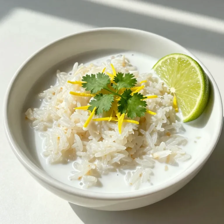 - 1 cup jasmine rice - 1 can (13.5 oz) coconut milk - 1 cup water - Zest of 1 lime - 2 tablespoons fresh lime juice - 1 tablespoon sugar (optional) - 1/2 teaspoon salt - Fresh cilantro for garnish - Lime wedges for serving I love using jasmine rice for this dish. It has a lovely aroma and texture. You will want to rinse it well under cold water. This step removes excess starch and prevents clumping. Coconut milk is the star here. It gives the rice a rich, creamy flavor. You can use canned coconut milk or fresh if you prefer. The zest of the lime adds a fresh and zesty note. This makes the dish bright and flavorful. Adding lime juice brings a tangy taste that balances the creaminess. If you like a bit of sweetness, you can add sugar. It’s optional but can enhance the flavors. Don’t forget the salt. It helps bring out all the tastes. Fresh cilantro adds a nice pop of color and flavor at the end. Lime wedges on the side are great for an extra squeeze of brightness. Gather these simple ingredients, and you are ready to make a delightful dish! {{ingredient_image_1}} - First, rinse the jasmine rice under cold water. This helps remove excess starch. Keep rinsing until the water runs clear. - Next, combine the rinsed rice, coconut milk, water, lime zest, sugar (if you want some sweetness), and salt in a medium saucepan. Stir it all together well. - Now, bring the mixture to a gentle boil over medium-high heat. - Once it boils, reduce the heat to low. Cover the saucepan with a lid and let it simmer. Cook for about 15 to 20 minutes until the rice absorbs most of the liquid and feels tender. - When the rice is done cooking, remove the saucepan from the heat. Let it sit, covered, for another 5 to 10 minutes. This step will help the rice steam and get fluffy. - After resting, carefully remove the lid. Use a fork to fluff the rice gently. Drizzle fresh lime juice over the rice. Mix it in to spread the flavor evenly. - Finally, transfer the rice to a serving bowl. Sprinkle fresh cilantro on top to garnish. Serve with lime wedges on the side for extra zing! Using jasmine rice is key for this dish. Its soft texture and sweet flavor match well with coconut and lime. Jasmine rice soaks up the coconut milk, making it rich and creamy. If you don't have jasmine rice, try basmati or long-grain rice. Both can work, but may change the texture a bit. You can adjust the sweetness by adding sugar. Adding one tablespoon gives a nice balance to the lime's tartness. If you want more flavor, consider adding a pinch of garlic powder or a hint of ginger. These spices can lift the dish even more. Fresh herbs like cilantro or mint can also add brightness to the rice. When serving, place the rice in a nice bowl. Use a fork to fluff it up for a light look. Garnish with fresh cilantro on top. Lime wedges on the side add color and give guests a chance to add more flavor. This rice pairs well with grilled chicken, fish, or stir-fried veggies. Enjoy! Pro Tips Perfect Rice Texture: Ensure that you rinse the rice thoroughly to remove excess starch, which can make the rice gummy instead of fluffy. Enhance Coconut Flavor: For a richer coconut flavor, consider using full-fat coconut milk instead of light coconut milk. Fresh Lime Juice: Always use fresh lime juice for the best flavor. Bottled lime juice can lack the brightness of fresh juice. Rest for Fluffiness: Allowing the rice to sit covered after cooking helps it to steam and fluff up nicely, enhancing the texture. {{image_2}} You can add more colors and flavors to your coconut lime rice. Try mixing in some peas or diced bell peppers. Both add nice texture and taste. Peas bring a sweet pop, while bell peppers add crunch. You can also mix in fresh herbs like parsley or basil. This makes the dish even more fresh and vibrant. If you like heat, try a spicy twist! Add sliced jalapeños or your favorite chili. This will give your rice a nice kick. You can also use spicy coconut milk to amp up the flavor. It adds warmth and depth that balances the tangy lime. Want a different grain? Substitute quinoa for the rice. Quinoa cooks similarly but has a nutty flavor. Rinse 1 cup of quinoa under cold water before cooking. Use the same method as rice: combine quinoa, coconut milk, water, lime zest, lime juice, and salt. Bring it to a boil, then simmer until fluffy. This is a great gluten-free option that still tastes amazing! To store leftover rice, let it cool first. Place it in an airtight container. This helps keep it fresh. You can store it in the fridge for up to four days. If you use a glass container, it works well. Plastic containers also work but may retain smells. Make sure the lid fits tightly. When you reheat coconut lime rice, use low heat. You can add a splash of water or coconut milk. This helps keep the rice moist. Stir gently while reheating to avoid clumping. You can use the microwave or stove. If using the microwave, cover it loosely with a lid. To freeze coconut lime rice, let it cool completely. Portion the rice into freezer bags. Squeeze out excess air before sealing. You can freeze it for up to three months. For thawing, place it in the fridge overnight. You can also use the microwave to thaw quickly. Just remember to add a little water while reheating to keep the rice fluffy. Making Coconut Lime Rice is quick and easy. It takes about 10 minutes to prep. The total cooking time is around 20 minutes. So, in just 30 minutes, you will have a tasty side dish ready to serve. Yes, you can use brown rice, but it needs some changes. Brown rice takes longer to cook. You should increase the cooking time to about 40-45 minutes. Also, use 1 1/4 cups of water instead of 1 cup. This will help the rice cook well and stay moist. To make Coconut Lime Rice vegan, check your coconut milk. Make sure it has no animal ingredients. The lime juice, zest, and cilantro are already vegan. If you use sugar, choose organic sugar. Some sugar brands use bone char in their process, so it's best to check. Enjoy your vegan Coconut Lime Rice! Coconut lime rice is simple and tasty. You learned how to make it using jasmine rice, coconut milk, and fresh lime juice. I shared tips for flavor and presentation. You can even mix in veggies or spice it up! Remember, storing and reheating properly keeps the rice fresh. Now, get creative in the kitchen with these ideas. Enjoy your coconut lime rice with your favorite dishes!