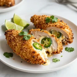 - 4 boneless, skinless chicken breasts - 1 cup cream cheese, softened - 1 cup shredded sharp cheddar cheese - 2 fresh jalapeños, finely chopped (seeds removed for milder flavor) - 1/4 cup fresh cilantro, chopped - 1 tsp garlic powder - 1 tsp onion powder - 1/2 tsp smoked paprika - Salt and pepper to taste - 1 cup breadcrumbs (for coating) - 2 tbsp olive oil When selecting ingredients, freshness matters. Choose chicken breasts that are pink and firm. Look for cream cheese that is smooth and creamy. For jalapeños, pick ones that are bright green and firm. Fresh cilantro should smell strong and fragrant. If you prefer a milder flavor, you can use fewer jalapeños. Cream cheese can be switched with Greek yogurt for a lighter option. You can also swap out cheddar for mozzarella if you want a different taste. Using fresh ingredients elevates the dish. The right choices make your Jalapeño Popper Stuffed Chicken a true delight. Enjoy exploring these options as you create your meal! {{ingredient_image_1}} 1. Preheat the oven and prepare the workspace. Start by preheating your oven to 375°F (190°C). This step helps cook the chicken evenly. Next, clear a clean space on your counter. Gather all your tools and ingredients. 2. Mixing the stuffing ingredients. In a mixing bowl, combine: - 1 cup cream cheese, softened - 1 cup shredded sharp cheddar cheese - 2 fresh jalapeños, finely chopped (remove seeds for less heat) - 1/4 cup fresh cilantro, chopped - 1 tsp garlic powder - 1 tsp onion powder - 1/2 tsp smoked paprika - Salt and pepper to taste Mix well until everything is smooth and creamy. The flavors meld together nicely, creating a tasty filling. 3. How to create pockets in the chicken breasts. Take your four boneless, skinless chicken breasts. Use a sharp knife to slice each one horizontally. Be careful not to cut all the way through. You want to create a pocket for the stuffing. This pocket holds all the fun flavors inside. 1. Searing the stuffed chicken. Heat 2 tablespoons of olive oil in an oven-safe skillet over medium-high heat. Once hot, add the stuffed chicken breasts. Sear for 3-4 minutes on each side. Look for a nice golden brown color. This step locks in flavor and adds a crispy texture. 2. Tips for achieving the perfect golden crust. Avoid moving the chicken too much while it cooks. Let it sear undisturbed until it's golden. If the chicken sticks to the pan, it’s not ready to flip. Once you flip it, repeat the searing on the other side. 3. Baking the chicken to the correct internal temperature. After searing, transfer the skillet to your preheated oven. Bake the chicken for 20-25 minutes. Use a meat thermometer to check the internal temperature. It should reach 165°F (75°C) for safe eating. Let it rest for 5 minutes after baking. This allows the juices to redistribute, making each bite juicy and flavorful. When making Jalapeño Popper Stuffed Chicken, avoid common mistakes. One big mistake is overfilling the chicken pockets. This can cause the filling to spill out during cooking. Always leave a bit of space when stuffing. Next, use the right tools. A sharp knife helps you create perfect pockets. A mixing bowl for your stuffing is essential. A good skillet ensures even cooking. Use a meat thermometer to check the chicken’s doneness. To make sure your stuffing is full of flavor, mix fresh ingredients well. Chop jalapeños finely and blend them with the cream cheese and cheeses. This helps every bite taste great. Also, season the chicken with salt and pepper before stuffing. This adds more flavor. For a beautiful presentation, slice each stuffed chicken breast into medallions. Arrange them on a large platter. Garnish with fresh cilantro for color and flavor. Serve lime wedges alongside for a zesty touch. Pair this dish with sides like rice or a fresh salad. A crisp green salad balances the rich flavors of the chicken. For drinks, try a light beer or a refreshing lemonade. Both complement the spicy notes of the jalapeños. Garnishing can enhance visual appeal. Consider adding sliced jalapeños or a sprinkle of smoked paprika on top. A drizzle of sour cream can also add a nice finish. Pro Tips Choose the Right Chicken Breasts: Opt for thicker chicken breasts to ensure they hold the stuffing well and cook evenly. Customize the Heat Level: For a milder version, remove all seeds from the jalapeños. For extra heat, leave some seeds in or add a pinch of cayenne pepper to the stuffing. Breadcrumb Alternatives: For a gluten-free option, use crushed gluten-free crackers or almond flour in place of traditional breadcrumbs. Resting Time Matters: Always let the chicken rest for 5 minutes after baking to help the juices redistribute, ensuring every bite is tender and juicy. {{image_2}} You can change the ingredients in many fun ways. For a low-carb option, try using cauliflower instead of breadcrumbs. This keeps the dish tasty without the extra carbs. Want to add more flavor? Toss in crispy bacon bits. You can also mix different cheeses, like pepper jack or gouda, for a twist. If you prefer a vegan version, swap the chicken with portobello mushrooms. Use a vegan cream cheese for the stuffing to keep it plant-based. You have options when it comes to cooking methods. Grilling gives the chicken a nice smoky flavor. If you choose to grill, preheat the grill to medium-high heat. Grill each side for about 6-7 minutes until cooked through. For a slow cooker, prepare the chicken as normal, then place it in the cooker. Cook on low for 4-5 hours or high for 2-3 hours. This method keeps the chicken juicy and tender. An air fryer is another great option. Preheat the air fryer to 375°F (190°C). Cook the stuffed chicken for about 15-18 minutes, flipping halfway through. This method results in a crispy outside while keeping the inside moist. To keep your Jalapeño Popper Stuffed Chicken fresh, let it cool first. Place leftovers in an airtight container. This method helps seal in moisture and flavor. Fridge Storage: Store in the fridge for up to 3 days. Freezer Storage: For longer storage, freeze it. Wrap each chicken breast in plastic wrap, then place in a freezer bag. It stays good for about 2 months. When reheating, keep the chicken moist. Use an oven or stovetop for best results. Oven Method: Preheat to 350°F (175°C). Place chicken in a baking dish, cover with foil, and heat for about 15-20 minutes. Stovetop Method: Heat a skillet over medium heat. Add a splash of water or broth. Cover and cook for 5-7 minutes. This method helps keep the chicken juicy. To bring back the flavors, add fresh cilantro or a squeeze of lime juice after reheating. Enjoy your meal just as tasty as the first time! How can I make Jalapeño Popper Stuffed Chicken ahead of time? You can prepare the stuffed chicken and store it in the fridge. Just wrap it well in plastic wrap or foil. This keeps it fresh for up to 24 hours. When ready to cook, simply bake it straight from the fridge. Can I use frozen chicken for this recipe? Yes, you can use frozen chicken breasts. Just make sure to thaw them completely before preparing. This helps the chicken cook evenly and ensures the stuffing warms through. What is the best way to tell when the chicken is fully cooked? The best way is to use a meat thermometer. Insert it into the thickest part of the chicken. Make sure it reaches 165°F (75°C) to ensure it is safe to eat. Can I make the stuffing without cream cheese? Yes! You can use Greek yogurt or ricotta cheese instead. Both will give a nice creamy texture while adding a bit of tang. What's the difference between fresh and dried jalapeños? Fresh jalapeños are crunchy and bright. They have a sharp, fresh taste. Dried jalapeños, like chipotles, are smokier and less spicy. Use fresh for crunch and dried for depth. Can I add more spice to the stuffing? Absolutely! You can add more jalapeños, or include cayenne pepper or hot sauce. This will give your dish an extra kick. How can I adjust the recipe for fewer servings? To make fewer servings, simply reduce the number of chicken breasts and cut the other ingredients in half. This keeps the flavors balanced and still delicious. In this post, we've covered how to make stuffed chicken, from choosing fresh ingredients to cooking methods. Each step is key to getting tasty results. Remember to avoid common mistakes to achieve a great dish. You can experiment with variations, like low-carb or vegan options. Proper storage helps keep leftovers fresh. Use these tips to impress at your next meal. Cooking can be fun and rewarding. With practice, you'll make delicious stuffed chicken every time you try.
