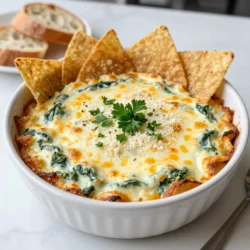 To make this tasty dip, gather these simple ingredients: - 1 cup frozen spinach, thawed and drained - 1 cup canned artichoke hearts, drained and chopped - 1 cup cream cheese, softened - &frac12; cup sour cream - &frac12; cup mayonnaise - 1 cup shredded mozzarella cheese - &frac12; cup grated Parmesan cheese - 2 cloves garlic, minced - &frac14; teaspoon red pepper flakes (optional) - Salt and pepper to taste - Tortilla chips or sliced baguette, for serving These ingredients combine to create a creamy and cheesy delight. The artichokes offer a subtle tang, while the spinach adds color and nutrition. You can customize your dip by adding a few extras. Try: - Cooked and crumbled bacon for added crunch - Chopped jalape&ntilde;os for some heat - Fresh herbs like parsley or basil for brightness For toppings, consider: - Extra cheese on top for a bubbly finish - A sprinkle of paprika for color - Fresh herbs as a garnish These add-ins can enhance the flavor and make your dip special. Each serving of this dip packs in a lot of flavor. Here&rsquo;s a quick look at the nutrition: - Calories: 250 - Protein: 10g - Fat: 20g - Carbohydrates: 10g - Fiber: 1g This dip is rich and satisfying. Enjoy it in moderation as a treat. {{ingredient_image_1}} Start by preheating your oven to 375&deg;F (190&deg;C). In a medium mixing bowl, combine the softened cream cheese, sour cream, and mayonnaise. Mix these ingredients until they are smooth. This forms the creamy base for our dip. Next, add the thawed spinach and chopped artichokes to your bowl. Make sure they are well-drained to avoid a watery dip. Then, stir in the minced garlic and optional red pepper flakes for a bit of heat. Finally, fold in half of the shredded mozzarella and grated Parmesan cheese. Combine everything until it is evenly mixed. Season with salt and pepper to suit your taste. Now, transfer the mixture into a baking dish. Spread it out evenly with a spatula. Top the dip with the remaining mozzarella and Parmesan cheeses. Place the dish in the preheated oven and bake for 25 to 30 minutes. Look for a bubbly and golden top. Once done, take it out of the oven. Let it cool slightly before serving. Enjoy with tortilla chips or sliced baguette! To get a creamy texture, always use softened cream cheese. This makes mixing easy. Mix cream cheese, sour cream, and mayonnaise well. This base should be smooth. Add thawed spinach and chopped artichokes next. Stir everything gently. Don't overmix; you want some chunky bits. Top with mozzarella and Parmesan before baking. This gives a nice, bubbly crust. One common mistake is not draining the spinach and artichokes well. Excess water can make your dip too runny. Another mistake is baking for too long. Keep an eye on it. You want a golden top, not burnt edges. Also, don't skip the garlic. It adds a lot of flavor. Lastly, taste for salt and pepper before baking. This lets you adjust the seasoning just right. Serve this dip warm for the best flavor. I like to use tortilla chips or sliced baguette. They are perfect for scooping. For extra flair, garnish with fresh parsley or artichoke hearts. This adds color and makes it look fancy. You can also serve it with veggie sticks for a healthier option. Enjoy the dip with friends at any gathering! Pro Tips Use Fresh Spinach: If possible, substitute frozen spinach with fresh spinach for a brighter flavor and more vibrant color. Adjust the Creaminess: Feel free to add more sour cream or cream cheese for a creamier dip, depending on your taste preference. Experiment with Cheeses: Try using different types of cheese, like cheddar or pepper jack, for unique flavor variations. Make Ahead: Prepare the dip a day in advance and store it in the fridge. Just bake it right before serving for a quick appetizer. {{image_2}} You can make this dip vegan or dairy-free. Use vegan cream cheese instead of regular cream cheese. You can swap sour cream for cashew cream or coconut yogurt. For the cheese, try using a dairy-free mozzarella. This way, everyone can enjoy the dip! To boost the flavor, add spices or herbs. A pinch of garlic powder gives it a nice kick. Try fresh herbs like basil or thyme for brightness. You can also mix in a bit of lemon juice for a zesty touch. Red pepper flakes add a little heat if you like spice. Get creative with ingredient swaps! Use fresh spinach instead of frozen for a brighter taste. Swap artichokes for roasted red peppers for a different flavor. You can add a splash of Worcestershire sauce for a savory depth. Experiment and find what makes your taste buds dance! To store your leftover creamy spinach artichoke dip, let it cool first. Then, transfer it to an airtight container. Keep the dip in the fridge for up to three days. Make sure to cover it well, so it stays fresh. When you are ready to enjoy your dip again, reheat it in the oven. Preheat your oven to 350&deg;F (175&deg;C). Place the dip in an oven-safe dish. Cover it with foil to keep it moist. Bake for about 15-20 minutes or until hot. You can also reheat it in the microwave. Use a microwave-safe bowl and heat in 30-second intervals, stirring in between. You can freeze creamy spinach artichoke dip for later use. To do this, pack the dip into a freezer-safe container. Leave some space at the top for expansion. It can stay in the freezer for up to two months. When ready to use, thaw it in the fridge overnight. Reheat it before serving for the best taste. Yes, you can make this dip ahead of time. Prepare the dip and place it in a baking dish. Cover it well and store it in the fridge. You can keep it there for up to two days. When ready to serve, just bake it as directed. This saves time and allows the flavors to meld together. You have many great options to serve with this dip. Here are some ideas: - Tortilla chips - Sliced baguette - Fresh veggies like carrots and celery - Pita chips - Crackers These pair well and help scoop up the dip. You can choose what you like best. Yes, fresh spinach works well too. You need to cook it first. Saut&eacute; the fresh spinach until it wilts. Drain it to remove extra water. Then, chop it before mixing it in. This way, you get a fresh taste in your dip. You've learned how to make a tasty Creamy Spinach Artichoke Dip. We covered the ingredients, mixing, and baking. I shared tips for a perfect texture and ways to store leftovers. You can even explore fun variations to suit your taste. Remember, it&rsquo;s great for parties or relaxing nights at home. Enjoy making this dip and impressing your friends and family!