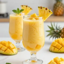 - 1 ripe mango, peeled and diced - 1 cup fresh pineapple, chopped - 1 banana, peeled and sliced - 1 cup coconut water or almond milk - 1/2 cup Greek yogurt or coconut yogurt - 1 tablespoon honey or agave syrup (optional) - A handful of fresh spinach (optional for nutrients) - Ice cubes (optional for colder smoothie) In this vibrant smoothie, ripe mango adds a sweet flavor. Fresh pineapple gives it a tangy kick. The banana brings creaminess to the mix. You can choose coconut water for a tropical vibe or almond milk for a nutty taste. Greek yogurt adds protein, while coconut yogurt keeps it dairy-free. If you want extra sweetness, add honey or agave syrup, but it&rsquo;s optional. Fresh spinach is a great way to sneak in nutrients without changing the taste. If you like your smoothie chilled, toss in some ice cubes. This blend of ingredients makes the Mango Pineapple Smoothie refreshing and delicious. {{ingredient_image_1}} To start, you need to prepare your fruit. First, take the ripe mango. Cut the skin off and dice it into small pieces. Next, chop the fresh pineapple into bite-sized chunks. Finally, peel and slice the banana into thin pieces. Now it's time to blend! Add the diced mango, chopped pineapple, and sliced banana into your blender. Pour in one cup of coconut water or almond milk. Then, add half a cup of Greek yogurt. If you want sweetness, add a tablespoon of honey or agave syrup. For a health boost, toss in a handful of fresh spinach. Blend on high until the mix is smooth. If it feels too thick, add a bit more coconut water or almond milk to make it just right. If you like it very cold, toss in some ice cubes and blend again until smooth. Once blended, pour your smoothie into tall glasses. To make it look fancy, you can garnish with a slice of fresh pineapple on the rim. A small sprig of mint adds a nice touch too! Enjoy your refreshing drink right away! You can change the sweetness of your smoothie easily. If you want it sweeter, add more honey or agave syrup. Start with one tablespoon, then taste it. If it needs more, add a little more. Keep tasting until it&rsquo;s just right for you. Adding spinach is a great way to boost nutrition. Just a handful can add vitamins without changing the taste much. You can also try other superfoods like chia seeds or flaxseeds. These small additions pack a big health punch. They increase fiber and omega-3s, making your smoothie even better. The ideal smoothie should be smooth and creamy. If it&rsquo;s too thick, add more coconut water or almond milk. Blend again until you reach the desired texture. For a thicker smoothie, use less liquid or add more banana or yogurt. If you like it cold, throw in some ice cubes before blending. This gives you a refreshing chill. Pro Tips Use Frozen Fruits: For a creamier texture and colder smoothie, consider using frozen mango and pineapple instead of fresh. This will also eliminate the need for ice cubes. Customize Your Sweetness: Taste your smoothie before adding sweeteners. The natural sweetness of the fruits might be enough, allowing you to skip the honey or agave syrup. Boost with Protein: Add a scoop of protein powder for an extra nutritional punch, especially if you're using this smoothie as a post-workout recovery drink. Experiment with Greens: Don&rsquo;t hesitate to add other leafy greens like kale or Swiss chard for additional nutrients without altering the flavor significantly. {{image_2}} You can make this smoothie even more fun! Add other fruits like strawberries or blueberries. These fruits bring different flavors and colors. You can also switch up the liquid. Try using orange juice or soy milk instead of coconut water. Each choice will give you a new taste. If you want a creamy smoothie but need to avoid dairy, use non-dairy yogurt. Coconut yogurt works great here. It keeps the smooth texture while being dairy-free. You can also skip the yogurt entirely if you prefer a lighter drink. Want to sneak in some greens? Add a handful of fresh spinach or kale. They blend well and you won&rsquo;t even taste them! This extra boost gives you more vitamins. It makes your smoothie healthy and delicious. Just toss the greens in before blending. Enjoy your vibrant green smoothie! Smoothies taste best fresh, but you can store them. They last about one day in the fridge. Use a sealed jar to keep air out. If you notice separation, just shake it before drinking. This helps mix the flavors again. Freezing is a great way to save time. You can prep smoothie packs ahead of time. Just chop your fruits and veggies. Place them in freezer bags. You can include spinach and yogurt too. When you're ready to blend, just grab a pack. This makes smoothie-making super quick! Thawing frozen smoothies is easy. You can leave them in the fridge overnight. If you're in a rush, place them in warm water for about 30 minutes. After thawing, blend until smooth again. If it&rsquo;s too thick, add a splash of coconut water or almond milk. This will bring back that creamy texture! To make a Mango Pineapple Smoothie, follow these simple steps: 1. Start by peeling and dicing one ripe mango. 2. Chop one cup of fresh pineapple into small pieces. 3. Peel and slice one banana. 4. In a blender, add the mango, pineapple, and banana. 5. Pour in one cup of coconut water or almond milk. 6. Add half a cup of Greek yogurt or coconut yogurt. 7. If desired, add one tablespoon of honey or agave syrup for sweetness. 8. For extra nutrition, toss in a handful of fresh spinach. 9. Blend everything on high speed until smooth and creamy. 10. If the smoothie is too thick, add more coconut water or almond milk. 11. For a colder drink, add a few ice cubes and blend again. 12. Taste and adjust sweetness if needed, then pour into glasses. Yes, you can make this smoothie ahead of time. Here are some tips: - Prep the ingredients: Cut the mango, pineapple, and banana in advance. Store them in the fridge. - Blend and chill: You can blend the smoothie and keep it in an airtight container. It stays fresh in the fridge for up to 24 hours. - Re-blend before serving: Give it a quick blend or shake to mix well before enjoying. This Mango Pineapple Smoothie offers several health benefits: - Rich in vitamins: Mango and pineapple are full of vitamins A and C, which boost your immune system. - Good for digestion: Pineapple contains bromelain, which helps with digestion. - Hydration: Coconut water hydrates and replenishes electrolytes. - Protein boost: Greek yogurt adds protein, which keeps you full longer. - Healthy fats: If you use coconut yogurt, it provides healthy fats and probiotics for gut health. Mango pineapple smoothies are simple, tasty, and healthy. We covered key ingredients like ripe mango and fresh pineapple. I shared easy steps for prepping and blending. Customize your drink with extra fruits or greens. Store it properly to enjoy later. Overall, this smoothie is good for you and fun to make. I hope you try it and enjoy every sip!