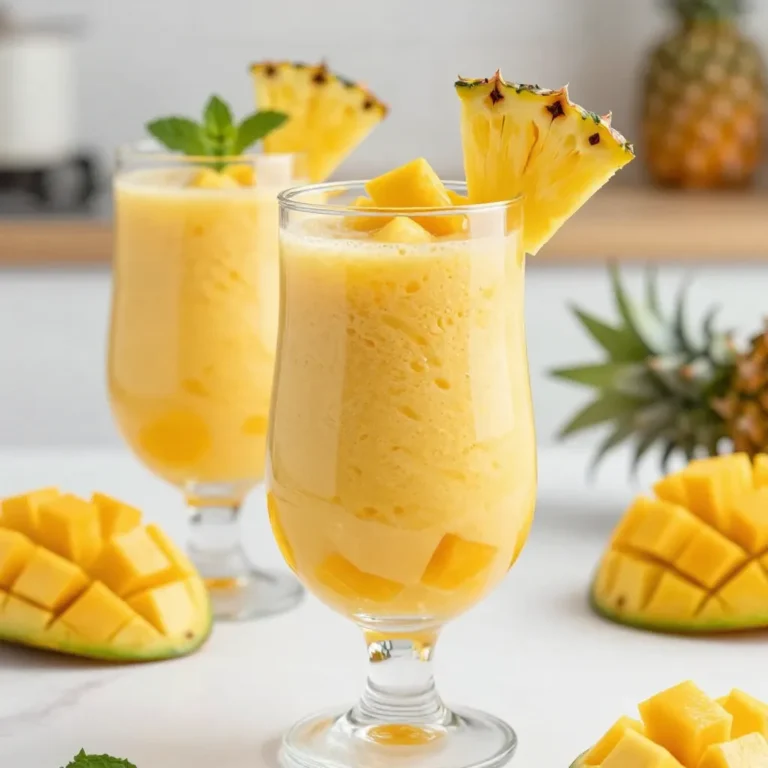- 1 ripe mango, peeled and diced - 1 cup fresh pineapple, chopped - 1 banana, peeled and sliced - 1 cup coconut water or almond milk - 1/2 cup Greek yogurt or coconut yogurt - 1 tablespoon honey or agave syrup (optional) - A handful of fresh spinach (optional for nutrients) - Ice cubes (optional for colder smoothie) In this vibrant smoothie, ripe mango adds a sweet flavor. Fresh pineapple gives it a tangy kick. The banana brings creaminess to the mix. You can choose coconut water for a tropical vibe or almond milk for a nutty taste. Greek yogurt adds protein, while coconut yogurt keeps it dairy-free. If you want extra sweetness, add honey or agave syrup, but it’s optional. Fresh spinach is a great way to sneak in nutrients without changing the taste. If you like your smoothie chilled, toss in some ice cubes. This blend of ingredients makes the Mango Pineapple Smoothie refreshing and delicious. {{ingredient_image_1}} To start, you need to prepare your fruit. First, take the ripe mango. Cut the skin off and dice it into small pieces. Next, chop the fresh pineapple into bite-sized chunks. Finally, peel and slice the banana into thin pieces. Now it's time to blend! Add the diced mango, chopped pineapple, and sliced banana into your blender. Pour in one cup of coconut water or almond milk. Then, add half a cup of Greek yogurt. If you want sweetness, add a tablespoon of honey or agave syrup. For a health boost, toss in a handful of fresh spinach. Blend on high until the mix is smooth. If it feels too thick, add a bit more coconut water or almond milk to make it just right. If you like it very cold, toss in some ice cubes and blend again until smooth. Once blended, pour your smoothie into tall glasses. To make it look fancy, you can garnish with a slice of fresh pineapple on the rim. A small sprig of mint adds a nice touch too! Enjoy your refreshing drink right away! You can change the sweetness of your smoothie easily. If you want it sweeter, add more honey or agave syrup. Start with one tablespoon, then taste it. If it needs more, add a little more. Keep tasting until it’s just right for you. Adding spinach is a great way to boost nutrition. Just a handful can add vitamins without changing the taste much. You can also try other superfoods like chia seeds or flaxseeds. These small additions pack a big health punch. They increase fiber and omega-3s, making your smoothie even better. The ideal smoothie should be smooth and creamy. If it’s too thick, add more coconut water or almond milk. Blend again until you reach the desired texture. For a thicker smoothie, use less liquid or add more banana or yogurt. If you like it cold, throw in some ice cubes before blending. This gives you a refreshing chill. Pro Tips Use Frozen Fruits: For a creamier texture and colder smoothie, consider using frozen mango and pineapple instead of fresh. This will also eliminate the need for ice cubes. Customize Your Sweetness: Taste your smoothie before adding sweeteners. The natural sweetness of the fruits might be enough, allowing you to skip the honey or agave syrup. Boost with Protein: Add a scoop of protein powder for an extra nutritional punch, especially if you're using this smoothie as a post-workout recovery drink. Experiment with Greens: Don’t hesitate to add other leafy greens like kale or Swiss chard for additional nutrients without altering the flavor significantly. {{image_2}} You can make this smoothie even more fun! Add other fruits like strawberries or blueberries. These fruits bring different flavors and colors. You can also switch up the liquid. Try using orange juice or soy milk instead of coconut water. Each choice will give you a new taste. If you want a creamy smoothie but need to avoid dairy, use non-dairy yogurt. Coconut yogurt works great here. It keeps the smooth texture while being dairy-free. You can also skip the yogurt entirely if you prefer a lighter drink. Want to sneak in some greens? Add a handful of fresh spinach or kale. They blend well and you won’t even taste them! This extra boost gives you more vitamins. It makes your smoothie healthy and delicious. Just toss the greens in before blending. Enjoy your vibrant green smoothie! Smoothies taste best fresh, but you can store them. They last about one day in the fridge. Use a sealed jar to keep air out. If you notice separation, just shake it before drinking. This helps mix the flavors again. Freezing is a great way to save time. You can prep smoothie packs ahead of time. Just chop your fruits and veggies. Place them in freezer bags. You can include spinach and yogurt too. When you're ready to blend, just grab a pack. This makes smoothie-making super quick! Thawing frozen smoothies is easy. You can leave them in the fridge overnight. If you're in a rush, place them in warm water for about 30 minutes. After thawing, blend until smooth again. If it’s too thick, add a splash of coconut water or almond milk. This will bring back that creamy texture! To make a Mango Pineapple Smoothie, follow these simple steps: 1. Start by peeling and dicing one ripe mango. 2. Chop one cup of fresh pineapple into small pieces. 3. Peel and slice one banana. 4. In a blender, add the mango, pineapple, and banana. 5. Pour in one cup of coconut water or almond milk. 6. Add half a cup of Greek yogurt or coconut yogurt. 7. If desired, add one tablespoon of honey or agave syrup for sweetness. 8. For extra nutrition, toss in a handful of fresh spinach. 9. Blend everything on high speed until smooth and creamy. 10. If the smoothie is too thick, add more coconut water or almond milk. 11. For a colder drink, add a few ice cubes and blend again. 12. Taste and adjust sweetness if needed, then pour into glasses. Yes, you can make this smoothie ahead of time. Here are some tips: - Prep the ingredients: Cut the mango, pineapple, and banana in advance. Store them in the fridge. - Blend and chill: You can blend the smoothie and keep it in an airtight container. It stays fresh in the fridge for up to 24 hours. - Re-blend before serving: Give it a quick blend or shake to mix well before enjoying. This Mango Pineapple Smoothie offers several health benefits: - Rich in vitamins: Mango and pineapple are full of vitamins A and C, which boost your immune system. - Good for digestion: Pineapple contains bromelain, which helps with digestion. - Hydration: Coconut water hydrates and replenishes electrolytes. - Protein boost: Greek yogurt adds protein, which keeps you full longer. - Healthy fats: If you use coconut yogurt, it provides healthy fats and probiotics for gut health. Mango pineapple smoothies are simple, tasty, and healthy. We covered key ingredients like ripe mango and fresh pineapple. I shared easy steps for prepping and blending. Customize your drink with extra fruits or greens. Store it properly to enjoy later. Overall, this smoothie is good for you and fun to make. I hope you try it and enjoy every sip!