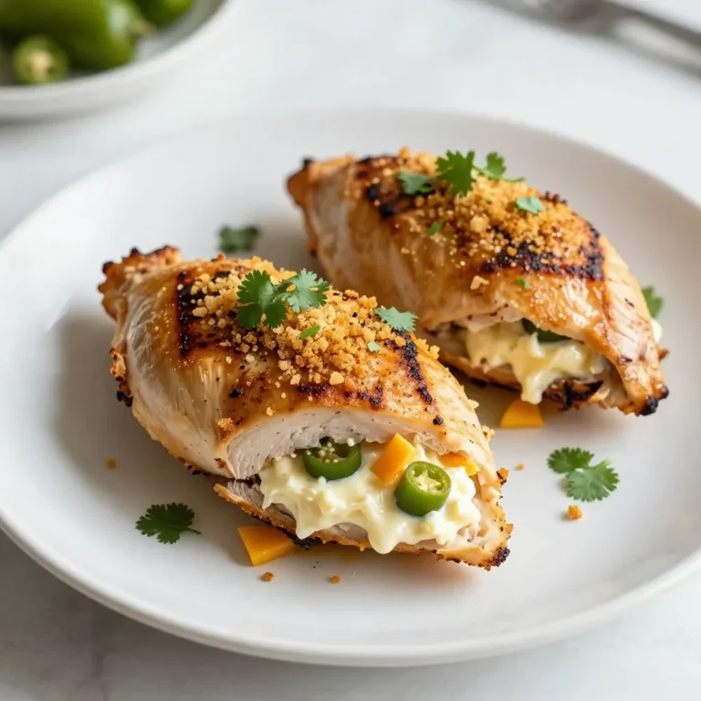 To make Jalapeño Popper Stuffed Chicken, you need these tasty ingredients: - 4 boneless, skinless chicken breasts - 4 oz cream cheese, softened - 1 cup shredded sharp cheddar cheese - 1/2 cup jalapeños, seeded and diced - 1/4 cup breadcrumbs (preferably panko) - 2 tablespoons olive oil - 1 teaspoon garlic powder - 1 teaspoon onion powder - Salt and pepper to taste - Optional garnish: Fresh cilantro or parsley These ingredients blend perfectly. The cream cheese and cheddar create a rich filling. The jalapeños add a spicy kick. Using panko breadcrumbs gives a nice crunch. You can adjust the spice by choosing fresh or pickled jalapeños. Don't forget the salt and pepper for flavor! Gather these items before you start. Having everything ready will make cooking smooth and fun. {{ingredient_image_1}} - Preheat your oven to 375°F (190°C). - In a bowl, mix cream cheese, cheddar cheese, diced jalapeños, garlic powder, onion powder, salt, and pepper. Stir until smooth. - Carefully slice pockets into each chicken breast. Do not cut all the way through. - Generously stuff each chicken breast with the jalapeño mixture. - If needed, use toothpicks to secure the openings. This keeps the filling inside. - Place breadcrumbs in a shallow bowl. Roll each stuffed chicken breast in the breadcrumbs. Make sure they are fully coated. - Heat olive oil in a large skillet over medium heat. Sear each chicken breast for 3-4 minutes on each side. Look for a golden color. - Transfer the seared chicken breasts to a baking dish. Bake for 25-30 minutes until the chicken is fully cooked. The internal temperature should reach 165°F (74°C). - Use a meat thermometer to check the internal temperature. - Let the chicken rest for 5 minutes. This helps keep it juicy. - If you like, garnish with fresh cilantro or parsley before serving. - Sear the chicken well for a golden color. This adds flavor and texture. - Always test the chicken's doneness. The safe internal temperature is 165°F (74°C). - Pair the stuffed chicken with sides like rice or roasted vegetables. They complement the dish well. - Serve with sauces like ranch or a spicy dip for extra flavor. - Try adding smoked paprika for a deeper flavor. - You can swap in pepper jack cheese for an extra kick. - Fresh herbs like thyme or chives can add brightness to the filling. Pro Tips Choose the Right Jalapeños: Use fresh jalapeños for a vibrant flavor or pickled ones for a tangy twist. Adjust the amount based on your heat preference. Don’t Overstuff: Be careful not to overfill the chicken breasts to prevent the filling from spilling out during cooking. Perfectly Cooked Chicken: Use a meat thermometer to ensure the chicken reaches an internal temperature of 165°F (74°C) for safe consumption. Serving Suggestions: Serve with a side of rice or a fresh salad to balance the richness of the stuffed chicken. {{image_2}} You can customize the flavors of your jalapeño popper stuffed chicken. Try different cheeses for a unique taste. Here are some great options: - Pepper jack for a spicy kick - Mozzarella for a milder flavor - Feta for a tangy touch Feel free to add other vegetables or spices. Consider mixing in: - Spinach for added nutrition - Corn for sweetness - Smoked paprika for depth If you need gluten-free options, replace regular breadcrumbs with gluten-free ones. Almond flour works well too. For those avoiding dairy, try these tips: - Use vegan cream cheese for the filling. - Substitute the cheddar cheese with a dairy-free cheese option. You can change how you cook this dish too. Grilling the stuffed chicken adds a nice smoky flavor. Simply follow the same steps, but grill instead of baking. If you prefer using a slow cooker or Instant Pot, here’s what to do: - For the slow cooker, sear the chicken first, then place it in the cooker with a splash of broth. - In the Instant Pot, use the sauté function to sear, then cook on high pressure for about 10 minutes. These variations keep the dish fresh and exciting! To keep your jalapeño popper stuffed chicken fresh, follow these steps: - Refrigeration: Place leftovers in an airtight container. Store in the fridge for up to 3 days. - Freezing: For long-term storage, wrap each stuffed chicken breast in plastic wrap. Then, place them in a freezer-safe bag. They can stay frozen for up to 3 months. When reheating, you want to keep the chicken juicy. Here’s how to do it: - Oven Method: Preheat your oven to 350°F (175°C). Place chicken in a baking dish and cover with foil. Heat for about 20 minutes. - Microwave Method: Use a microwave-safe plate. Heat on medium power in 1-minute intervals. Check to avoid drying out. The best temperature for reheating is around 165°F (74°C) to ensure it’s safe to eat. Leftovers should be eaten within: - Refrigerator: Up to 3 days. - Freezer: Up to 3 months. After these timeframes, the chicken may lose taste and texture. Always check for signs of spoilage before eating. You can serve this dish with many sides. Here are some great options: - Rice or quinoa for a filling base - Steamed vegetables like broccoli or green beans - A fresh salad with a light dressing - Garlic bread for a comforting touch These sides balance the flavors and make your meal complete. Yes, you can prep this dish ahead of time. You can stuff the chicken and coat it with breadcrumbs. Keep it covered in the fridge for up to 24 hours. This way, it’s ready to bake when you are. Just remember to add a few extra minutes to the baking time if it’s cold from the fridge. Absolutely! You can adjust the spice level to your liking. Use more jalapeños or choose hotter peppers. You can also add red pepper flakes or hot sauce to the cheese mixture. Just remember to taste as you go to get your desired heat. The chicken should reach an internal temperature of 165°F (74°C). This ensures that it is safe to eat. Use a meat thermometer to check the temperature at the thickest part of the chicken. This step is key for juicy, tender chicken. Yes, you can use other meats. Turkey breasts are a great option and have a similar texture. You could also try pork chops or even large mushrooms for a vegetarian twist. Just adjust cooking times based on the meat you choose. This blog post covered all you need to make Jalapeño Popper Stuffed Chicken. We discussed ingredients, step-by-step cooking, and storage tips. You can try different cheeses or cooking methods to suit your taste. Remember, searing gives a nice color, and pairing with sides enhances the meal. This dish is versatile and can be adapted for various diets. Enjoy cooking and impressing your friends with this delicious meal!