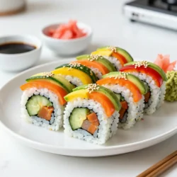 - 2 cups sushi rice - 2 &frac12; cups water - 4 nori sheets (seaweed) - 1 small cucumber, julienned - 1 medium carrot, peeled and julienned - 1 small red bell pepper, thinly sliced - 1 small yellow bell pepper, thinly sliced - 1 ripe avocado, sliced - &frac12; cup purple cabbage, finely shredded Sushi rice is the heart of our rolls. It gives a sticky and tasty base. Nori sheets wrap everything up. You can choose any veggies you like. I love the crunch and color of cucumber, carrot, and bell peppers. The avocado adds creaminess, while purple cabbage gives a nice pop. - &frac14; cup rice vinegar - 1 tablespoon sugar - 1 teaspoon salt - Soy sauce, for serving - Sesame seeds, for garnish - Pickled ginger and wasabi (optional) The rice needs flavor. Mix rice vinegar, sugar, and salt. This makes the rice tangy and sweet. You can sprinkle sesame seeds on top. They add a nice crunch. Soy sauce is perfect for dipping. Ginger and wasabi give it an extra kick if you want. - Serve with soy sauce - Add pickled ginger - Include wasabi for spice When you&rsquo;re ready to eat, arrange the sushi rolls on a nice platter. Serve with soy sauce on the side. I love adding pickled ginger for a refreshing bite. If you like heat, put wasabi on your plate. Enjoy your colorful feast! {{ingredient_image_1}} Rinse the sushi rice under cold water. Keep rinsing until the water runs clear. This step removes excess starch and helps the rice cook well. In a medium saucepan, combine the rinsed sushi rice and 2 &frac12; cups of water. Bring this mixture to a boil over medium heat. Once it boils, reduce the heat to low. Cover the pan and let it simmer for about 20 minutes. You will know it&rsquo;s done when the rice is tender and the water is absorbed. While the rice cooks, mix the rice vinegar, sugar, and salt in a small bowl. Stir until the sugar and salt dissolve completely. After the rice is done cooking, take it off the heat and let it cool a bit. Transfer the warm rice to a large mixing bowl. Gently fold in the vinegar mixture. Make sure the rice is evenly coated. Allow the rice to cool down to room temperature before using it. Start by preparing your work surface. You can use a bamboo sushi mat or a clean cutting board. Lay a sheet of nori on the mat with the shiny side facing down. With wet hands, take about a cup of sushi rice. Spread it evenly over the nori, leaving about 1 inch of space at the top. Now, arrange your rainbow veggies. Place the cucumber, carrot, bell peppers, avocado, and cabbage in a line at the bottom of the rice. Using the sushi mat, lift the edge closest to you. Roll it tightly towards the top while tucking in the filling. Keep rolling until you reach the empty edge of the nori. To seal the roll, wet the edge of the nori with a little water. Finally, slice the sushi roll into 1-inch pieces. Repeat this process with the remaining nori sheets and ingredients. Arrange the sushi rolls on a platter, sprinkle sesame seeds on top, and serve with soy sauce, pickled ginger, and wasabi if you like. Using a sushi mat makes rolling easy. Place the mat on a flat surface. Lay your nori sheet shiny side down. Wet your hands to keep rice from sticking. Spread rice evenly on the nori, leaving space at the top. To ensure a tight roll, lift the edge closest to you. Roll it tightly while tucking in the filling. Keep rolling until you reach the empty edge. Wet the edge with water to seal it. This helps keep the roll together. If you have leftovers, store them in an airtight container. Place parchment paper between the rolls to avoid sticking. Sushi stays fresh for about a day in the fridge. To keep sushi fresh, wrap it tightly in plastic wrap. This helps prevent it from drying out. You can also place a damp paper towel in the container for added moisture. One mistake is overfilling rolls. Too many veggies can make rolling hard. Stick to a few vegetables in each roll. Another common issue is not sealing the nori properly. If the edge isn't wet enough, the roll can come apart. Always remember to moisten the nori edge before sealing. This simple step keeps your sushi intact. Pro Tips Use Fresh Ingredients: Fresh vegetables and ripe avocado enhance the flavor and texture of your sushi rolls, making them more delightful. Keep Your Hands Wet: Wetting your hands while handling sushi rice prevents it from sticking to your fingers, making the rolling process easier. Experiment with Fillings: Feel free to add your favorite ingredients like cooked shrimp, tofu, or cream cheese for a unique twist on traditional sushi. Practice Rolling Technique: Don&rsquo;t rush the rolling process; a tight roll ensures your sushi holds together well and looks visually appealing. {{image_2}} You can change the veggies based on what you like or have. Try using seasonal vegetables. Zucchini, sweet potatoes, or radishes can add fun flavors. You can also use colorful veggies for better looks. Each veggie gives a different taste and crunch. These sushi rolls can fit many diets. They are vegan since they only use plants. If you need gluten-free, use rice paper instead of nori. For low-carb options, skip the rice and use just veggies. You can even try cauliflower rice for a lighter choice. How you serve your sushi can impress guests. Cut the rolls into neat pieces and arrange them on a nice plate. Add sesame seeds on top for a pop. You can pair sushi with soy sauce, pickled ginger, and wasabi for extra taste. Serve with a light salad or miso soup for a full meal. Rainbow veggie sushi rolls are packed with colorful veggies. Each vegetable offers unique nutrients. - Cucumber: Low in calories and high in water. Great for hydration. - Carrots: Rich in beta-carotene, good for your eyes. - Bell Peppers: Full of vitamin C and antioxidants. They boost your immune system. - Avocado: Provides healthy fats. Good for heart health. - Purple Cabbage: High in fiber and vitamins. Supports digestion. Eating these veggies brings many health benefits. They help reduce the risk of chronic diseases. Sushi also promotes mindful eating. You enjoy fresh flavors and textures in each bite. Each serving of rainbow veggie sushi rolls has about 250 calories. This is lower than traditional sushi rolls. Many sushi rolls can exceed 400 calories. - Sushi Rice: The rice adds carbs but is filling. - Veggies: They add few calories but lots of nutrients. Opting for veggie sushi helps you eat lighter. It&rsquo;s a great choice for lunch or dinner. Rainbow veggie sushi fits many diets. It is vegan and gluten-free if you use the right soy sauce. Here are some tips for balanced nutrition: - For Vegans: Use plant-based sauces and toppings. - For Gluten-Free: Check that your soy sauce is gluten-free. - For Low-Carb: Reduce the rice and add more veggies. Adding a variety of colors keeps meals exciting. You enjoy both health and taste with these rolls. Sushi rolls stay fresh for about 24 hours in the fridge. After that, they may lose their taste and texture. To keep them fresh, wrap each roll in plastic wrap. This helps prevent them from drying out. If you have leftovers, eat them as soon as possible. Always check for any signs of spoilage before eating. Yes, you can make sushi without a bamboo mat. If you don&rsquo;t have one, use a clean cutting board instead. Lay the nori sheet flat on the board. Use your hands to roll the sushi tightly. Just be careful to hold the filling in place as you roll. You can also use a clean kitchen towel to help guide the roll. Rainbow veggie sushi tastes great with several sauces. Soy sauce is the most common dip. It adds a salty flavor that complements the veggies. You can also try wasabi for some heat. Pickled ginger is another tasty option. It cleans your palate between bites. For a twist, try a spicy mayo made with mayo and sriracha. Making sushi at home is fun and easy. We covered ingredients like sushi rice, nori, and fresh veggies. I shared step-by-step instructions to perfect your rolls. Tips on technique, storage, and common mistakes can help you avoid pitfalls. We also explored tasty variations, healthy choices, and pairing suggestions. Now, you can enjoy delicious sushi tailored to your taste. Dive in, be creative, and impress your friends with your new skills!