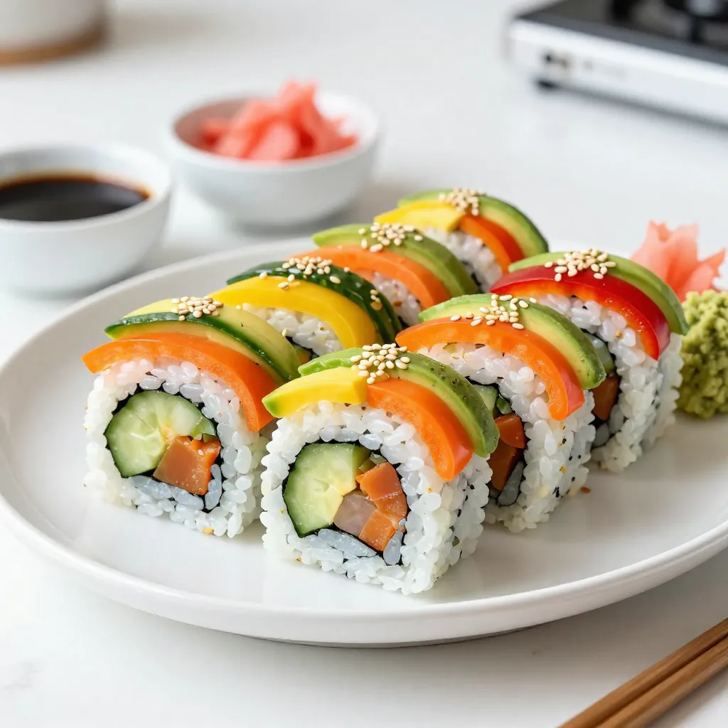 - 2 cups sushi rice - 2 ½ cups water - 4 nori sheets (seaweed) - 1 small cucumber, julienned - 1 medium carrot, peeled and julienned - 1 small red bell pepper, thinly sliced - 1 small yellow bell pepper, thinly sliced - 1 ripe avocado, sliced - ½ cup purple cabbage, finely shredded Sushi rice is the heart of our rolls. It gives a sticky and tasty base. Nori sheets wrap everything up. You can choose any veggies you like. I love the crunch and color of cucumber, carrot, and bell peppers. The avocado adds creaminess, while purple cabbage gives a nice pop. - ¼ cup rice vinegar - 1 tablespoon sugar - 1 teaspoon salt - Soy sauce, for serving - Sesame seeds, for garnish - Pickled ginger and wasabi (optional) The rice needs flavor. Mix rice vinegar, sugar, and salt. This makes the rice tangy and sweet. You can sprinkle sesame seeds on top. They add a nice crunch. Soy sauce is perfect for dipping. Ginger and wasabi give it an extra kick if you want. - Serve with soy sauce - Add pickled ginger - Include wasabi for spice When you’re ready to eat, arrange the sushi rolls on a nice platter. Serve with soy sauce on the side. I love adding pickled ginger for a refreshing bite. If you like heat, put wasabi on your plate. Enjoy your colorful feast! {{ingredient_image_1}} Rinse the sushi rice under cold water. Keep rinsing until the water runs clear. This step removes excess starch and helps the rice cook well. In a medium saucepan, combine the rinsed sushi rice and 2 ½ cups of water. Bring this mixture to a boil over medium heat. Once it boils, reduce the heat to low. Cover the pan and let it simmer for about 20 minutes. You will know it’s done when the rice is tender and the water is absorbed. While the rice cooks, mix the rice vinegar, sugar, and salt in a small bowl. Stir until the sugar and salt dissolve completely. After the rice is done cooking, take it off the heat and let it cool a bit. Transfer the warm rice to a large mixing bowl. Gently fold in the vinegar mixture. Make sure the rice is evenly coated. Allow the rice to cool down to room temperature before using it. Start by preparing your work surface. You can use a bamboo sushi mat or a clean cutting board. Lay a sheet of nori on the mat with the shiny side facing down. With wet hands, take about a cup of sushi rice. Spread it evenly over the nori, leaving about 1 inch of space at the top. Now, arrange your rainbow veggies. Place the cucumber, carrot, bell peppers, avocado, and cabbage in a line at the bottom of the rice. Using the sushi mat, lift the edge closest to you. Roll it tightly towards the top while tucking in the filling. Keep rolling until you reach the empty edge of the nori. To seal the roll, wet the edge of the nori with a little water. Finally, slice the sushi roll into 1-inch pieces. Repeat this process with the remaining nori sheets and ingredients. Arrange the sushi rolls on a platter, sprinkle sesame seeds on top, and serve with soy sauce, pickled ginger, and wasabi if you like. Using a sushi mat makes rolling easy. Place the mat on a flat surface. Lay your nori sheet shiny side down. Wet your hands to keep rice from sticking. Spread rice evenly on the nori, leaving space at the top. To ensure a tight roll, lift the edge closest to you. Roll it tightly while tucking in the filling. Keep rolling until you reach the empty edge. Wet the edge with water to seal it. This helps keep the roll together. If you have leftovers, store them in an airtight container. Place parchment paper between the rolls to avoid sticking. Sushi stays fresh for about a day in the fridge. To keep sushi fresh, wrap it tightly in plastic wrap. This helps prevent it from drying out. You can also place a damp paper towel in the container for added moisture. One mistake is overfilling rolls. Too many veggies can make rolling hard. Stick to a few vegetables in each roll. Another common issue is not sealing the nori properly. If the edge isn't wet enough, the roll can come apart. Always remember to moisten the nori edge before sealing. This simple step keeps your sushi intact. Pro Tips Use Fresh Ingredients: Fresh vegetables and ripe avocado enhance the flavor and texture of your sushi rolls, making them more delightful. Keep Your Hands Wet: Wetting your hands while handling sushi rice prevents it from sticking to your fingers, making the rolling process easier. Experiment with Fillings: Feel free to add your favorite ingredients like cooked shrimp, tofu, or cream cheese for a unique twist on traditional sushi. Practice Rolling Technique: Don’t rush the rolling process; a tight roll ensures your sushi holds together well and looks visually appealing. {{image_2}} You can change the veggies based on what you like or have. Try using seasonal vegetables. Zucchini, sweet potatoes, or radishes can add fun flavors. You can also use colorful veggies for better looks. Each veggie gives a different taste and crunch. These sushi rolls can fit many diets. They are vegan since they only use plants. If you need gluten-free, use rice paper instead of nori. For low-carb options, skip the rice and use just veggies. You can even try cauliflower rice for a lighter choice. How you serve your sushi can impress guests. Cut the rolls into neat pieces and arrange them on a nice plate. Add sesame seeds on top for a pop. You can pair sushi with soy sauce, pickled ginger, and wasabi for extra taste. Serve with a light salad or miso soup for a full meal. Rainbow veggie sushi rolls are packed with colorful veggies. Each vegetable offers unique nutrients. - Cucumber: Low in calories and high in water. Great for hydration. - Carrots: Rich in beta-carotene, good for your eyes. - Bell Peppers: Full of vitamin C and antioxidants. They boost your immune system. - Avocado: Provides healthy fats. Good for heart health. - Purple Cabbage: High in fiber and vitamins. Supports digestion. Eating these veggies brings many health benefits. They help reduce the risk of chronic diseases. Sushi also promotes mindful eating. You enjoy fresh flavors and textures in each bite. Each serving of rainbow veggie sushi rolls has about 250 calories. This is lower than traditional sushi rolls. Many sushi rolls can exceed 400 calories. - Sushi Rice: The rice adds carbs but is filling. - Veggies: They add few calories but lots of nutrients. Opting for veggie sushi helps you eat lighter. It’s a great choice for lunch or dinner. Rainbow veggie sushi fits many diets. It is vegan and gluten-free if you use the right soy sauce. Here are some tips for balanced nutrition: - For Vegans: Use plant-based sauces and toppings. - For Gluten-Free: Check that your soy sauce is gluten-free. - For Low-Carb: Reduce the rice and add more veggies. Adding a variety of colors keeps meals exciting. You enjoy both health and taste with these rolls. Sushi rolls stay fresh for about 24 hours in the fridge. After that, they may lose their taste and texture. To keep them fresh, wrap each roll in plastic wrap. This helps prevent them from drying out. If you have leftovers, eat them as soon as possible. Always check for any signs of spoilage before eating. Yes, you can make sushi without a bamboo mat. If you don’t have one, use a clean cutting board instead. Lay the nori sheet flat on the board. Use your hands to roll the sushi tightly. Just be careful to hold the filling in place as you roll. You can also use a clean kitchen towel to help guide the roll. Rainbow veggie sushi tastes great with several sauces. Soy sauce is the most common dip. It adds a salty flavor that complements the veggies. You can also try wasabi for some heat. Pickled ginger is another tasty option. It cleans your palate between bites. For a twist, try a spicy mayo made with mayo and sriracha. Making sushi at home is fun and easy. We covered ingredients like sushi rice, nori, and fresh veggies. I shared step-by-step instructions to perfect your rolls. Tips on technique, storage, and common mistakes can help you avoid pitfalls. We also explored tasty variations, healthy choices, and pairing suggestions. Now, you can enjoy delicious sushi tailored to your taste. Dive in, be creative, and impress your friends with your new skills!
