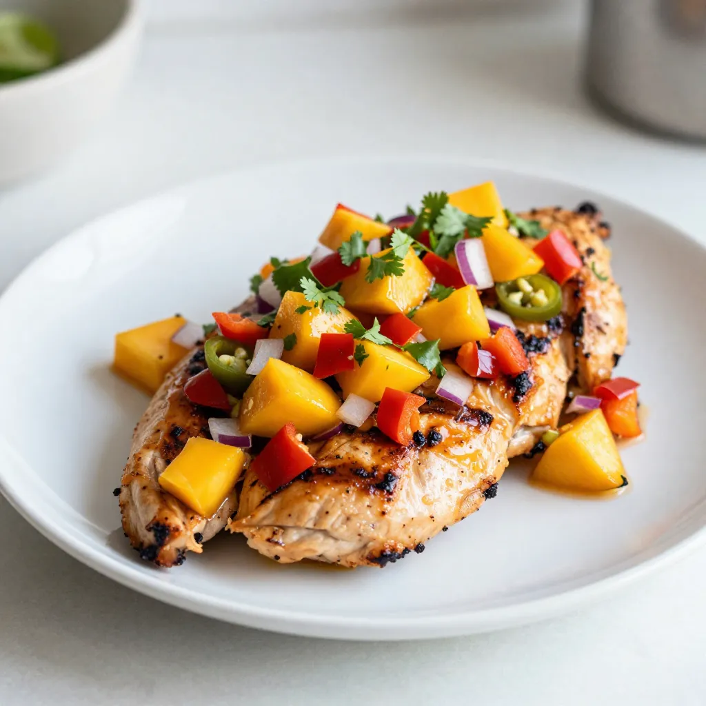 To make Mango Salsa Chicken, you need fresh and tasty ingredients. Here’s what to gather: - Chicken - 4 boneless, skinless chicken breasts - Mango Salsa Components - 1 ripe mango, diced - 1 red bell pepper, finely chopped - 1 small red onion, finely chopped - 1 jalapeño, seeded and minced - 2 tablespoons fresh cilantro, chopped - 2 tablespoons lime juice - Seasoning Essentials - 1 tablespoon olive oil - 1 teaspoon garlic powder - Salt and pepper to taste This blend of ingredients makes the dish bright and flavorful. Each item plays its part in creating a meal that sings with taste. The juicy mango, spicy jalapeño, and zesty lime juice make the salsa pop. The chicken is tender and perfectly seasoned, adding a great base for the salsa. Gather these ingredients before starting your cooking adventure. You want everything fresh for the best results. Trust me; it makes a difference! {{ingredient_image_1}} To make the mango salsa, grab a medium bowl. Start by adding the diced mango. Then, add the finely chopped red bell pepper and red onion. Next, toss in the minced jalapeño for some heat. Don't forget the fresh cilantro; it adds great flavor! Squeeze in the lime juice, then sprinkle salt and pepper to taste. Mix all the ingredients well. Let it sit for a bit. This waiting time helps the flavors blend nicely. Next, it's time for the chicken. Preheat your grill or grill pan over medium-high heat. While that heats, season the chicken breasts. Drizzle some olive oil on both sides. Then, sprinkle the garlic powder, salt, and pepper. Rub the spices in well to coat the chicken evenly. Once the grill is hot, place the chicken on it. Cook for about 6-7 minutes on each side. Make sure the chicken reaches an internal temperature of 165°F (75°C). This ensures it is safe to eat. Once done, take the chicken off the grill and let it rest for a few minutes. After the chicken rests, slice it into strips. This makes it easy to serve. Now, grab your mango salsa and top the sliced chicken generously. You can add more cilantro on top if you like. This colorful dish is now ready to enjoy! To grill chicken well, start with good meat. Use boneless, skinless chicken breasts for easy cooking. Pat them dry with paper towels. This helps get a nice sear. Always preheat your grill. Medium-high heat works best. This creates a great crust on the chicken. Use a meat thermometer to check the temperature. Chicken should reach 165°F (75°C). Let the chicken rest for a few minutes after grilling. This keeps it juicy. To boost the taste of your mango salsa, use fresh ingredients. Make sure your mango is ripe and sweet. Dice it evenly for the best texture. Add lime juice for a zesty kick. Fresh cilantro brightens the dish, while jalapeño adds heat. If you want more spice, leave some seeds in the jalapeño. Mix everything well and let it sit. This allows the flavors to blend and become even better. When serving mango salsa chicken, slice the chicken for a nice look. Top it with a generous amount of salsa. This adds color and flavor to the dish. Garnish with more cilantro for a fresh touch. You can also serve it with lime wedges. These add a nice pop of flavor. Pair it with rice or a green salad for a complete meal. Pro Tips Choose the Right Mango: Use a ripe mango that gives slightly when pressed, indicating it's sweet and juicy, perfect for salsa. Let the Salsa Rest: Allow the mango salsa to sit for at least 10 minutes before serving; this enhances the flavors as they meld together. Grilling Tips: Ensure your grill is preheated to medium-high before adding the chicken for a nice sear and to prevent sticking. Rest the Chicken: Let the grilled chicken rest for a few minutes before slicing; this keeps it juicy and tender. {{image_2}} You can change the salsa to fit your taste. Try using pineapple instead of mango. It gives a sweet twist. You can also add avocado for creaminess. If you want more heat, add a serrano pepper. Fresh herbs like mint or basil can add a nice touch too. Experiment with different flavors to find what you love most. While grilling is great, you can cook the chicken in other ways too. Baking is an easy option. Cook the chicken at 375°F (190°C) for about 25-30 minutes. You can also pan-sear it on the stove. Heat a skillet over medium heat and cook for about 6-7 minutes per side. Each method gives a different texture and flavor. Adjusting flavors can really change the dish. If you like tang, add more lime juice. For a sweeter taste, mix in a bit of honey or agave. You can also add spices like cumin or smoked paprika for extra depth. Taste as you go to find the balance you enjoy. After enjoying your Mango Salsa Chicken, store leftovers properly. Place the chicken and salsa in separate airtight containers. This keeps the chicken juicy and the salsa fresh. Use the leftovers within three days for the best taste. If you plan to keep them longer, consider freezing. To freeze Mango Salsa Chicken, first cool the cooked chicken completely. Then, wrap each piece tightly in plastic wrap. Place the wrapped chicken in a freezer bag. For the salsa, use a small container. Label both items with the date. They will stay good for up to three months. When ready to use, thaw in the fridge overnight. Reheat the chicken in the oven for even cooking. Preheat the oven to 350°F (175°C). Place the chicken on a baking sheet and cover with foil. Heat for about 15-20 minutes until warm. For the salsa, use the microwave. Heat it in short bursts, stirring in between. This keeps the salsa fresh and flavorful. Enjoy your meal again! The ideal temperature for cooked chicken is 165°F (75°C). This temperature ensures that harmful bacteria are killed. Use a meat thermometer to check. Insert it into the thickest part of the chicken breast. Let the chicken rest for a few minutes after cooking. This helps keep it juicy and tender. Yes, you can make mango salsa ahead of time. In fact, making it a few hours early helps the flavors blend well. Store the salsa in the fridge in an airtight container. It will stay fresh for up to two days. Just give it a good stir before serving. If you want to keep the mango bright, add lime juice right before serving. Many side dishes go well with Mango Salsa Chicken. Here are some tasty options: - Rice: White, brown, or coconut rice are great choices. - Quinoa: This nutty grain adds extra protein and flavor. - Grilled Vegetables: Zucchini, corn, or bell peppers work well. - Salad: A light green salad can balance the meal. - Tortillas: Warm tortillas make a nice side or wrap for the chicken. These sides complement the sweet and spicy notes of the dish. Enjoy mixing and matching! In this blog post, we explored how to make a delicious Mango Salsa Chicken. We covered the complete ingredient list, from chicken to salsa components. You learned step-by-step how to prepare the salsa, grill the chicken, and combine them for a tasty meal. Additionally, I shared tips for grilling, enhancing flavors, and serving ideas. You can try various ingredients and cooking methods to fit your taste. Remember to follow best storage practices for any leftovers. Enjoy this dish with friends or family for a tasty experience!