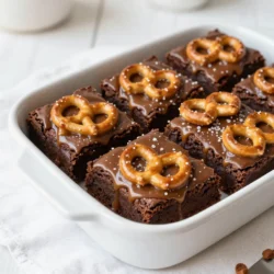 - 1 cup unsalted butter (2 sticks) - 1 cup granulated sugar - 1 cup brown sugar, packed - 4 large eggs - 1 teaspoon vanilla extract - 1 cup all-purpose flour - 1 cup cocoa powder - 1 teaspoon baking powder - 1/2 teaspoon salt - 1 cup crushed pretzels - 1 cup salted caramel sauce (store-bought or homemade) - Flaky sea salt, for topping For the best flavor, use high-quality unsalted butter. It gives the brownies a rich taste. Brown sugar adds moisture, while granulated sugar helps with the crust. Use fresh eggs for a fluffy texture. The cocoa powder should be unsweetened for a deep chocolate flavor. - For sugar, you can use coconut sugar or honey. Adjust the amounts as honey is sweeter. - For gluten-free options, replace all-purpose flour with almond flour or a gluten-free blend. This change may alter texture, but the flavor stays great. - A 9x13 inch baking pan is ideal for these brownies. - You will need mixing bowls for wet and dry ingredients. - A whisk for mixing eggs, and measuring cups for precise amounts. - A spatula helps to fold in ingredients smoothly. This equipment makes baking easier and ensures your brownies come out just right. {{ingredient_image_1}} Set your oven to 350&deg;F (175&deg;C). This helps the brownies bake evenly. Grease a 9x13 inch baking pan. You can also line it with parchment paper. This makes removal easy later. 1. Start by melting the unsalted butter. Use the microwave or stovetop. Let it cool for a bit. 2. In a large bowl, whisk the cooled butter with granulated and brown sugar. Mix until smooth. 3. Add the eggs one by one. Mix well after each egg. Then, stir in the vanilla extract. 4. In another bowl, sift flour, cocoa powder, baking powder, and salt. 5. Gradually mix the dry ingredients into the wet mixture. Stir gently. Do not overmix. 6. Fold in the crushed pretzels. Save some pretzels for topping later. 1. Pour half of the brownie batter into the prepared pan. Spread it evenly. 2. Drizzle half of the salted caramel sauce over the batter. 3. Add the rest of the brownie batter on top. Spread it to cover the caramel. 4. Drizzle the remaining salted caramel sauce over this layer. 5. Sprinkle the reserved pretzel pieces on top. 6. Use a knife or toothpick to swirl the caramel into the brownie batter. This creates a marbled effect. 7. Bake for 25-30 minutes. Check for doneness with a toothpick. It should come out with moist crumbs. 8. After baking, sprinkle flaky sea salt over the brownies while they are warm. 9. Let the brownies cool in the pan for at least 30 minutes before cutting. - To check for doneness, poke the center with a toothpick. It should have moist crumbs. - Avoid overbaking by setting a timer for 25 minutes. Check early to be safe. - Try adding chocolate chips or nuts for extra texture. - Explore flavored caramel sauces, like vanilla or chocolate, for a twist. - Serve the brownies warm for the best taste. - Pair them with coffee, vanilla ice cream, or whipped cream for a treat. Pro Tips Use Room Temperature Eggs: Allow your eggs to sit at room temperature for about 30 minutes before mixing them into the batter. This helps create a smoother and more uniform mixture, resulting in fudgier brownies. Don&rsquo;t Overmix: When combining your dry and wet ingredients, mix until just combined. Overmixing can lead to tough brownies, so a few lumps are perfectly fine! Swirl with Care: When swirling the caramel into the brownie batter, use a gentle hand to create a marbled effect without completely blending it in. This will enhance both the flavor and appearance of your brownies. Cool Before Cutting: Allow the brownies to cool completely in the pan before cutting into squares. This helps them set properly and makes for cleaner cuts. {{image_2}} You can make these brownies your own by adding fun ingredients. Try mixing in chopped nuts like walnuts or pecans. They give a nice crunch. You could also add chocolate chips for extra sweetness. Dark chocolate chips work well if you like a richer taste. For seasonal flavors, think about using peppermint extract in winter. In summer, add fresh berries for a fruity touch. You can even switch the caramel for a fruity sauce, like raspberry or strawberry. If you're looking to cut calories, you can reduce the sugar. Use half the amount of granulated sugar and brown sugar. You can also swap out some butter for unsweetened applesauce. This helps keep the brownies moist without all the calories. For those who want vegan options, replace the eggs with flaxseed meal or applesauce. Use coconut oil instead of butter. Make sure to choose a dairy-free caramel sauce for a fully plant-based treat. Want more or fewer brownies? You can easily scale this recipe. Simply double the ingredients for a big batch. You could also cut the recipe in half for a smaller treat. Mini brownies are another fun idea. Use a mini muffin pan to bake bite-sized brownies. Just watch the time and check for doneness. They will bake faster than regular brownies. Enjoy experimenting with these variations! To keep your salted caramel pretzel brownies fresh, store them in an airtight container. This helps prevent them from drying out. Place parchment paper between layers if you stack them. This way, they stay soft and tasty. You can freeze brownies for later enjoyment. First, let them cool completely. Then, wrap each brownie in plastic wrap. Place the wrapped brownies in a freezer-safe bag. For thawing, leave them in the fridge overnight or at room temperature for a few hours. This keeps their nice, chewy texture. At room temperature, your brownies last about four to five days. If you keep them in the fridge, they last longer but can lose some flavor and texture. Enjoy them fresh for the best taste! Yes, you can make these brownies ahead of time. Here are some tips: - Bake the brownies and let them cool completely. - Cut them into squares for easy serving. - Store them in an airtight container at room temperature. - If you want them to stay fresh longer, refrigerate them for up to a week. If you don't have salted caramel sauce, you can make your own. Here are some options: - Homemade Caramel Sauce: Use 1 cup of sugar, 6 tablespoons of butter, and 1/2 cup of cream. Heat sugar until it melts and turns golden. Add butter and cream slowly, stirring well. - Chocolate Sauce: Melt dark chocolate with a bit of butter for a rich alternative. - Peanut Butter Sauce: Mix peanut butter with a bit of honey for a sweet and salty twist. Yes, you can make these brownies gluten-free. Here&rsquo;s how: - Use gluten-free all-purpose flour instead of regular flour. - Check that your pretzels are labeled gluten-free. - Ensure all other ingredients, like baking powder, are gluten-free. This way, you can still enjoy these delicious brownies! You can create delicious brownies by following the steps outlined above. We covered essential ingredients, mixing methods, and tips to enhance flavor. Always choose quality ingredients for the best results. Remember, baking is all about practice and personal touch. If you want to impress, try the variations or serve them creatively. Enjoy your baking journey! Your brownies could soon be a favorite for everyone!