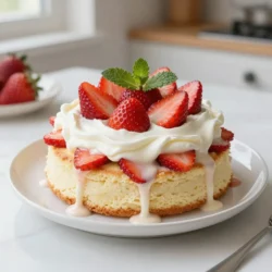 To make a great strawberry shortcake poke cake, you need these main ingredients: - 1 box of vanilla cake mix - 3 large eggs - 1 cup water - 1 cup heavy cream - 1 cup sweetened condensed milk - 1 teaspoon vanilla extract - 2 cups fresh strawberries, sliced - 1 &frac12; cups whipped cream (store-bought or homemade) These ingredients create a moist cake that is perfect for soaking up the creamy mixture. You will need a few tools to make this cake. Here&rsquo;s what I recommend: - Large mixing bowl - Electric mixer - 9x13 inch baking dish - Wooden spoon or skewer - Whisk - Wire rack These tools help you mix, bake, and prepare the cake easily. To make your cake extra special, consider these optional garnishes: - Fresh mint leaves - Extra strawberries for decoration - A drizzle of strawberry syrup Garnishes add color and flavor, making your cake look and taste amazing. {{ingredient_image_1}} Start by preheating your oven to 350&deg;F (175&deg;C). Grease and flour a 9x13-inch baking dish. In a large bowl, mix the vanilla cake mix, eggs, and water. Beat the mixture with an electric mixer on medium speed for two minutes. You want the batter to be smooth and well combined. Pour the batter into the greased dish. Bake for 25-30 minutes. Check if it's done by inserting a toothpick in the center. If it comes out clean, the cake is ready. Let it cool in the pan for 10 minutes. Then, move it to a wire rack to cool completely. This step is important so your cake can soak up the flavors later. Once the cake is cool, take a wooden spoon handle or a skewer. Poke holes all over the cake, about 1 inch apart. This allows the cream mixture to soak in. In a separate bowl, whisk together the heavy cream, sweetened condensed milk, and vanilla extract. Slowly pour this mixture over the poked cake. Make sure to fill all the holes. Let the cake soak for at least 30 minutes. For best results, let it soak overnight in the fridge. This will make your cake super moist and flavorful. To start, always use fresh ingredients. This step matters a lot. Use a good-quality vanilla cake mix for the best taste. Follow the instructions on the box. Mix the batter well for a fluffy cake. I recommend using an electric mixer. It saves time and ensures even mixing. Make sure your oven is preheated. This way, your cake will bake evenly. Grease and flour your baking dish well. This will help the cake come out clean. After baking, let your cake cool. Use a wooden spoon to poke holes in the cake. Space the holes about one inch apart. Pour the cream mixture slowly over the cake. This allows the cake to soak up all the flavor. For best results, let it soak for at least 30 minutes. If you can, let it soak overnight. The longer it sits, the better the flavor. When it's time to serve, keep it simple and pretty. Cut the cake into squares. Place each piece on a plate. Add a drizzle of strawberry syrup for extra sweetness. Top with whipped cream and fresh strawberries. For a nice touch, add mint leaves on top. This adds a pop of color and flavor. Enjoy your cake chilled; it tastes best that way! Pro Tips Use Fresh Strawberries: For the best flavor and texture, always opt for fresh, ripe strawberries. They enhance the overall taste of your poke cake. Soaking Time Matters: Allow the cake to soak in the cream mixture for at least 30 minutes, but overnight soaking yields a more flavorful result. Make It a Day Ahead: This cake tastes even better the next day. Preparing it a day in advance allows the flavors to meld perfectly. Whipped Cream Alternatives: If you're short on time, store-bought whipped cream works well, but homemade whipped cream adds a special touch. {{image_2}} You can switch up the cake flavor for your poke cake. Instead of vanilla, try a lemon or chocolate cake mix. Lemon adds a bright twist, while chocolate gives a rich taste. Both options work well with the creamy filling and fresh fruit. When you change the cake flavor, remember to adjust your toppings. A lemon cake pairs nicely with blueberries, while chocolate goes great with raspberries. Strawberries are sweet and delicious, but other fruits can shine, too! You can use blueberries, blackberries, or peaches. Mix and match your favorites for a fun treat. If you want a tropical vibe, consider adding pineapple or mango. Just make sure the fruit is fresh for the best flavor. You can even create a fruit medley for a colorful finish. Making a vegan or gluten-free poke cake is easy! For a vegan version, use a plant-based cake mix. Replace eggs with applesauce or flaxseed. For gluten-free, choose a gluten-free cake mix. Both options taste great and keep the cake moist. The filling can be made with coconut cream instead of heavy cream for a vegan delight. Enjoy all the flavors without the guilt! To keep your strawberry shortcake poke cake fresh, use an airtight container. Place the cake in the fridge to prevent it from drying out. If you have whipped cream on top, cover it loosely with plastic wrap. This keeps the cream fluffy and prevents it from sticking. You can freeze the cake for later use. First, cut it into squares. Wrap each piece tightly in plastic wrap, then place it in a freezer bag. This helps keep out air and moisture. You can freeze it for up to three months. When you're ready to eat it, thaw it in the fridge overnight. The cake lasts about three to four days in the fridge. To ensure the best taste, eat it within this time. If you notice any off smells or changes in texture, it&rsquo;s best to discard it. Always check for freshness before serving. Enjoy your cake while it&rsquo;s still at its best! A poke cake is a fun dessert. You bake a cake, then poke holes in it. You pour a sweet mixture over the cake. This lets the flavors soak in. It makes the cake moist and tasty. Yes, you can use frozen strawberries. Just make sure to thaw them first. Drain any extra juice to keep the cake from getting soggy. Fresh strawberries are great, but frozen ones work well too. You can keep the cake in the fridge for about 3 to 5 days. Make sure to cover it well to keep it fresh. If you want it to last longer, consider freezing it. You now have all the steps to make a delicious strawberry shortcake poke cake. We covered the main ingredients, tools, and optional garnishes. I shared easy instructions for baking and soaking the cake. Plus, I provided tips to help you get it just right and fun variations to try. Don't forget how to store leftovers or tips on freezing. Enjoy experimenting with flavors and toppings. This cake is tasty and simple for all occasions. You&rsquo;re set to impress your friends and family with your new dessert skills!