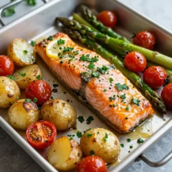 To make this flavorful dish, you need: - 4 salmon fillets - 2 tablespoons olive oil - 2 tablespoons fresh lemon juice - Zest of 1 lemon - 2 cloves garlic, minced - 1 teaspoon dried oregano - 1 teaspoon dried thyme - Salt and pepper to taste - 1 cup cherry tomatoes, halved - 1 cup asparagus spears, trimmed - 1 cup baby potatoes, halved or quartered These ingredients work together to create a bright and zesty flavor in your meal. The salmon gives a rich taste, while the veggies add color and nutrition. You can add some fresh garnishes to elevate your dish: - Fresh parsley - Lemon wedges These garnishes add a pop of color and extra flavor. Fresh parsley brightens the dish, while lemon wedges give an extra citrus kick. Try them to make your meal even more appealing! {{ingredient_image_1}} First, set your oven to 400&deg;F (200&deg;C). This high heat helps cook the salmon and veggies just right. While the oven warms up, take a large sheet pan. Grab your baby potatoes and cut them in half or quarters. Spread them in a single layer on the pan. Drizzle a little of the lemon herb mix on the potatoes. Toss them gently to coat with the oil and seasonings. This step will help them roast evenly. In a small bowl, combine 2 tablespoons of olive oil, 2 tablespoons of fresh lemon juice, and the zest from one lemon. Next, add 2 minced garlic cloves, 1 teaspoon of dried oregano, and 1 teaspoon of dried thyme. Season with salt and pepper to taste. Whisk everything together until it blends well. This marinade gives your salmon a fresh, zesty flavor. After the potatoes roast for 15 minutes, it&rsquo;s time to add more veggies. Carefully take out the sheet pan. Add 1 cup of asparagus spears and 1 cup of halved cherry tomatoes. Place 4 salmon fillets on top of the veggies. Brush the salmon with the remaining lemon herb mixture. This will keep the fish moist and flavorful. Return the sheet pan to the oven. Roast for an additional 12 to 15 minutes. The salmon is done when it flakes easily with a fork. Let it rest for a few minutes before serving. Enjoy your delicious meal! To achieve flaky salmon, cook it at 400&deg;F (200&deg;C). This temperature helps the salmon cook evenly. When done, it should flake easily with a fork. You can check this by gently pressing down on the fillet with a fork. If it separates into sections, it&rsquo;s ready to eat. Marinating your salmon helps boost the taste. I recommend marinating for at least 30 minutes. This allows the flavors to soak in. You can add more herbs like dill or cilantro for an extra kick. Spices like paprika or cumin can also add depth. Feel free to mix and match based on your taste. Pro Tips Perfectly Flaky Salmon: To ensure your salmon is perfectly cooked, check for doneness by inserting a fork into the thickest part; it should flake easily and appear opaque. Veggie Variations: Feel free to substitute or add other seasonal vegetables like bell peppers or zucchini for a colorful and nutritious dish. Make It Your Own: Experiment with different herbs such as dill or basil to customize the flavor profile to your liking. Meal Prep Friendly: This dish is great for meal prepping; simply store the leftovers in airtight containers for up to 3 days and reheat in the oven or microwave. {{image_2}} You can switch up the veggies to keep this dish fresh. Choose seasonal options like zucchini, bell peppers, or broccoli. These vegetables roast well and add flavor. If you want to substitute, try carrots or green beans. Just cut them to similar sizes for even cooking. Remember, the goal is to have colorful and tasty veggies alongside your salmon. You don&rsquo;t have to stick with salmon. Other fish like trout or cod work great too. They bring their own flavors and textures to the dish. Adjusting cooking times is key. For thinner fillets, check them at about 10-12 minutes. Thicker pieces may need an extra few minutes. Always look for that flaky texture to know it's done. After enjoying your sheet pan lemon herb salmon, you may have some leftovers. Proper storage keeps it tasty for later. - Cool the leftovers: Allow the salmon and veggies to cool at room temperature for about 30 minutes. - Use airtight containers: Transfer the leftovers into airtight containers. This helps keep moisture in and air out. - Refrigerate promptly: Store the containers in the fridge within two hours. Salmon stays fresh for up to three days. - Label and date: If you wish, label the containers with the date. This helps you keep track of freshness. Reheating your salmon and veggies can be tricky. You want to keep them moist and flavorful. - Oven method: Preheat your oven to 350&deg;F (175&deg;C). Place the salmon and veggies on a baking sheet. Cover with foil to keep moisture in. Heat for about 10-15 minutes until warm. - Microwave method: If you&rsquo;re in a hurry, use the microwave. Place the salmon and veggies on a microwave-safe plate. Cover with a damp paper towel. Heat in 30-second bursts until warm, checking often. - Pan method: For a quick option, place the salmon in a skillet over low heat. Add a splash of water or broth. Cover and heat for about 5 minutes, checking to avoid drying. These methods will help you enjoy your flavorful sheet pan lemon herb salmon just as much the next day! Look for these signs of perfectly cooked salmon: - The salmon should be opaque and light pink. - It will flake easily when you poke it with a fork. - The internal temperature should reach 145&deg;F (63&deg;C). When you see these signs, your salmon is done. A little care ensures it tastes great. Yes, you can use frozen salmon. Here are tips for using frozen vs. fresh salmon: - Thaw the salmon in the fridge overnight for best results. - If you're short on time, you can run it under cold water for a quick thaw. - Adjust cooking time if your salmon is still slightly frozen. It may need a few extra minutes. Frozen salmon can taste just as good if you cook it right. Pair your salmon with these side dish recommendations for balanced meals: - Roasted asparagus: It complements the salmon's flavors well. - Steamed broccoli: Adds color and nutrients to your plate. - Quinoa or rice: These grains soak up the tasty juices. - Mixed greens salad: A fresh salad brightens your meal. These side dishes create a complete and enjoyable dining experience. This article covered key steps to make a tasty lemon herb salmon. We outlined ingredients, provided step-by-step instructions, and offered tips for perfecting your dish. I emphasized storage and answered common questions. Cooking salmon can be easy and fun. Use fresh herbs and spices to boost flavor. Don&rsquo;t fear trying new vegetables or proteins. Enjoy your meal! Each bite will show your effort and care.