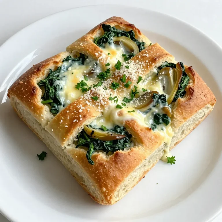 To make this tasty dish, gather these key items: - 1 loaf of fresh Italian bread or pull-apart bread - 1 cup fresh spinach, chopped - 1 cup canned artichoke hearts, drained and chopped - 1 cup cream cheese, softened - 1 cup shredded mozzarella cheese - 1/2 cup grated Parmesan cheese - 2 cloves garlic, minced - 1 teaspoon onion powder - 1/2 teaspoon red pepper flakes (optional for heat) - Salt and pepper to taste - 2 tablespoons olive oil - Fresh parsley, chopped (for garnish) These ingredients blend together to create a rich and creamy filling. The bread serves as the perfect vessel to hold all those wonderful flavors. You can customize your pull-apart bread with optional add-ins. Here are some ideas: - Chopped sun-dried tomatoes for a touch of sweetness - Cooked bacon or ham for extra richness - Fresh herbs like basil or dill for added flavor - A splash of lemon juice for brightness Feel free to mix and match based on your taste. These add-ins can elevate the dish and make it your own. While mozzarella and Parmesan work great, you can try other cheeses too. Here are some suggestions: - Cheddar cheese for a sharper taste - Gouda for a smoky flavor - Feta for a tangy kick Choosing different cheeses can change the flavor profile of your bread. Experiment to find your favorite combination. {{ingredient_image_1}} Start with a fresh loaf of Italian bread. Slice it both horizontally and vertically. Make sure to leave the bottom crust intact. This step creates pockets for the filling. The bread should look like a grid. In a skillet, add olive oil and heat it over medium heat. Once hot, add minced garlic. Cook the garlic for about one minute until it smells great. Next, add chopped spinach and artichoke hearts. Cook these for 2 to 3 minutes until the spinach wilts. Stir often to mix well. In a bowl, mix cream cheese, mozzarella cheese, Parmesan cheese, onion powder, red pepper flakes, salt, and pepper. Blend until smooth. Fold the cooked spinach and artichokes into this cheesy mix. Use a spoon to fill the bread's crevices with this mixture. Wrap the stuffed bread in aluminum foil and place it on a baking sheet. Bake in a preheated oven at 350°F for 15 to 20 minutes. The cheese should be melted and bubbly. After baking, let it cool slightly. Garnish with fresh parsley before serving. To make the best spinach artichoke filling, use fresh ingredients. Fresh spinach adds flavor and nutrients. Use canned artichokes, but drain them well. This keeps the filling from getting too wet. Mix softened cream cheese with shredded mozzarella and Parmesan. This blend gives a creamy texture. Add minced garlic for a tasty kick. Onion powder and red pepper flakes can enhance the flavor. Taste the mixture before you fill the bread. Adjust salt and pepper as needed. When baking the bread, wrap it in aluminum foil. This helps the cheese melt evenly. Bake at 350°F for 15-20 minutes. The cheese should be bubbly and warm. After baking, let the bread cool for a few minutes. This makes it easier to pull apart. Serve it warm for the best taste. Pair it with marinara sauce for extra flavor. The sauce adds a nice touch for dipping. Presentation can make your dish stand out. Serve the pull-apart bread on a wooden cutting board. This gives a rustic look. Sprinkle fresh parsley on top for color. For a fun twist, add a small bowl of marinara sauce next to the bread. This not only looks good but also adds flavor. You can also arrange fresh veggies around the bread. This creates a vibrant and inviting display. Pro Tips Use Stale Bread: For a better texture, consider using slightly stale bread, as it holds the filling better and creates a delightful crunch. Customize Your Cheeses: Feel free to mix different types of cheese like cheddar or gouda for a unique flavor twist. Extra Flavor: Add some cooked bacon or sausage to the filling for an extra savory kick that pairs wonderfully with spinach and artichokes. Make Ahead: Prepare the filling a day in advance and keep it refrigerated. Just fill the bread and bake when ready to serve! {{image_2}} You can change the cheese to suit your taste. Some good options include cheddar, gouda, or feta. Each cheese adds a unique flavor. For a sharper taste, use aged cheddar. If you prefer creaminess, try using ricotta. Mixing different cheeses can create a fun twist. If you want more flavor, add proteins like cooked chicken, bacon, or crab. Shredded chicken blends well with the spinach and artichoke mix. Crumbled bacon gives a smoky taste. Crab meat adds a fancy touch. Just make sure to keep the total filling balanced. To make this dish gluten-free, use gluten-free bread. Many brands offer soft, pull-apart options. For a vegan version, swap the cream cheese and cheeses for plant-based alternatives. Use nutritional yeast for a cheesy flavor without dairy. Adjust the recipe as needed to fit your diet. This way, everyone can enjoy this tasty bread! To keep your leftover pull-apart bread fresh, wrap it tightly in plastic wrap. You can also store it in an airtight container. Make sure to keep it in the fridge. This will help maintain the bread's texture and flavor. Consume it within 3-4 days for the best taste. When it’s time to enjoy leftovers, preheat your oven to 350°F (175°C). Unwrap the bread from any plastic. Place the bread on a baking sheet. Heat it for about 10-15 minutes. This helps the cheese melt and the bread warm up nicely. If you want, cover it with foil to prevent over-browning. To freeze the pull-apart bread, wrap it tightly in plastic wrap and then in foil. This keeps out air and moisture. You can freeze it for up to 3 months. When ready to eat, thaw it in the fridge overnight. Then reheat it in the oven as mentioned earlier. Enjoy your tasty treat even after freezing! Yes, you can prepare this bread ahead of time. After you fill the bread, cover it with foil. Chill it in your fridge for a few hours or overnight. When you are ready to bake, just pop it in the oven. It will still taste fresh and delicious. You can serve this bread with many tasty sides. Here are some ideas: - Marinara sauce for dipping - A fresh green salad - Hummus or tzatziki for extra flavor - Veggies and ranch dressing Each of these options enhances the bread's creamy and savory filling. You will know the bread is fully baked when the cheese is melted and bubbly. Look for a golden color on the bread's top. The center should feel warm when you gently press it. If you want, you can use a thermometer; the inside should be at least 165°F (74°C) to ensure it is safe to eat. Spinach Artichoke Pull-Apart Bread is fun and easy to make. You learned about key ingredients, step-by-step prep, and great tips. I shared ways to mix flavors and cater to different diets. Perfecting storage and reheating keeps it fresh. This dish is easy to customize and impresses guests. Now it’s time to enjoy the deliciousness with family and friends!