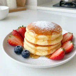 - 1 cup all-purpose flour - 2 tablespoons sugar - &frac12; teaspoon baking powder - &frac14; teaspoon baking soda - &frac12; cup milk (preferably warm) - 2 large eggs (separated) - 1 teaspoon vanilla extract - A pinch of salt - Unsalted butter (for greasing the pan) - Powdered sugar (for dusting) - Fresh fruits and maple syrup (for serving) Meringue is key for the fluffiness of these pancakes. When you whip the egg whites, they trap air. This air makes the pancakes rise and become light. Baking powder also plays a big role. It helps the batter rise while cooking. This creates that soft, airy texture we love. If you need dairy-free options, try almond or oat milk. For a gluten-free version, use a gluten-free flour blend. Both work well in this recipe. These swaps keep the pancakes light and fluffy, just like the original. {{ingredient_image_1}} 1. Sifting dry ingredients for a smoother batter Start by taking a mixing bowl. Sift 1 cup of all-purpose flour, 2 tablespoons of sugar, &frac12; teaspoon of baking powder, and &frac14; teaspoon of baking soda. Sifting helps break up clumps and mixes the dry ingredients well. This step makes your batter smooth and light. 2. Mixing wet ingredients thoroughly In a different bowl, whisk together 2 large egg yolks, &frac12; cup of warm milk, 1 teaspoon of vanilla extract, and a pinch of salt. Mix until the mixture is smooth. This helps blend the flavors well and ensures even cooking. 1. Importance of beating egg whites to stiff peaks In another clean bowl, beat the 2 egg whites until they form stiff peaks. This means that when you lift the whisk, the peaks hold their shape. This step is key for fluffiness. The air trapped in the egg whites will make your pancakes rise. 2. Folding techniques to maintain airiness Gently fold the whipped egg whites into your batter. Use a spatula and be careful not to deflate the mixture. The goal is to keep as much air as possible. This will ensure that your pancakes remain light and airy. 1. Tips on heat setting for cooking Heat a non-stick skillet over low heat. It&rsquo;s important to keep the heat low. If it&rsquo;s too hot, the pancakes may burn before they cook through. This helps to keep them fluffy and soft. 2. Using ring molds for even shape You can use ring molds to shape your pancakes. Scoop the batter into the molds on the skillet. This helps make them round and uniform. Cover the pancakes with a lid to trap the heat. Cook them for about 4-5 minutes until bubbles form. Then carefully flip and cook for another 4-5 minutes. To make your pancakes fluffy, avoid overmixing the batter. When you combine wet and dry ingredients, leave some lumps. This keeps the batter airy. The right consistency is thick but pourable. If it&rsquo;s too runny, add a bit more flour. If too thick, add a splash of milk. A non-stick skillet is key for cooking these pancakes. It helps prevent sticking and gives a nice golden color. You can also use a frying pan, but ensure it&rsquo;s well-greased. This will help you flip the pancakes easily and keep them fluffy. Check out some videos online for visual guidance. Watching the folding technique for egg whites can be very helpful. Look for images of the pancakes at different stages, too. This will help you know what to expect. Pro Tips Use Warm Milk: Warm milk helps to create a smoother batter and enhances the overall fluffiness of the pancakes. Don&rsquo;t Overmix: Mixing the batter until just combined ensures that the pancakes remain light and airy. Slight lumps are perfectly fine! Low and Slow Cooking: Cooking on low heat allows the pancakes to rise properly without burning, resulting in that signature fluffy texture. Use a Lid: Covering the skillet while cooking helps to trap steam, which contributes to the pancakes&rsquo; fluffiness. {{image_2}} You can make fluffy Japanese pancakes even more fun by adding flavors. Here are two tasty ideas: - Matcha-flavored fluffy pancakes: Add 1-2 teaspoons of matcha powder to your dry mix. This gives a nice green color and a mild, earthy taste. It pairs well with sweet toppings. - Chocolate chip fluffy pancakes: Stir in a handful of chocolate chips into the batter before cooking. The melted chocolate creates a sweet surprise in each bite. Toppings can change your pancake game. Here are some great options: - Fresh fruit combinations: Use strawberries, bananas, or blueberries. These fruits add sweetness and color to your dish. You can also try a mix of fruits for more flavor. - Unique syrup alternatives: Instead of regular maple syrup, try honey or flavored syrups. Vanilla or caramel syrup can add a fun twist. They can enhance your pancake experience. You can adapt fluffy Japanese pancakes for different diets. Here are some ideas: - Vegan options for fluffy pancakes: Replace eggs with flaxseed meal or unsweetened applesauce. Use almond milk or oat milk instead of regular milk. This keeps the pancakes fluffy and delicious. - Gluten-free variations: Use gluten-free flour blends to make these pancakes. Just make sure the flour includes a binding agent to keep the pancakes together. You won&rsquo;t miss the gluten! To keep your fluffy pancakes fresh, store them in an airtight container. This helps prevent them from drying out. Place parchment paper between layers to avoid sticking. Keep the container in the fridge. They will stay good for about three days. When you are ready to eat your pancakes, reheat them gently. You can use a microwave or a skillet. If using a microwave, heat for 15-20 seconds. For a skillet, warm on low heat for a few minutes. This will help get back some of that fluffy texture. To freeze pancakes, stack them with parchment paper in between. Place the stack in a freezer-safe bag. Be sure to remove as much air as possible. This helps avoid freezer burn. When you want to eat a frozen pancake, take it out and let it thaw in the fridge overnight. If you&rsquo;re in a hurry, you can use the microwave. Heat for about 30 seconds on low power. Fluffy Japanese pancakes last about three days in the fridge. In the freezer, they can last up to two months. Always check for any signs of spoilage before eating. Enjoy your delicious pancakes while they are fresh! To make your Japanese pancakes extra fluffy, start by whipping the egg whites. Beat them until they form stiff peaks. This step is key for creating air in the batter. Next, gently fold the whipped egg whites into the batter. Be careful not to deflate them. Also, cook the pancakes on low heat. Covering the pan helps steam the pancakes, making them rise even more. You can use whole wheat flour, but it will change the texture. Whole wheat flour is denser. It may not give the same lightness as all-purpose flour. If you choose whole wheat, you might want to add a bit more milk. This helps balance the thickness and keeps it moist. Fluffy Japanese pancakes can last in the fridge for about 2 to 3 days. Store them in an airtight container to keep them fresh. If you want to keep them longer, you can freeze them. Frozen pancakes last up to a month. Just reheat them in a toaster or microwave for a quick treat. This article covered key ingredients that make fluffy pancakes, including meringue and baking powder. We explored preparation steps and tips to achieve that perfect fluffiness. You learned about tasty variations and how to store leftovers for future enjoyment. Fluffy pancakes can be a fun and versatile dish. Experiment with flavors, adapt for dietary needs, and enjoy your creations! Remember, practice makes perfect, so keep trying new techniques. Your next pancake breakfast can be amazing!