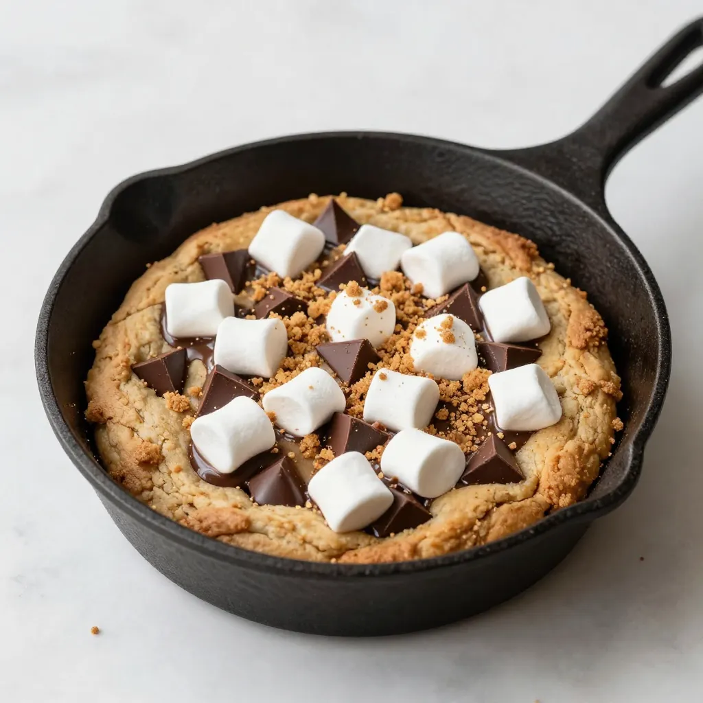 - 1 cup all-purpose flour - 1/2 teaspoon baking soda - 1/4 teaspoon salt - 1/2 cup unsalted butter, softened - 1/2 cup brown sugar - 1/4 cup granulated sugar - 1 large egg - 1 teaspoon vanilla extract - 1/2 cup chocolate chips - 1/2 cup mini marshmallows - 1/2 cup graham cracker crumbs - Additional chocolate chips and mini marshmallows for topping When I create a S'mores Cookie Skillet, I focus on quality. The flour gives structure. Baking soda helps it rise. Salt enhances all the flavors. Softened butter brings richness. Brown sugar adds moisture and a deep flavor. Granulated sugar gives it a nice crunch. I use a large egg for binding. Vanilla extract brings warmth and depth. Chocolate chips melt beautifully. Mini marshmallows add that famous gooeyness. Graham cracker crumbs give that needed crunch. The extra toppings make it special, too. If you want a gluten-free option, you can use gluten-free flour. It will still taste great. For a vegan version, try using vegan butter. You can replace the egg with a flax egg or applesauce. Both options work well in this recipe. For the best taste, choose high-quality chocolate. Dark chocolate or semi-sweet chocolate will melt well. Always check your marshmallows and graham crackers for freshness. Fresh items make your dessert taste better and more enjoyable. High-quality ingredients elevate your S'mores Cookie Skillet to a new level. {{ingredient_image_1}} To start, you need to preheat your oven to 350°F (175°C). This step is key for even baking. While the oven warms up, grab a 10-inch cast-iron skillet or any oven-safe pan. Grease it well to help the cookie slide out easily later. First, in a medium bowl, combine 1 cup of all-purpose flour, 1/2 teaspoon of baking soda, and 1/4 teaspoon of salt. Whisk these dry ingredients together until they mix well. Next, in a large bowl, cream together 1/2 cup of softened unsalted butter, 1/2 cup of brown sugar, and 1/4 cup of granulated sugar. Mix until it looks light and fluffy, which should take about 2-3 minutes. Then, add in 1 large egg and 1 teaspoon of vanilla extract. Stir until everything is combined. Now, slowly add the dry mix to the wet mix. Stir gently until they just come together. Fold in 1/2 cup of chocolate chips, 1/2 cup of mini marshmallows, and 1/2 cup of graham cracker crumbs. Ensure these goodies are evenly spread throughout the dough. Spread the cookie dough evenly in your greased skillet. To make it even more delicious, sprinkle extra chocolate chips and mini marshmallows on top. Bake your skillet cookie in the preheated oven for 20-25 minutes. Watch for golden brown edges and a soft center. The middle should be cooked but still gooey. After baking, let it cool for a few minutes before serving. The marshmallows will be very hot! Enjoy it warm, right from the skillet. To get that gooey center and crispy edges, watch your baking time carefully. Start with 20 minutes in the oven. Check if the edges are golden brown. The middle should look soft but not raw. If it seems too undercooked, give it a few more minutes. Each oven bakes a bit differently, so adjust as needed. Serving is fun with a S'mores Cookie Skillet. You can plate it right in the skillet for a cozy vibe. Add extra graham crackers on the side for dipping. A scoop of ice cream or a dollop of whipped cream makes it even better. Drizzle with chocolate sauce for a rich touch. Want to amp up the flavor? Try adding a pinch of cinnamon or a dash of vanilla extract to the batter. These spices add warmth and depth. You can also mix in nuts, like chopped pecans or walnuts, for a crunch. Dried fruits, such as chopped cherries or cranberries, also work well. Get creative with your add-ins! Pro Tips Use Room Temperature Ingredients: Ensuring your butter and egg are at room temperature helps create a smoother batter and better rise during baking. Don’t Overmix: When combining the dry and wet ingredients, mix just until incorporated to keep the cookies tender and chewy. Extra Gooeyness: Add a few extra mini marshmallows on top during the last few minutes of baking for an irresistibly gooey finish. Cool Slightly Before Serving: Allow the skillet to cool for a few minutes to let the marshmallows set slightly, making it easier to serve and enjoy. {{image_2}} You can mix up your S'mores Cookie Skillet by trying new flavors. One tasty option is the peanut butter S'mores cookie skillet. Just add 1/2 cup of creamy peanut butter to the butter mixture. This adds a rich taste that pairs well with chocolate and marshmallows. Another fun twist is the mint chocolate version. Add 1/2 teaspoon of peppermint extract to the batter. Toss in some mint chocolate chips instead of regular ones. This gives a fresh and cool flavor that makes every bite special. You can easily adjust this recipe for different diets. To make it gluten-free, swap the all-purpose flour for a gluten-free blend. Make sure the blend contains xanthan gum to keep the texture nice. For a vegan-friendly version, use vegan butter and an egg substitute. A simple option is 1/4 cup of unsweetened applesauce for each egg. This keeps your cookies soft and chewy without using any animal products. You can celebrate the seasons with unique twists on this dish. For fall, try adding pumpkin spice. Mix in 1 teaspoon of pumpkin spice with the dry ingredients. This gives a warm, cozy flavor that’s perfect for autumn. During the holidays, make a festive edition with peppermint. Stir in crushed candy canes into the dough for a fun crunch. You can also sprinkle them on top before baking for a colorful finish. These seasonal variations make your S'mores Cookie Skillet a treat all year round! Store leftover S'mores Cookie Skillet in an airtight container. This keeps it fresh and tasty. Let it cool down before covering. Refrigerate for up to four days. For best results, use a glass or plastic container with a tight lid. This helps avoid any fridge odors. You can also place a piece of parchment paper between layers to keep it from sticking. To reheat, you can use the oven or microwave. The oven gives a nice crispy edge. Preheat your oven to 350°F (175°C). Place the skillet in for about 10 minutes. If you’re in a hurry, the microwave works too. Heat it in 15-second bursts. Watch closely to avoid melting it too much. Let it sit for a minute to cool down. This helps keep the gooey texture. You can freeze your baked skillet cookies. Let them cool completely first. Cut into slices for easier thawing. Wrap each slice in plastic wrap, then store in a freezer-safe bag. For best taste, eat within three months. To thaw, place in the fridge overnight. Reheat as mentioned above for the best texture. Enjoy that gooey goodness again! Yes, you can prep this dessert ahead. Make the dough and store it in the fridge. When you're ready to bake, just spread it in the skillet and bake as usual. If you want to store leftovers, let the skillet cool. Cover it tightly and keep it in the fridge for up to three days. Reheat it before serving for a warm treat. If you don’t have a cast-iron skillet, don’t worry! You can use any oven-safe pan. A 10-inch round cake pan works well too. Just make sure it’s greased properly so the cookie doesn't stick. You can also use a glass baking dish, but keep an eye on the baking time since it may vary. Look for a golden-brown edge and a soft center. The edges should be firm, while the middle remains gooey. A toothpick inserted in the center should come out with some moist crumbs. Remember, it will continue to cook slightly after you take it out of the oven! Absolutely! You can mix in nuts, like walnuts or pecans, for crunch. Try adding peanut butter chips or butterscotch chips for a twist. Top with crushed graham crackers for extra texture or drizzle with caramel sauce. Get creative and make it your own! This article covers all you need for a S'mores Cookie Skillet. We looked at key ingredients, tasty substitutions, and quality tips. I shared step-by-step baking instructions to help you succeed. Plus, I provided fun ideas for serving and ways to mix up flavors. Enjoy creating your own version! This dessert is fun to make and share. Don’t be afraid to experiment and have fun with it. Your kitchen is a place for joy and creativity.