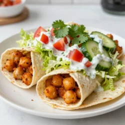 - 1 can (15 oz) chickpeas - 1/4 cup hot sauce - 1 tablespoon olive oil - 1 teaspoon garlic powder - 1 teaspoon onion powder - 1/2 teaspoon smoked paprika - Salt and pepper to taste - 4 large whole grain tortillas or wraps - 1 cup shredded lettuce - 1 cup diced tomatoes - 1/2 cup sliced cucumbers - 1/4 cup vegan ranch dressing - Fresh cilantro or parsley - Extra hot sauce The main ingredients are simple yet packed with flavor. The chickpeas are the star. They give this dish a hearty feel. Hot sauce brings the heat, while olive oil adds richness. Garlic powder and onion powder enhance the taste. Smoked paprika adds a nice touch of smokiness. Don't forget salt and pepper for balance. Now, the additional ingredients make this meal fresh and crunchy. The tortillas or wraps hold everything together. Fresh veggies like lettuce, tomatoes, and cucumbers add crunch and color. Vegan ranch dressing ties it all together with a creamy touch. For optional garnishes, fresh herbs like cilantro or parsley brighten up the dish. If you want more heat, drizzle on extra hot sauce. This combination of ingredients makes your Vegan Buffalo Chickpea Wraps a satisfying and tasty meal! {{ingredient_image_1}} - Preheat your oven to 400&deg;F (200&deg;C). This heat will help make the chickpeas crispy. - In a medium bowl, mash the drained chickpeas with a fork. Leave some chunks for texture. - Add hot sauce, olive oil, garlic powder, onion powder, smoked paprika, salt, and pepper to the mashed chickpeas. Stir well until combined. - Spread the chickpea mixture evenly on a lined baking sheet. Bake for 15-20 minutes, until slightly crispy. - While the chickpeas bake, lay out the tortillas on a clean surface. - Spread a tablespoon of vegan ranch dressing on each tortilla. - Once the chickpeas are done, divide the mixture among the wraps. - Top with shredded lettuce, diced tomatoes, and sliced cucumbers. - Roll the wraps tightly, folding in the ends to secure the filling. - Slice the wraps in half diagonally and garnish with fresh cilantro or parsley. To ensure the chickpeas are crispy, start by spreading them evenly on the baking sheet. Bake at 400&deg;F for 15 to 20 minutes. Keep an eye on them to avoid burning. Let them cool slightly so they maintain their crunch. To prevent wraps from getting soggy, always use fresh tortillas. Spread the vegan ranch dressing just before serving. This keeps the tortillas firm and tasty. Consider using a layer of lettuce directly on the tortilla. It acts as a barrier against moisture. For a great presentation, slice the wraps in half and arrange them on a platter. Drizzle some vegan ranch dressing on the side for dipping. A sprinkle of extra hot sauce adds a nice touch for spice lovers. Use fresh herbs like cilantro or parsley as a garnish. It brightens up the dish and adds color. To add different spices or sauces, consider smoked paprika or cayenne pepper for heat. You can also mix in a bit of lime juice for a zesty kick. Experiment with other sauces like BBQ or teriyaki for unique flavors. For customizing vegetables in the wraps, try adding avocado slices or bell peppers. You can also swap lettuce for kale or spinach for added nutrients. This way, you can make the wraps your own! Pro Tips Adjust the Heat: If you prefer milder flavors, reduce the amount of hot sauce or opt for a less spicy variety. Chickpea Texture: For a creamier texture, blend the chickpeas instead of mashing them. This creates a smoother filling. Wrap Variations: Experiment with different veggies or add avocado slices for extra creaminess and flavor. Meal Prep Friendly: The chickpea mixture can be made ahead of time and stored in the fridge for quick assembly during the week. {{image_2}} You can change the chickpeas to other beans. Black beans or lentils work well. You can also use pinto beans for a different taste. If you want a gluten-free option, try corn tortillas. They add a nice flavor, too. Whole grain wraps are great, but corn tortillas can make it even lighter. Want a sweet twist? Add a bit of maple syrup to the hot sauce mix. This will balance the heat nicely. You can also top your wrap with sliced avocado. It adds creaminess and healthy fats. If you like cheese, try using vegan cheese shreds for a bit of richness. For a gluten-free option, use corn tortillas. They taste great and hold the filling well. If you need a low-carb choice, use lettuce wraps instead. They keep it fresh and crunchy without the carbs. Both options let you enjoy the wrap in a way that fits your diet. After making these wraps, store any leftovers in an airtight container. This helps keep them fresh. They will last in the fridge for about 3 days. Check for any signs of spoilage before eating. You can freeze the wraps for later. Wrap each one tightly in plastic wrap, then place them in a freezer bag. This keeps them safe from freezer burns. To reheat, thaw in the fridge overnight. Then, heat in the oven or microwave until warm. Prepping ingredients ahead of time makes life easier. You can mash the chickpeas and mix in the spices a day in advance. Store the mixture in the fridge. When you&rsquo;re ready to eat, just assemble the wraps. This way, you have quick meals ready in no time! You can make simple vegan ranch dressing at home. Here is a quick recipe: - 1/2 cup vegan mayo - 1/4 cup almond milk - 1 teaspoon garlic powder - 1 teaspoon onion powder - 1 tablespoon lemon juice - Salt and pepper to taste Mix all these ingredients in a bowl. Adjust the spices as you like. This dressing is creamy and tasty. It goes great with many dishes. Yes, you can prepare the wraps ahead of time. Here are some tips: - Make the chickpea filling and store it in the fridge. - Prepare the vegetables and keep them in separate containers. - Assemble the wraps just before serving. This way, they stay fresh and crunchy. You can eat them for lunch or dinner easily. These wraps taste great with several sides. Here are some suggestions: - Sweet potato fries for a crispy treat. - A fresh green salad for a light side. - Veggie sticks with hummus for a crunchy snack. These sides complement the spicy wraps well. They add more flavor and fun to your meal. These buffalo chickpea wraps are packed with flavor and easy to make. You learned about the main and optional ingredients, step-by-step preparation, and creative ways to serve and store them. Feel free to customize the wrap to fit your taste. Experiment with different spices or ingredients to make it your own. Enjoy a tasty and healthy meal that fits your needs. Try these wraps today, and you&rsquo;ll love the results.