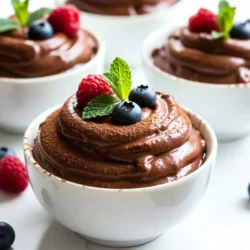 To make a rich and creamy avocado chocolate mousse, you need just a few simple ingredients. Here&rsquo;s what you will need: - 2 ripe avocados - 1/2 cup unsweetened cocoa powder - 1/4 cup maple syrup (or honey) - 1/4 cup almond milk (or any milk of choice) - 1 teaspoon vanilla extract - Pinch of sea salt - Optional garnishes (fresh berries, mint leaves) These ingredients come together to create a dessert that is both healthy and delicious. The avocados provide creaminess and healthy fats, while cocoa powder adds that rich chocolate flavor. Maple syrup or honey sweetens the mousse without refined sugars. Almond milk gives it a smooth texture, and vanilla extract enhances all the flavors. A pinch of sea salt balances the sweetness, making each bite taste amazing. Using fresh berries or mint leaves on top not only looks nice but also adds bright flavors. You can mix and match the garnishes to make each serving unique. This mousse is a fun and tasty way to enjoy avocados in a whole new light! {{ingredient_image_1}} Start by peeling and pitting the avocados. Cut each avocado in half and remove the pit. Use a spoon to scoop the green flesh into a bowl. Next, measure your dry and liquid ingredients. You need 1/2 cup of cocoa powder, 1/4 cup of maple syrup, and 1/4 cup of almond milk. Also, grab 1 teaspoon of vanilla extract and a pinch of sea salt. Now, combine all the ingredients in a food processor. Add the avocados, cocoa powder, maple syrup, almond milk, vanilla extract, and sea salt. Blend until the mixture is completely smooth. You may need to scrape down the sides to ensure even blending. Taste the mousse and adjust the sweetness if needed. If you want it sweeter, add more maple syrup. Blend again to mix everything well. You want a velvety texture that is thick but not too stiff. Refrigeration is key. Chill the mousse in the fridge for at least 30 minutes. This helps it firm up and lets the flavors blend. For serving, transfer the mousse into bowls or ramekins. Garnish with fresh berries and mint leaves for a nice touch. This adds color and freshness to your dish. Enjoy your creamy, chocolatey treat! To get a smooth mousse, I blend the ingredients well. Start by adding the ripe avocados, cocoa powder, maple syrup, almond milk, vanilla extract, and sea salt into a food processor. Blend until the mix is silky and smooth. If you find it gritty, keep blending. Scrape the sides often to mix everything evenly. You want a creamy texture that feels rich in your mouth. Sweetness is key in this recipe. I taste the mousse before serving. If it's not sweet enough, I add more maple syrup. Blend again to mix. You can also play with flavors. For a twist, try adding a dash of cinnamon or a pinch of chili powder. These spices can make the mousse even more fun and unique. I recommend serving the mousse cold after chilling for at least 30 minutes. This helps it set and lets the flavors mingle. For a pretty finish, I like to top it with fresh berries and mint leaves. This adds color and freshness. Pair it with a light cake or some cookies for a delightful dessert experience. Pro Tips Choose Ripe Avocados: Make sure your avocados are ripe for the creamiest texture. They should yield slightly to gentle pressure when squeezed. Unripe avocados will result in a gritty mousse. Adjust Sweetness to Taste: The sweetness of your mousse can be adjusted to your preference. Start with the recommended amount of maple syrup or honey, then add more if desired after blending. Chill for Best Consistency: Allow the mousse to chill in the refrigerator for at least 30 minutes. This helps it firm up and enhances the flavors, making for a more enjoyable dessert. Garnish with Fresh Ingredients: Elevate your presentation by garnishing the mousse with fresh berries and mint leaves. This not only adds color but also a refreshing contrast to the rich chocolate flavor. {{image_2}} You can make this mousse fit your diet easily. For a vegan option, swap honey with maple syrup. This keeps it sweet and plant-based. If you have nut allergies, use oat milk or soy milk instead of almond milk. These swaps keep the mousse creamy and rich without any nuts. Want to change up the taste? Add a shot of espresso or brewed coffee to the mix. This gives the mousse a deep, rich flavor. You can also infuse it with citrus zest. Try using orange or lemon zest for a bright, fresh twist. Both options make each bite exciting and unique. Garnishing can take your mousse to the next level. Use fresh berries like strawberries or raspberries for a pop of color. You might also try sliced bananas or kiwi for a different look. For a fancy touch, consider using mint leaves as a garnish. Arrange everything neatly in a glass or bowl. This makes your dessert not only tasty but also beautiful on the plate. To keep your avocado chocolate mousse fresh, use airtight containers. Small glass jars work well. You can also use plastic containers with tight lids. Before storing, cover the mousse with plastic wrap. This step helps keep air out and prevents browning. If you plan to use it later, chill the mousse first. The cold helps keep the texture nice and smooth. Make sure the mousse is completely cool before sealing it. This way, it stays thick and creamy. The mousse lasts about three days in the refrigerator. It tastes best when enjoyed fresh. After that, it may start to lose its flavor and texture. Signs of spoilage include a change in color or a sour smell. If the mousse looks brown or has an off odor, it&rsquo;s time to toss it. Always check for these signs before serving. No, you cannot taste the avocado. The cocoa powder masks the avocado flavor. The mousse has a rich, chocolatey taste. You will enjoy its creamy texture without any avocado hints. The cocoa and maple syrup create a sweet experience. This makes the dessert feel indulgent and satisfying. Yes, you can make this mousse ahead of time. Prepare it up to two days in advance. Just blend all the ingredients as usual. Then, chill it in the fridge. Cover the bowls with plastic wrap so it stays fresh. When you are ready to serve, give it a quick stir. This helps mix the flavors again. You can make this mousse healthier with a few swaps. Use honey instead of maple syrup if you prefer. Almond milk can be swapped for oat milk or coconut milk. You can also reduce the amount of sweetener used. This gives you more control over the sugar content. Adding a bit of chia seeds boosts fiber too! This blog post offers a simple and fun way to make avocado mousse. You learned about the ingredients, step-by-step instructions, and tips for the best texture and flavor. I shared variations and storage info to help you customize and enjoy this dessert. Making this mousse is easy and rewarding. You can impress friends and family with a tasty treat that is also healthy. Now it&rsquo;s time to get creative and try your own ideas with this versatile recipe!