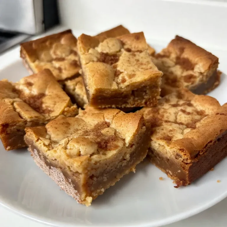 To make Snickerdoodle Blondies, you need these simple ingredients: - 1 cup unsalted butter, melted - 1 cup brown sugar, packed - 1/2 cup granulated sugar - 2 large eggs - 2 teaspoons vanilla extract - 2 cups all-purpose flour - 2 teaspoons baking powder - 1 teaspoon cream of tartar - 1/2 teaspoon salt - 3 tablespoons granulated sugar (for topping) - 1 tablespoon cinnamon (for topping) You can swap some ingredients if needed. Use coconut oil for butter. It adds a nice flavor. Brown sugar can be replaced with coconut sugar for a healthier touch. If you want a lighter taste, use half granulated sugar and half honey. For eggs, try flaxseed meal mixed with water. This works well for binding. To make these blondies gluten-free, use a 1:1 gluten-free flour blend. Look for one that includes xanthan gum. This will help mimic the texture of regular flour. Ensure that your baking powder is gluten-free. Most brands are, but it’s good to check. Enjoy your tasty treats without the gluten! {{ingredient_image_1}} First, preheat your oven to 350°F (175°C). This ensures even baking. Next, grab a 9x13 inch baking dish. Grease it lightly and line it with parchment paper. Leave some paper hanging over the sides. This makes it easy to lift out the blondies later. In a large bowl, melt your unsalted butter. Once melted, add the brown sugar and granulated sugar. Stir until you see no lumps. This mix should feel smooth. Now, crack in the two large eggs. Add them one by one. Beat the mixture well after each egg. Finally, pour in the vanilla extract for extra flavor. In another bowl, mix together the all-purpose flour, baking powder, cream of tartar, and salt. Whisk these dry ingredients well. This helps combine everything evenly. Gradually, add the dry mix to the wet mix. Stir carefully until just combined. Be careful not to overmix; we want chewy blondies! Now, spread the batter evenly into the prepared dish. In a small bowl, mix three tablespoons of granulated sugar with one tablespoon of cinnamon. Sprinkle this sugar mix over the top of the batter. This step adds a lovely cinnamon crust. Place the baking dish in your preheated oven. Bake for 25 to 30 minutes. Keep an eye on it as it bakes. The top will turn a light golden brown. To check if your blondies are ready, use a toothpick. Insert it in the center of the blondies. If it comes out with a few moist crumbs, they are done. If it’s wet with batter, give them a few more minutes. Once baked, let the blondies cool in the pan for about 15 minutes. Use the parchment paper to lift them out onto a wire rack. Allow them to cool completely before slicing. Enjoy your chewy, delightful snickerdoodle blondies! To get soft and chewy snickerdoodle blondies, pay attention to your butter. Use melted unsalted butter for a rich flavor. Mix the butter and sugars until smooth. This step adds air, making your blondies light. Don’t overmix the flour. Stir just until combined; lumps are okay. This keeps them chewy. A few common mistakes can ruin your blondies. First, don’t skip the cream of tartar. It gives that classic snickerdoodle taste. Make sure your oven is preheated. Baking in a cold oven can lead to uneven texture. Also, avoid cutting them too soon. Let them cool for at least 15 minutes. This helps them set and slice cleanly. To enhance chewiness, try these tips. Add an extra egg yolk for moisture. This small change can make a big difference. Also, reduce the baking time slightly. Check for doneness with a toothpick; a few moist crumbs mean they’re ready. Lastly, sprinkle cinnamon and sugar on top before baking. This adds a sweet crust that complements the chewy center. Pro Tips Use Room Temperature Eggs: Allow your eggs to come to room temperature before adding them to the batter for a smoother mixture and better rise. Don't Overmix the Batter: Mix the ingredients until just combined to keep the blondies tender and chewy. Overmixing can lead to a tough texture. Check for Doneness Early: Start checking your blondies a few minutes before the suggested baking time to avoid overbaking, which can dry them out. Store Properly: Keep the blondies in an airtight container at room temperature for up to a week, or freeze them for longer storage. {{image_2}} You can add fun flavors to your Snickerdoodle Blondies. Try mixing in chocolate chips or nuts. Dark, milk, or white chocolate chips work great. Nuts like walnuts or pecans add a nice crunch. Just fold in about one cup of your choice before spreading the batter in the pan. This small step adds a lot of joy to each bite. You can make these blondies vegan too. Replace the eggs with ground flaxseed. Mix one tablespoon of flaxseed with three tablespoons of water. Let it sit for five minutes to thicken. Use coconut oil instead of butter. It gives a nice flavor. You can also use brown sugar that is not processed with bone char. Your vegan blondies will still taste amazing! Take your blondies to another level with seasonal flavors. For fall, add pumpkin puree and pumpkin spice. Use one cup of pumpkin puree in place of some butter. For a sweet winter treat, try maple syrup. Replace half the sugar with maple syrup for a lovely flavor. Each season brings a chance to try something new with these chewy delights! Store your Snickerdoodle Blondies in an airtight container. Line the container with parchment paper to keep them fresh. Place a piece of wax paper between layers if stacking them. This helps prevent them from sticking together. When stored properly, these blondies last about 5 days at room temperature. If you keep them in the fridge, they can last up to a week. However, I recommend enjoying them fresh for the best taste and texture. To freeze your blondies, first let them cool completely. Cut them into squares. Wrap each square in plastic wrap, then place them in a freezer-safe bag. They can last up to 3 months in the freezer. When you're ready to eat, let them thaw at room temperature or warm them in the oven. Blondies and brownies both have a rich, chewy texture, but they differ in flavor. Blondies use brown sugar, giving them a sweet, caramel-like taste. Brownies contain cocoa powder, which adds a chocolate flavor. Blondies are lighter in color and have a distinct vanilla taste from the added vanilla extract. Yes, you can use a different size baking dish. Just keep in mind that the baking time may change. A smaller dish will make thicker blondies, while a larger dish will make them thinner. Adjust your baking time accordingly. Check often to avoid overbaking. To check if the blondies are done, insert a toothpick into the center. If it comes out with a few moist crumbs, they are ready. If the toothpick comes out wet, they need more time. Start checking around the 25-minute mark to avoid overcooking. Absolutely! You can double the recipe to make more blondies. Just use a larger baking dish, like a 12x18 inch pan. Keep in mind that you may need to bake longer. Always check for doneness with a toothpick to ensure perfect results. You learned about making snickerdoodle blondies, from ingredients to storage. I shared key substitutions and tips for great texture. You can try fun variations, too, like adding chocolate chips or making them vegan. Remember to store them right for maximum freshness. This dessert is simple and tasty. I hope you feel inspired to bake and enjoy these delicious treats. Trust me, you won’t regret it!