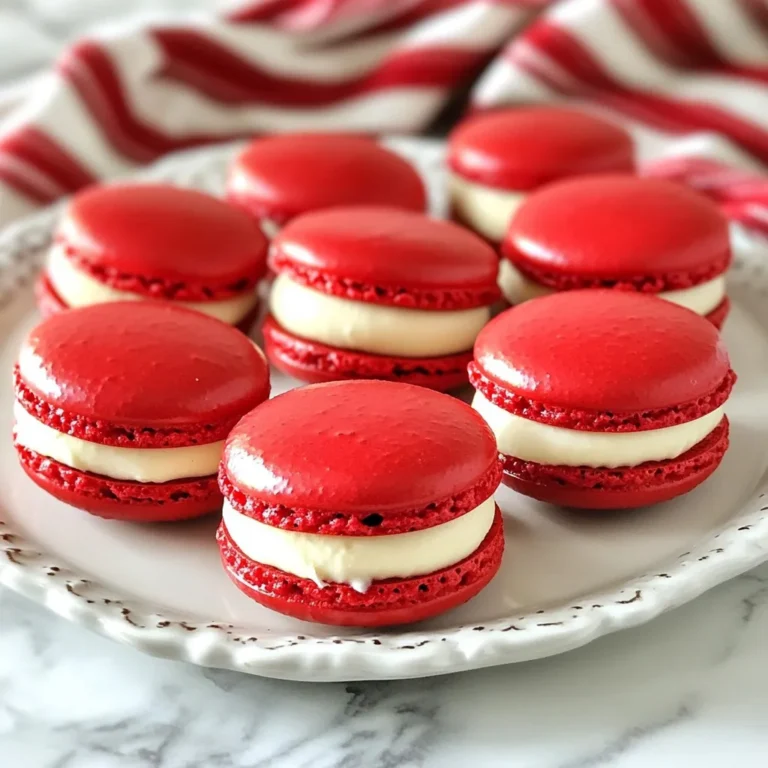 To make delightful red velvet macarons, gather these key ingredients: - 1 cup almond flour - 1 ½ cups powdered sugar - 3 large egg whites, at room temperature - 1/4 cup granulated sugar - 1 teaspoon vanilla extract - 1 teaspoon red gel food coloring - 1/2 teaspoon cocoa powder - Pinch of salt - For the cream cheese filling: - 4 oz cream cheese, softened - 2 tablespoons unsalted butter, softened - 1 cup powdered sugar - 1 teaspoon vanilla extract Each ingredient plays an important role. Almond flour gives macarons their unique texture. Powdered sugar adds sweetness and helps form a smooth surface. Egg whites create the airy structure through meringue. Granulated sugar stabilizes the egg whites while they whip. Vanilla extract and red gel food coloring bring flavor and color. The cocoa powder adds a hint of chocolate. Salt balances the sweetness and enhances all flavors. The cream cheese filling combines rich cream cheese and butter, making every bite creamy and delightful. This filling brings the traditional red velvet taste to your macarons. When you gather these ingredients, ensure they are fresh. Fresh ingredients help create the best results. With this list, you are ready to create stunning red velvet macarons that taste as good as they look! {{ingredient_image_1}} Start by sifting the almond flour, powdered sugar, and cocoa powder. This step is key. It removes lumps and helps your macaron shells be smooth. Next, ensure your egg whites are at room temperature. This helps them whip up better, leading to a fluffier meringue. In a clean bowl, whisk the egg whites on medium speed until frothy. Gradually add the granulated sugar while whisking. Once the mixture is frothy, turn up the speed to high. Whip until you see stiff peaks form. This might take a few minutes. Next, add the vanilla extract and red gel food coloring. Mix gently until the color is even. Now comes the fun part! Carefully fold the sifted almond flour mixture into the meringue. Use a rubber spatula and fold gently. You want to combine but not deflate the meringue. Keep folding until the mixture is shiny and flows like lava. This should take about 30 to 40 folds. Prepare a baking sheet with parchment paper or a silicone mat. Transfer the macaron mixture into a piping bag fitted with a round tip. Pipe small circles, about 1.5 inches wide, spaced apart on the baking sheet. Let them sit at room temperature for 30 to 60 minutes. This allows a skin to form on top. Preheat your oven to 300°F (150°C). Bake the macarons for 15 to 18 minutes. Rotate the baking sheet halfway through for even baking. Let the macarons cool on the baking sheet for about 10 minutes. After that, transfer them to a wire rack. Cooling on racks is important. It helps prevent sogginess. In a mixing bowl, combine 4 oz of softened cream cheese and 2 tablespoons of softened butter. Beat them together until smooth. Gradually add in 1 cup of powdered sugar and 1 teaspoon of vanilla extract. Mix until the filling is light and fluffy. Once the shells are cool, pipe a dollop of the cream cheese filling onto one shell. Top it with another shell to create a sandwich. Press gently to connect them. For the best flavor, refrigerate the assembled macarons for at least 24 hours. This allows the flavors to meld together beautifully. - Achieving the right consistency: The macaron batter must flow like lava. It should be shiny and not too runny. If it is too thick, your macarons may not rise well. Use a rubber spatula to fold gently, about 30-40 times. This helps mix it without losing air. - Avoiding common pitfalls: Remember to sift the almond flour and powdered sugar. This keeps lumps away. Also, ensure your mixing bowl is clean and dry. Any fat can ruin your meringue, causing it to not whip up properly. - Other extracts to try: Vanilla is classic, but you can experiment. Almond extract adds a nutty taste. Peppermint extract works well for a fresh twist. Just use these in small amounts to avoid overpowering the red velvet flavor. - Adjusting sweetness levels: Depending on your taste, you can reduce the powdered sugar in the filling. A little less sugar can help balance the cream cheese's tanginess. Taste as you go to find the right balance. - Images of consistency 'lava' mixture: Look for pictures showing the batter flowing off the spatula. It should hold its shape for a moment before settling back down. - Photos of piped shells: Good photos show even circles with no peaks. The shells should look smooth and glossy before baking. This will help you know when your batter is just right. Pro Tips Use Room Temperature Egg Whites: Ensure your egg whites are at room temperature for better volume when whipping. This helps achieve the perfect meringue consistency. Measure Ingredients Accurately: Baking is a science, so precise measurements are crucial. Use a kitchen scale for the best results, especially for almond flour and powdered sugar. Don't Skip the Resting Step: Allow your piped macarons to rest until they form a skin before baking. This step is essential for developing the signature 'foot' of the macaron. Flavor Variations: Experiment with different flavors by adding extracts or zest to your filling. You can create unique combinations like lemon or chocolate cream cheese filling! {{image_2}} Red velvet macarons can be even more fun with different flavors. One popular option is red velvet macarons with chocolate filling. The rich chocolate taste pairs well with the cream cheese filling. It adds depth and makes each bite even more delightful. Another option is making nut-free macarons. Substitute almond flour with a nut-free blend. This way, everyone can enjoy these treats. You can use sunflower seed flour or oat flour for a great texture. You can dress up your red velvet macarons for special occasions. For Valentine’s Day, add heart-shaped decorations on top. Use pink or white icing to make them extra festive. These will surely impress your loved ones. During the holidays, try holiday-inspired variations. Add a sprinkle of cinnamon or nutmeg to the filling. You can also use red and green food coloring to create a festive look. These adaptations make your macarons fit for any celebration. To really enjoy your red velvet macarons, think about drinks. A nice cup of coffee or hot cocoa goes well with them. The warmth of these drinks balances the sweetness of the macarons. For parties, serve macarons on a beautiful platter. You can pair them with fruits like strawberries or raspberries. This adds a fresh touch and makes the dessert table pop. These simple ideas can elevate your macaron experience. To keep your macarons fresh, store them in an airtight container. This helps them stay soft and chewy. Place parchment paper between layers to avoid sticking. Keep your macarons in the fridge if you plan to eat them later. The ideal temperature is around 32°F to 41°F (0°C to 5°C). This cool environment helps maintain their texture and flavor. You can freeze macarons for up to three months. To freeze, place them in a single layer on a baking sheet. Once firm, transfer them to a freezer-safe bag or container. Make sure to remove excess air to avoid freezer burn. When you're ready to enjoy them, thaw the macarons in the fridge overnight. This gentle method helps them regain their texture. Enjoy your sweet treat with ease! Red velvet macarons get their unique flavor and color from cocoa powder and red gel food coloring. Regular macarons are often plain, using just almond flour and sugar. The cream cheese filling adds a rich tang, which sets them apart. No, you cannot use regular flour instead of almond flour. Regular flour has gluten, which affects the texture. Almond flour keeps the macarons light and chewy, while regular flour will make them dense. Macarons can last about 3 to 5 days in the fridge. For longer storage, keep them in an airtight container. They can last up to a month in the freezer. Just remember to let them thaw in the fridge before serving. Using liquid food coloring is not ideal. Gel food coloring provides a stronger color without adding extra moisture. Liquid food coloring can change the texture of your batter, making it more runny. Use a piping bag fitted with a round tip. Hold it straight up and pipe small circles, about 1.5 inches wide. Keep them spaced apart to allow for spreading. Practice makes perfect, so don’t worry if your first batch is not perfect. Cracks can happen for several reasons. Common causes include not resting the macarons long enough or baking at too high a temperature. Make sure to let them form a skin and bake gently for the best results. Creating Red Velvet Macarons requires careful attention to detail. We covered essential ingredients, like almond flour and cream cheese filling. The step-by-step instructions guide you through every part, from making the meringue to assembling the perfect shells. Remember the tips for consistency and how to store them for freshness. I hope these insights inspire you to try these delicious treats. With practice, you’ll master the art of macaron making. Enjoy your baking journey!