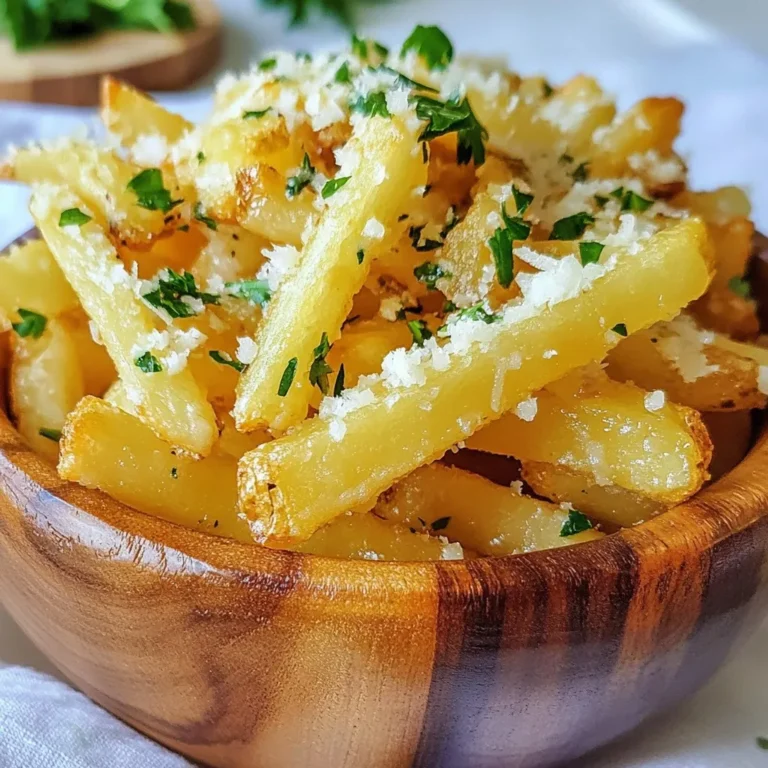 - 4 large russet potatoes - 4 tablespoons olive oil - 4 cloves garlic, minced - 1 cup grated Parmesan cheese - 2 teaspoons dried oregano - 1 teaspoon paprika - Salt and freshly ground black pepper to taste - Fresh parsley, chopped (for garnish) The star of this dish is the russet potato. These potatoes are starchy and make the best fries. You want them to be large and firm. This size helps you cut even strips. The olive oil adds flavor and helps the fries crisp up nicely. Next, we need garlic. I like to use fresh garlic for its strong taste. You will need four cloves. Mince them finely so they mix well with the fries. Parmesan cheese is a must. It adds that salty, nutty flavor. Grate it fresh for the best texture. Dried oregano gives a nice herbal note. Paprika adds a touch of smokiness. Don’t forget to season with salt and black pepper. They bring out all the flavors. Lastly, fresh parsley adds color and a fresh taste when we serve the fries. These ingredients come together to create a snack you won’t forget. Each bite of these Garlic Parmesan Fries is packed with flavor. {{ingredient_image_1}} - Preheat your oven to 425°F (220°C). - Wash, peel, and cut russet potatoes into thin strips. Aim for 1/4 inch thick. Starting with the right temperature is key. A hot oven helps the fries crisp up nicely. Cutting the potatoes into thin strips ensures they cook evenly. - Rinse and dry the cut fries. - Combine fries with seasonings and olive oil. Rinsing removes extra starch that can make fries soggy. Patting them dry is also important for crispness. In a large bowl, mix the fries with olive oil, minced garlic, oregano, paprika, salt, and pepper. Toss well to coat each fry. - Spread fries on a baking sheet. - Bake and flip for even cooking. Use parchment paper on your baking sheet. It helps prevent sticking and makes cleanup easy. Bake for 25-30 minutes. Flip the fries halfway through for even browning. You want them golden and crispy. When they come out, sprinkle Parmesan cheese on top. The heat will melt the cheese just right. Garnish with fresh parsley for a pop of color and flavor. Enjoy your delicious snack! To get ultra-crispy fries, start by soaking the cut potatoes. This step helps remove extra starch. I soak them in cold water for at least 30 minutes. After soaking, dry them well using a clean kitchen towel. Moisture will keep them from getting crispy. Next, heat your oven to 425°F (220°C). This temperature is perfect for baking fries. Spread the fries on a baking sheet in a single layer. Bake for 25-30 minutes, flipping them halfway through. This helps them cook evenly and become golden brown. For perfect seasoning, you can adjust the salt and spices to your taste. Start with 1 teaspoon of salt. You can always add more later if needed. The dried oregano and paprika give a nice flavor kick. To achieve a good balance, mix the seasonings well with the fries. This way, every fry gets coated evenly. I like to add a bit of black pepper for a hint of heat. If you want more flavor, try adding a pinch of cayenne or other spices. Experimenting with seasonings can lead to fun and tasty results! Pro Tips Choose the Right Potatoes: For the best texture and flavor, use russet potatoes. They are starchy and yield a crispier fry. Pat Them Dry: After rinsing the cut fries, ensure they are thoroughly dried. This helps achieve maximum crispiness in the oven. Don't Overcrowd the Baking Sheet: Spread the fries in a single layer without overlapping. This allows them to cook evenly and become crispy. Serve Immediately: For the best taste and texture, serve the fries right after baking while they are still hot and crispy. {{image_2}} You can make garlic Parmesan fries even better with herbs and spices. One great option is to add fresh herbs. Try using rosemary or thyme. Chop them finely and mix them in with the fries. This adds a fresh taste that pairs well with garlic. If you want to spice things up, consider adding cayenne pepper. Just a pinch can bring a nice kick without overpowering the dish. Mix it in during the seasoning step, and enjoy the extra heat. You can also switch up the toppings for more fun. If you want a dairy-free option, use vegan cheese instead of Parmesan. It melts well and still tastes great! Mix in other toppings for a unique twist. Try adding crispy bacon bits for a savory crunch. You can also add sliced jalapeños for a spicy touch. These toppings will take your garlic Parmesan fries to the next level! To keep your Garlic Parmesan Fries fresh, store them in an airtight container. Place a paper towel at the bottom to soak up moisture. This helps maintain crispiness. Make sure to cool the fries to room temperature before sealing the container. Store them in the fridge for up to three days. To reheat and keep fries crispy, use your oven. Preheat it to 400°F (200°C). Spread the fries on a baking sheet in a single layer. Bake for about 10 minutes, flipping halfway through. This method revives their crunch. If you want to save some fries, freezing works well. First, let the fries cool completely. Then, lay them out on a baking sheet in a single layer. Freeze them for about one hour. Once frozen, transfer them to a freezer bag. They can last for up to three months. When ready to eat, reheat from frozen. Preheat your oven to 425°F (220°C). Spread the frozen fries on a baking sheet. Bake for 15-20 minutes or until golden brown. This keeps them crispy and delicious. Russet potatoes are the best choice for making fries. They have high starch content, which makes them crispy on the outside and fluffy on the inside. You want potatoes that are firm and heavy. Other varieties like Yukon Gold can work too, but they might not be as crispy. Yes, you can use an air fryer for Garlic Parmesan Fries. Start by preheating the air fryer to 400°F (200°C). Cut the potatoes just like in the oven method. Toss them with olive oil and seasonings. Place the fries in the air fryer basket in a single layer. Cook for about 15-20 minutes, shaking the basket halfway through. Add the grated Parmesan cheese right after cooking. To keep your fries crispy, serve them right away. If you need to store them, let them cool completely. Place them in an airtight container, but do not stack them. You can reheat them in the oven at 400°F (200°C) for about 10 minutes to regain crispiness. Avoid using the microwave, as it makes them soggy. You now have a great recipe for Garlic Parmesan Fries. We covered key ingredients and step-by-step methods. Remember to soak your potatoes for extra crispiness and adjust spices for your taste. Feel free to explore fun variations with different herbs or toppings. Store any leftovers properly to keep them tasty. Testing out new recipes can be enjoyable and rewarding. I hope you try making these fries soon! They're sure to impress your family and friends. Enjoy your cooking!