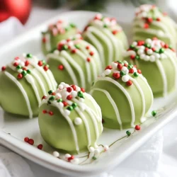 To make Grinch Christmas Truffles, you will need a few simple ingredients. Here’s what you need: - 1 cup crushed green mint cookies (like Grasshoppers or mint Oreos) - 8 oz cream cheese, softened - 1 cup white chocolate chips - 1 tsp peppermint extract - Green food coloring (optional) - Red and green sprinkles for decoration - Mini candy canes, crushed (for garnish) Each ingredient plays a key role in the taste and look of these truffles. The crushed green mint cookies give a fun minty flavor. The cream cheese helps bind everything together, making it smooth and creamy. White chocolate adds a sweet touch and a nice coating. Peppermint extract boosts the minty flavor, while green food coloring gives the truffles their festive look. The red and green sprinkles add a pop of color and fun, and crushed mini candy canes on top give a crunchy finish. Gather all these ingredients before you start. It makes the process quick and easy. Trust me, having everything ready makes a big difference! {{ingredient_image_1}} - Mixing the cookie and cream cheese base Start by taking a mixing bowl. Add 1 cup of crushed green mint cookies. Next, add 8 oz of softened cream cheese. Use a spatula or your hands to mix. Aim for a smooth and even texture. - Chilling the mixture for easier handling Once mixed, cover the bowl with plastic wrap. Place it in the fridge for 30 minutes. This chill makes it easier to shape the truffles. - Shaping the truffles After chilling, take the bowl out. Scoop small portions, about 1 inch in diameter. Roll these pieces into balls. Place the balls on a lined baking sheet. - Melting and dipping in white chocolate In a microwave-safe bowl, add 1 cup of white chocolate chips. Melt them in 30-second intervals. Stir between each interval until smooth. Dip each truffle into the melted chocolate. Use a fork for an even coat. Allow any excess chocolate to drip off. - Decorating with sprinkles and candy canes Before the chocolate sets, add decorations. Sprinkle red and green sprinkles on top. For a fun finish, add crushed mini candy canes. Let the truffles sit until the chocolate hardens. - Rolling truffles: Use clean hands to roll the mixture into balls. Keep your hands slightly wet to prevent sticking. Make each ball about one inch wide for even sizes. - Smooth chocolate coating: Melt the white chocolate in short bursts. Stir well after each interval. This keeps the chocolate smooth and easy to dip. - Enhancing flavor: Add more peppermint extract for a stronger mint taste. You can also mix in crushed candy canes for extra crunch and flavor. - Storing truffles: Place truffles in an airtight container. Keep them in the fridge for best freshness. They last about one week if stored properly. Pro Tips Chill for Better Handling: Chilling the mixture before rolling it into truffles makes it easier to shape and prevents sticky hands. Perfectly Melted Chocolate: When melting white chocolate, add a teaspoon of vegetable oil to ensure a smooth and glossy finish. Customize Your Sprinkles: Get creative with your decorations! Use colored sprinkles or edible glitter to match your holiday theme. Storage Tips: Store the truffles in an airtight container in the refrigerator for up to two weeks to maintain freshness. {{image_2}} You can make Grinch Christmas truffles even more fun with some creative twists. Here are a few ideas to explore. - Alternate cookie options for different flavors: Try using crushed chocolate cookies or vanilla wafers instead of green mint cookies. This change gives your truffles a new taste and look. You can even mix flavors for a fun surprise. - Adding different extract flavors: While peppermint is classic, you can switch it up! Add a dash of almond or vanilla extract. This small change can add a unique flavor profile to your truffles. - Themed decorations for various occasions: Use different sprinkles to fit the theme. For Halloween, try orange and black. For birthdays, go with colorful sprinkles. You can even change the color of the chocolate for special events. These variations keep your truffles exciting and allow you to impress your friends and family. Enjoy experimenting! To keep your Grinch Christmas Truffles fresh, follow these steps: - Store in an airtight container: This helps prevent drying out. - Refrigeration is best: Keep the truffles in the fridge for maximum freshness. - Room temperature storage: If you serve them right away, they can stay at room temp for a few hours. How long can you store truffles? You can keep them in the fridge for up to two weeks. If you freeze them, they can last about three months. Just wrap them well to avoid freezer burns. Enjoy these tasty treats fresh, or save some for later! Can I make these truffles ahead of time? Yes, you can make these truffles ahead of time. They store well in the fridge. I suggest making them a day or two before your party. Just keep them in an airtight container. What if I don't have peppermint extract? If you lack peppermint extract, use vanilla extract instead. It won't taste the same, but it still adds flavor. You could also try almond extract for a unique twist. How can I adjust for different dietary needs? For gluten-free options, use gluten-free cookies. If you need dairy-free truffles, replace cream cheese with a dairy-free cream cheese. You can find many good brands at stores. Can I freeze Grinch Christmas Truffles? Yes, you can freeze these truffles! Place them in a single layer on a tray. Once frozen, move them to a freezer bag. They stay fresh for up to three months. What chocolate can I use for dipping if I don’t have white chocolate? If you don't have white chocolate, use dark chocolate or milk chocolate. Just melt it the same way. The flavor will change, but they will still taste great! These Grinch Christmas Truffles are fun and easy to make. You learned about the best ingredients, from crushed mint cookies to mini candy canes. I shared a step-by-step guide for mixing, shaping, and decorating your truffles. You now have tips to perfect your treats and ideas for creative twists. Always store your truffles correctly for the best taste. I hope you feel inspired to try this festive recipe and share it with your loved ones! Enjoy your holiday treats!