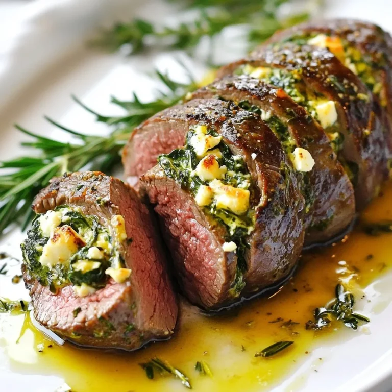 - 1 pound beef tenderloin - 1 cup spinach, chopped - 1/2 cup cream cheese, softened - 1/4 cup feta cheese, crumbled - 2 cloves garlic, minced - 1 tablespoon fresh rosemary, minced - 1 tablespoon fresh thyme, minced - Salt and pepper to taste - 2 tablespoons olive oil - 1 tablespoon balsamic vinegar The main star here is the beef tenderloin. This cut is tender and juicy. The spinach adds a nice green touch. Cream cheese and feta make the stuffing rich and creamy. Garlic, rosemary, and thyme bring great flavor to the dish. Don't forget salt and pepper; these are key to balance. - Sun-dried tomatoes, chopped - Mushrooms, finely diced - Parmesan cheese, grated - Red pepper flakes for heat Adding sun-dried tomatoes gives a sweet-tart taste. Mushrooms add an earthy flavor. Parmesan cheese can add extra creaminess. If you like spice, red pepper flakes can give a nice kick. - Sharp knife - Mixing bowl - Oven-safe skillet - Meat thermometer - Cutting board A sharp knife helps to make a clean pocket in the tenderloin. Use a mixing bowl to prepare the stuffing. An oven-safe skillet is important for searing the meat. A meat thermometer ensures your beef cooks to the right doneness. A cutting board makes prep easy and safe. {{ingredient_image_1}} 1. Preheat your oven to 400°F (200°C). This step warms the oven for cooking. 2. Mix the stuffing: In a bowl, combine 1 cup of chopped spinach, 1/2 cup of softened cream cheese, 1/4 cup of crumbled feta cheese, 2 cloves of minced garlic, and 1 tablespoon each of minced fresh rosemary and thyme. Add salt and pepper to taste. Stir until smooth. 3. Prepare the tenderloin: Take 1 pound of beef tenderloin and use a sharp knife to cut a pocket into it. Be careful not to cut through the sides. This pocket will hold the stuffing. 4. Stuff the tenderloin: Fill the pocket with the stuffing you made. Press it in gently to fit everything. 5. Sear the tenderloin: Heat 2 tablespoons of olive oil in an oven-safe skillet over medium-high heat. Once hot, add the tenderloin and sear it on all sides until it turns brown. This takes about 2-3 minutes per side. 6. Add balsamic vinegar: Drizzle 1 tablespoon of balsamic vinegar over the tenderloin. This adds a rich flavor. 7. Roast in the oven: Transfer the skillet to your preheated oven. Roast for 15-20 minutes. Check the internal temperature. It should reach 145°F (63°C) for medium-rare. 8. Let it rest: Once the cooking time is up, remove the skillet from the oven. Allow the tenderloin to rest for 5-10 minutes. This helps the juices settle. 9. Slice and serve: Cut the tenderloin into medallions. Arrange them on a serving platter. Drizzle any leftover juices from the pan on top. Garnish with fresh herbs for a lovely finish. Enjoy your meal! To stuff beef tenderloin, first cut a pocket. Use a sharp knife for this step. Make sure to slice deep, but not through the sides. This way, the filling stays inside. For the filling, mix spinach, cream cheese, feta, garlic, rosemary, thyme, salt, and pepper in a bowl. Blend well until smooth. Then, carefully stuff the mixture into the pocket of the meat. Press gently to pack it in. Cooking time depends on how you like your meat. For medium-rare, roast at 145°F (63°C). It takes about 15-20 minutes in the oven. For medium, aim for 160°F (71°C), which may need an extra 5 minutes. Always check with a meat thermometer. This tool helps ensure you get your preferred doneness. Remember to let it rest after cooking. This keeps the juices inside for a tasty bite. For sides, consider roasted vegetables or mashed potatoes. They complement the beef well. A fresh salad with a light vinaigrette also works nicely. For wine, a bold red like Cabernet Sauvignon pairs perfectly. The rich flavors of the wine match the savory beef. If you prefer white, try a full-bodied Chardonnay. It balances the creaminess of the stuffing. Enjoy your meal and the delightful flavors! Pro Tips Resting Time: Allow the beef tenderloin to rest after roasting for 5-10 minutes. This helps the juices redistribute throughout the meat, ensuring each slice is juicy and flavorful. Knife Skills: Use a sharp knife to create the pocket in the tenderloin. A clean cut will help you stuff it more easily and evenly. Season Generously: Don't skimp on seasoning the beef before searing. A good amount of salt and pepper enhances the flavor of the meat and complements the stuffing. Oven Thermometer: Using an oven thermometer can ensure that your oven is at the correct temperature. This helps achieve the perfect doneness for your tenderloin. {{image_2}} You can change the stuffing to fit your taste. Try using mushrooms instead of spinach for a rich flavor. Swap cream cheese for goat cheese for a tangy twist. You can even add sun-dried tomatoes for a burst of sweetness. Mix in chopped nuts for crunch or dried herbs for extra flavor. If you're vegan, use a plant-based cream cheese. For dairy-free diets, try cashew cheese. Gluten-free? Stick to fresh herbs and veggies for stuffing. You can also use a different cut of meat, like pork tenderloin, if beef isn't your choice. Slice the beef into medallions for a fancy look. Serve it over creamy polenta or a bed of mashed potatoes. Pair it with a fresh salad or roasted veggies for color. Drizzle the juices from the pan over the slices for added flavor. You can even serve it in a sandwich with crusty bread for a fun twist. After you enjoy your stuffed beef tenderloin, store any leftovers right. First, let the meat cool to room temperature. Then, wrap it tightly in plastic wrap or aluminum foil. You can also place it in an airtight container. This keeps the beef tender and flavorful. Always label the container with the date. Store in the fridge for up to three days. To reheat your beef tenderloin, use the oven for best results. Preheat it to 350°F (175°C). Place the meat in an oven-safe dish. Add a splash of broth or water to keep it moist. Cover the dish with foil to trap steam. Heat for about 10-15 minutes or until warm. You can also use a microwave if you're in a hurry. Slice the tenderloin into pieces and heat for 1-2 minutes. If you want to save your stuffed beef tenderloin for later, freezing is a great option. Wrap the cooled tenderloin tightly in plastic wrap. Then, place it in a freezer bag or container. Remove as much air as possible to prevent freezer burn. It can stay in the freezer for up to three months. When you’re ready to eat, thaw it in the fridge overnight before reheating. The best cooking temperature for beef tenderloin is 145°F (63°C). This temperature gives you a nice medium-rare finish. To check, use a meat thermometer. Insert it into the thickest part of the meat. If the temperature reads 145°F, it's ready to come out of the oven! Cooking it at 400°F (200°C) helps the outside brown while the inside cooks evenly. I find this method gives great flavor and texture. Yes, you can use other cuts of beef for this recipe. Cuts like sirloin or flank steak work well. They may need a little more time to cook through. However, tender cuts like filet mignon give the best results. Just remember, the cooking time may change depending on the cut you choose. Test the internal temperature to ensure it is safe to eat. Let the beef tenderloin rest for 5 to 10 minutes before slicing. Resting helps the juices redistribute throughout the meat. This keeps it moist and tender. If you slice it right away, the juices will run out, and the meat may dry. A good rest is key for juicy, flavorful slices! You learned about key ingredients, essential tools, and step-by-step cooking instructions for stuffed beef tenderloin. We discussed tips to perfect the dish and explored variations for different tastes. Lastly, I shared storage tips so you can enjoy leftovers later. Remember, cooking is fun and gives you room to be creative. Try new flavors and make this dish your own. Enjoy every bite!
