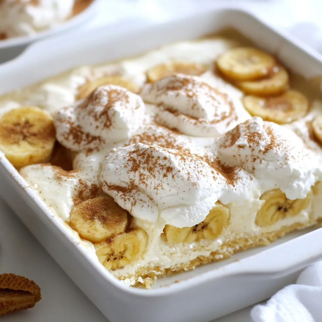 Here’s what you need for a delightful Eggnog Banana Pudding: - 2 ripe bananas, sliced - 2 cups eggnog (store-bought or homemade) - 1 cup heavy cream - 1/2 cup powdered sugar - 1 teaspoon vanilla extract - 1 tablespoon cornstarch - 1/2 teaspoon ground nutmeg - 1 package (12 oz) vanilla wafer cookies - Whipped cream, for topping - Ground cinnamon, for garnish Gather these ingredients before you start cooking. Using ripe bananas adds natural sweetness. Eggnog gives it a rich flavor. You can use store-bought eggnog or make your own. Heavy cream makes the pudding creamy and light. Powdered sugar sweetens the whipped cream. Vanilla extract adds warmth. Cornstarch thickens the eggnog mixture. Ground nutmeg adds that holiday spice. Vanilla wafer cookies make a great layer, adding texture. Whipped cream is essential for topping. Ground cinnamon adds a nice touch on top. Prepare everything, and you will create a lovely holiday treat! {{ingredient_image_1}} To start, grab a medium saucepan. Pour in 2 cups of eggnog and add 1 tablespoon of cornstarch. Turn the heat to medium. Whisk the mixture well. Keep whisking until it thickens and bubbles. This should take about 5 to 7 minutes. Once it thickens, remove the saucepan from the heat. Set it aside to cool. Next, take a large bowl and add 1 cup of heavy cream. Sprinkle in 1/2 cup of powdered sugar and 1 teaspoon of vanilla extract. Using a mixer, whip the cream on high speed. Keep mixing until soft peaks form. This means the cream should be fluffy but not too stiff. It will add a light touch to your pudding. Now, grab a 9x13-inch baking dish. Place half of the vanilla wafer cookies on the bottom. Next, add half of the sliced bananas on top of the cookies. After that, pour half of your eggnog mixture over the fruit and cookies. Repeat these layers with the remaining cookies, bananas, and eggnog mixture. Finally, spread the rest of the whipped cream over the top. To finish, sprinkle ground nutmeg and cinnamon for extra flavor. Cover the dish with plastic wrap and chill it in the fridge for at least 4 hours or overnight. This helps the flavors mix and the pudding set. To make the best whipped cream, start with cold heavy cream. Cold cream whips faster and holds shape well. Use a clean bowl for mixing to avoid any grease. Whip the cream with powdered sugar and vanilla. Keep beating until soft peaks form. This means the cream should hold its shape but still be smooth. Don’t overmix, or it may turn into butter! After making your eggnog banana pudding, cover it tightly with plastic wrap. This keeps the pudding fresh and prevents it from drying out. Refrigerate for at least 4 hours. For best taste, let it sit overnight. This waiting time allows the flavors to mix well. If you have leftovers, store them in the fridge for up to three days. Spices can take your pudding to the next level. Ground nutmeg is a must for that classic eggnog flavor. A sprinkle of ground cinnamon adds warmth and depth. You can also try adding a pinch of cloves or ginger for a little kick. Just remember, a little spice goes a long way. Adjust the amounts to suit your taste. Pro Tips Use Ripe Bananas: The riper the bananas, the sweeter and more flavorful your pudding will be. Look for bananas with lots of brown spots for the best taste. Chill the Pudding: Allowing the pudding to set in the refrigerator for several hours enhances the flavors and creates a firmer texture, making it easier to serve. Variations on Toppings: Get creative with toppings! Consider adding crushed graham crackers, shaved chocolate, or even a drizzle of caramel for added indulgence. Eggnog Alternatives: If you prefer a lighter version, substitute some of the eggnog with almond milk or coconut milk for a unique twist on this classic dessert. {{image_2}} You can mix it up by using other fruits. Try ripe peaches or sweet strawberries. They add fresh flavors that work well with eggnog. You can also use berries for a tart taste. Just slice them thin and layer them like bananas. Each fruit brings a new twist to this tasty dessert. Vanilla wafers are great, but you can use other cookies too. Consider ginger snaps for a spicy kick. You might also like chocolate cookies for a rich taste. Just crush them lightly and layer them as you would with vanilla wafers. Different cookies can change the dessert's flavor and texture. If you love chocolate, add cocoa powder to your eggnog mixture. Start with a tablespoon and mix well. You can also layer in chocolate pudding between the banana layers. This makes the dessert even more decadent. A sprinkle of chocolate shavings on top adds a nice touch too. For a festive touch, serve Eggnog Banana Pudding in individual cups or bowls. This makes each serving special. You can top each cup with a dollop of whipped cream. Add a sprinkle of nutmeg or a banana slice for decoration. Using clear cups shows off the pretty layers inside. It looks great on a holiday table! Eggnog Banana Pudding pairs well with many drinks. A warm cup of spiced cider enhances the dessert’s flavors. You can also enjoy it with a classic hot chocolate. If you prefer something stronger, try it with a glass of bourbon. Each drink adds a nice twist to the creamy pudding. This dessert is perfect for holiday gatherings. Serve it at Christmas parties or Thanksgiving dinners. It also works well for winter birthdays. The festive flavors make it a hit with guests. You can even bring it to potlucks and family reunions. Everyone will love this creamy treat! Yes, you can use homemade eggnog! It adds a personal touch. Just ensure it’s thick and creamy. This will enhance the flavor of your pudding. Homemade eggnog often has a richer taste than store-bought. You can store Eggnog Banana Pudding for up to four days in the fridge. Make sure to cover it well with plastic wrap. This keeps it fresh and prevents it from absorbing other odors. Yes, you can make this dessert a day or two ahead. This allows the flavors to blend well. Just remember to chill it in the fridge for at least four hours before serving. Toppings can really enhance your pudding. You can use: - Whipped cream - Sliced bananas - A sprinkle of nutmeg - Ground cinnamon for extra warmth These toppings make it look festive and tasty! Yes, you can make this pudding dairy-free. Use coconut cream instead of heavy cream. For eggnog, choose a dairy-free brand. This way, you keep the same great flavor without the dairy! This blog covered how to make a tasty Eggnog Banana Pudding. You learned about the key ingredients, like ripe bananas and eggnog. I shared step-by-step instructions to help you create this treat. We also explored tips for perfecting whipped cream and adding fun flavor twists. Finally, I included serving ideas for special occasions. Enjoy making this easy dessert that brings smiles all around. Have fun experimenting and sharing it with your friends and family!