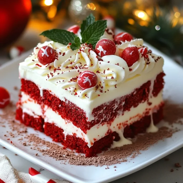 To make the Red Velvet Christmas Lasagna Dessert, you will need the following ingredients: - 1 box red velvet cake mix - 1/2 cup unsalted butter - 3 large eggs - 2 cups mascarpone cheese - 1 cup heavy whipping cream - 1 cup powdered sugar - 1 teaspoon vanilla extract - 1 cup crushed peppermint candies - 1/4 cup cocoa powder - Fresh mint leaves for garnish Each ingredient plays an important role in creating this festive treat. The red velvet cake mix gives the dessert its signature color and flavor. The butter adds moisture, while the eggs help bind everything together. Mascarpone cheese brings a rich, creamy texture, perfect for layering. Heavy whipping cream and powdered sugar combine to create a light and sweet cream layer. Crushed peppermint candies add a fun crunch and festive touch, while cocoa powder gives a nice finish. Fresh mint leaves not only brighten the dish but also add a refreshing flavor. This mix of ingredients ensures your dessert is both delicious and visually appealing. {{ingredient_image_1}} - Preheat the oven to 350°F (175°C). - In a large mixing bowl, combine the red velvet cake mix, melted butter, and eggs. Mix well until smooth. - Pour the batter into a greased 9x13 inch baking pan. - Bake for 30-35 minutes. Check doneness by inserting a toothpick into the center. It should come out clean. Let the cake cool completely in the pan. - In a separate bowl, beat the mascarpone cheese until it is smooth. - Gradually add the heavy whipping cream, powdered sugar, and vanilla extract. Whip until soft peaks form. - Once the cake is cool, cut it into even squares. - Layer half of the red velvet squares at the bottom of a 10-inch square or round dish. Spread half of the mascarpone cream over this layer. Sprinkle crushed peppermint candies on top. - Repeat with the remaining red velvet squares and mascarpone cream. Finish with more crushed peppermint candies on top. - Cover the dessert with plastic wrap. Chill in the refrigerator for at least 2 hours. This helps the flavors blend well. - Before serving, dust the top with cocoa powder. - Garnish with fresh mint leaves and extra crushed peppermint. Cut into squares and enjoy! To check if your cake is done, use a toothpick. Stick it in the center. If it comes out clean, your cake is ready. If it has batter on it, bake a few more minutes. Let the cake cool in the pan for about 10 minutes. Then, transfer it to a wire rack. Cooling helps keep the cake moist and fluffy. When making the mascarpone cream, focus on texture. Start by beating the mascarpone cheese in a bowl. Mix until it's smooth and creamy. Gradually add heavy cream, powdered sugar, and vanilla extract. Keep mixing until soft peaks form. This gives your cream a light, airy feel. For even layers, cut the cooled cake into uniform squares. This helps with stacking and makes it look nice. When layering, spread half of the cream over the first cake layer. Then, sprinkle crushed peppermint on top. Repeat this process until all layers are done. This method not only looks good but also ensures every bite has flavor. Pro Tips Use Room Temperature Ingredients: Allow your mascarpone cheese and heavy cream to come to room temperature before mixing. This helps create a smoother cream layer. Chill for Best Results: Don’t skip the chilling step! Allowing the lasagna to set in the refrigerator for at least 2 hours enhances the flavors and improves the texture. Layer with Care: When assembling, ensure even layers of cake and cream. This not only looks appealing but also ensures each slice has balanced flavors. Garnish Creatively: For a festive touch, consider adding edible glitter or extra crushed peppermint on top before serving, enhancing both appearance and flavor. {{image_2}} You can switch up the cake mix for this dessert. Try using chocolate cake mix for a rich twist. It pairs well with the creamy layers. You might also want to make this dessert dairy-free. Use coconut cream instead of mascarpone cheese. This gives a nice flavor and keeps it creamy. Think about adding festive flavors. You can mix in some eggnog or gingerbread spices. Nutmeg and cinnamon can add warmth to the cream layer. You can even fold in some crushed cranberries for a tart kick. These additions make your dessert feel even more special during the holidays. If you need to make more or fewer servings, it's simple. Just change the amount of cake mix and cream. For a smaller dessert, use half the amounts. For larger gatherings, use two boxes of cake mix. Adjust the layers and cream as needed. This way, everyone can enjoy a piece of this delightful treat! Store the Red Velvet Christmas Lasagna in the fridge. Use an airtight container to keep it fresh. It will stay good for up to five days. Before serving again, check for any signs of spoilage. If it looks and smells fine, it’s good to eat. You can freeze this dessert if you want to keep it longer. First, cut it into squares. Wrap each piece in plastic wrap tightly. Then, place the wrapped pieces in a freezer bag. This way, it will last for up to three months. When you want to eat it, take it out and let it thaw in the fridge overnight. After storage, you can reassemble the layers if needed. Place the pieces back in a nice dish. Dust with cocoa powder and add fresh mint leaves on top. This will remind everyone how lovely it was at first! Enjoy it cold or let it sit for a few minutes. You can store this dessert in the fridge for up to five days. Keep it covered with plastic wrap or a lid. This helps it stay fresh. The flavors will blend and taste even better after a day. Yes, you can make this dessert a day before your event. Assemble it, then chill it overnight. This allows the layers to set perfectly. It makes serving easy and stress-free. If you can't find mascarpone, use cream cheese. Soften it first for a smooth mix. You could also use ricotta cheese. Just blend it well for a nice texture. This dessert contains red velvet cake mix, which usually has gluten. To make it gluten-free, use a gluten-free cake mix. Ensure all other ingredients are gluten-free too. To cut the dessert, use a sharp knife. Wipe the knife between cuts for clean slices. This keeps the layers neat and pretty. Serve with a spatula for easy transfer to plates. This blog post covered how to make a Red Velvet Christmas Lasagna Dessert. We explored each step, from gathering ingredients to serving suggestions. You learned tips for baking and making the cream layer. We even discussed variations and storage tips. Final thoughts: This dessert is festive and fun. It’s easy to customize and memorable for any holiday table. Enjoy making, sharing, and eating this treat with loved ones!