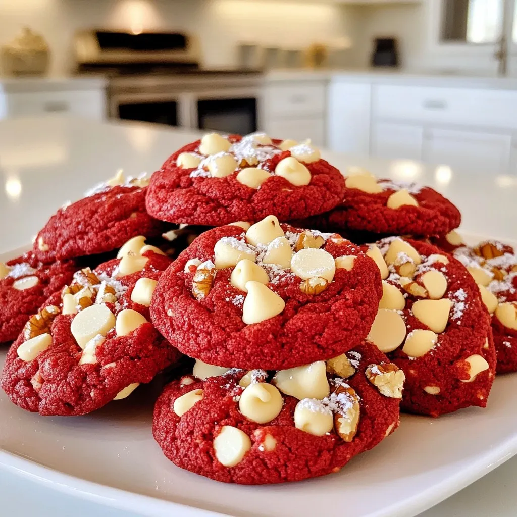 To make these tasty red velvet cake mix cookies, you need just a few simple items. Here’s a list of the ingredients you will need: - 1 box red velvet cake mix - 1/2 cup vegetable oil - 2 large eggs - 1 teaspoon vanilla extract - 1/2 cup white chocolate chips - 1/2 cup chopped pecans (optional) - 1/4 cup powdered sugar (for dusting) Each ingredient plays a key role in creating the perfect cookie. The red velvet cake mix gives the cookies their unique flavor and color. Vegetable oil keeps them moist. The eggs bind everything together, while vanilla adds a lovely aroma. White chocolate chips bring sweetness, and pecans add a nice crunch. The powdered sugar on top makes the cookies look fancy. You can easily find these ingredients at your local grocery store. If you want to make this recipe gluten-free, check for a gluten-free red velvet mix. Feel free to customize it by adding your favorite mix-ins! {{ingredient_image_1}} Start by preheating your oven to 350°F (175°C). This step is key for perfect cookies. While the oven heats, line a baking sheet with parchment paper. This keeps your cookies from sticking. In a large mixing bowl, add the red velvet cake mix. Pour in 1/2 cup of vegetable oil. Crack in 2 large eggs and add 1 teaspoon of vanilla extract. Mix these ingredients well. You want a thick dough to form. Then, gently fold in 1/2 cup of white chocolate chips. If you like, add 1/2 cup of chopped pecans for extra crunch. Use a cookie scoop or a tablespoon. Drop heaping spoonfuls of dough onto the baking sheet. Make sure to space them about 2 inches apart. This helps them bake evenly. Place the sheet in the oven and bake for 10-12 minutes. The edges should be set, and the tops look soft. Take the cookies out of the oven. Let them cool on the baking sheet for 5 minutes. This helps them firm up. Then, move them to a wire rack. Once cooled, dust them lightly with 1/4 cup of powdered sugar. This adds a nice touch. Now, you have delightful red velvet cake mix cookies ready to enjoy! To get soft and chewy cookies, don’t overmix the dough. Mix just until combined. When you bake, watch the cookies closely. Take them out when the edges are firm, but the tops still look soft. This keeps the inside moist and tender. Let them cool a bit on the sheet before moving them. This helps them set without getting too hard. If you need to change some ingredients, I have tips. You can use coconut oil instead of vegetable oil. For eggs, try using applesauce or a flaxseed mix. Just mix one tablespoon of ground flaxseed with two and a half tablespoons of water. Let it sit for a few minutes. It works great! For a nut-free option, skip the pecans or replace them with sunflower seeds. Always preheat your oven to the right temperature. This helps the cookies bake evenly. Use parchment paper to prevent sticking and make cleanup easier. Space the dough balls about two inches apart. This gives them room to spread. Lastly, use a cookie scoop for even sizes. This way, all your cookies bake at the same time and have a nice look! Pro Tips Use Room Temperature Ingredients: Allow your eggs and any other refrigerated ingredients to come to room temperature for better mixing and texture. Don’t Overmix the Dough: Mix just until combined to keep the cookies tender and chewy. Overmixing can lead to tough cookies. Chill the Dough: For thicker cookies, consider chilling the dough for 30 minutes before baking to prevent spreading. Experiment with Mix-ins: Feel free to swap white chocolate chips for dark chocolate or add dried fruit for a unique twist! {{image_2}} You can make your red velvet cookies even more fun by adding mix-ins. Try adding mini chocolate chips or chopped nuts. If you love a bit of crunch, sprinkle in some crushed pretzels. For a fruity twist, toss in dried cherries or raspberries. Each mix-in adds its own flavor and texture. Experiment to find your favorite combo! For a rich and creamy treat, top your cookies with cream cheese frosting. To make this frosting, mix 8 ounces of cream cheese with 1/2 cup of butter. Add 2 cups of powdered sugar and a splash of vanilla. Spread the frosting on cooled cookies for an extra layer of sweetness. This pairing brings out the cake-like flavor of the cookies. You can enjoy these cookies gluten-free too! Simply swap the red velvet cake mix for a gluten-free version. Many brands offer gluten-free cake mixes that work great. Ensure your other ingredients, like baking powder, are also gluten-free. Follow the same steps, and you’ll have delicious gluten-free red velvet cookies that everyone can enjoy! To keep your red velvet cake mix cookies fresh, store them in an airtight container. Use parchment paper to separate layers if needed. This helps prevent them from sticking together. Keep the container at room temperature for up to five days. If you want to keep them longer, consider freezing them. Freezing these cookies is easy and a great way to save some for later. Start by allowing the cookies to cool completely. Place them on a baking sheet in a single layer. Freeze for about two hours until solid. Then, transfer the cookies to a freezer-safe bag or container. They can stay frozen for up to three months. When you want to enjoy a frozen cookie, reheating is simple. Preheat your oven to 350°F (175°C). Place the cookie on a baking sheet and warm it for about five minutes. This makes the cookie soft and slightly warm, just like fresh out of the oven. You can also use the microwave for a quick fix. Heat it for about 10 to 15 seconds. Enjoy your delightful treat! Yes, you can use other cake mixes. Chocolate or vanilla mixes work well too. Just keep in mind that the flavor and color will change. Each mix has its own unique taste. Experiment to find what you like best! To make chewy cookies, use less flour. You can also bake them for a shorter time. Take them out when they look slightly soft. The cookies will firm up as they cool. Adding an extra egg yolk can also help with chewiness. These cookies last up to a week when stored in an airtight container. You can keep them at room temperature. If you want them to last longer, store them in the fridge. Just make sure to bring them back to room temp before eating. You can use applesauce or mashed banana as egg substitutes. Use 1/4 cup for each egg. Yogurt or silken tofu also works well. Choose what you like best to keep your cookies moist and tasty! These red velvet cookies are easy to make and taste great. We covered the ingredients, step-by-step baking, and tips for the best results. You can customize them with different mix-ins or frostings. Remember to store them properly for lasting freshness. Enjoy your baking journey and impress your friends and family with these fun treats!