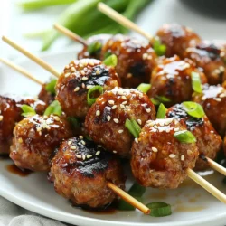 To make tasty teriyaki meatball skewers, you'll need the following: - 1 pound ground chicken - 1/2 cup breadcrumbs - 1/4 cup grated Parmesan cheese - 1/4 cup green onions, finely chopped - 2 cloves garlic, minced - 1 teaspoon fresh ginger, grated - 1 tablespoon soy sauce - 1/4 teaspoon black pepper - 1/4 teaspoon sesame oil - 1/2 cup teriyaki sauce These ingredients come together to create juicy and flavorful meatballs. The ground chicken gives a light taste, while Parmesan adds a nice richness. The garlic and ginger bring a lovely aroma, making your kitchen smell amazing. Garnishes add a fun touch to your skewers. Here are some great options: - Sesame seeds - Sliced green onions Adding sesame seeds gives a nice crunch. Fresh green onions add color and a hint of sharpness. These little details make your dish look and taste better. If you need to make changes, here are some easy swaps: - Ground turkey instead of ground chicken - Panko breadcrumbs instead of regular breadcrumbs - Tamari or coconut aminos in place of soy sauce for gluten-free options These substitutions ensure you can still enjoy this recipe, even if you have dietary needs. Each swap will still keep your skewers delicious and satisfying. {{ingredient_image_1}} To make the meatball mixture, grab a large bowl. Add 1 pound of ground chicken. Then, toss in 1/2 cup of breadcrumbs and 1/4 cup of grated Parmesan cheese. Next, chop 1/4 cup of green onions and put them in the bowl. Mince 2 cloves of garlic and add that too. Grate 1 teaspoon of fresh ginger and mix it in. Pour in 1 tablespoon of soy sauce, then sprinkle 1/4 teaspoon of black pepper and 1/4 teaspoon of sesame oil. Now, mix all these ingredients well. Make sure everything is blended evenly. Now, shape the mixture into meatballs. Each one should be about 1 inch wide. You will make around 16 meatballs. Take skewers and thread the meatballs on them. If you use wooden skewers, soak them in water for 30 minutes first. This step helps prevent burning. Once you have all the meatballs on the skewers, set them aside for grilling. Next, it’s time to grill! Preheat your grill or grill pan over medium heat. Brush the meatball skewers with half of the teriyaki sauce. Place the skewers on the grill carefully. Cook them for about 10 to 12 minutes. Make sure to turn them occasionally. You want nice grill marks and for the meatballs to be cooked through. In the last minute of cooking, brush the remaining teriyaki sauce over the meatballs. After grilling, remove the skewers and let them rest for a few minutes. If you like, garnish with sesame seeds and sliced green onions. Enjoy your tasty teriyaki meatball skewers! To make great meatballs, start with fresh ground chicken. Mix it well with the other ingredients. Use your hands for best results. Make sure the meatballs are about 1 inch wide. This size cooks evenly and stays juicy. Grill your meatballs over medium heat. This helps them cook through without burning. Turn them often for nice grill marks. Cook until they reach an internal temperature of 165°F. This ensures they are safe to eat. To boost the teriyaki taste, use a good quality sauce. You can make your own if you prefer. Add more soy sauce for saltiness. A little brown sugar can add sweetness. Consider adding a splash of rice vinegar for tang. Fresh ginger and garlic also enhance the flavor. Brush the sauce on the meatballs while grilling. This helps the flavor soak in. Using the right tools makes cooking easier. Wooden skewers are great but soak them in water first. This prevents them from burning on the grill. A sturdy grill brush helps keep the grill clean. Use a meat thermometer to check the meatballs. This tool ensures they are cooked perfectly. A large mixing bowl is essential for blending your meatball mix. Pro Tips Use Fresh Ingredients: For the best flavor, use fresh garlic and ginger instead of dried. They will enhance the overall taste of the meatballs. Soak Skewers: If using wooden skewers, soak them in water for at least 30 minutes before grilling. This prevents them from burning while cooking. Check Doneness: Make sure the meatballs are fully cooked by checking that they reach an internal temperature of 165°F (75°C). Customize Seasoning: Feel free to adjust the seasoning to your taste. Adding a dash of chili flakes can give your meatballs an extra kick! {{image_2}} You can switch up the meat in these skewers. Ground turkey works great if you want less fat. Ground pork adds richness and flavor. If you prefer beef, go for it! Just make sure to adjust cooking time as needed. Each meat brings its own taste and texture to the dish. For a vegetarian twist, use cooked lentils or black beans. You can mash them up and mix them with breadcrumbs. Try adding grated carrots for a bit of crunch. If you want a vegan option, use tofu or tempeh. Crumble them and mix with the same seasonings. Form them into meatballs just like the meat version. Teriyaki is tasty, but you can experiment! Try sweet chili sauce for a spicy kick. A honey garlic sauce adds sweetness and depth. If you want something tangy, use a soy-ginger sauce. Each sauce will change the flavor, making your skewers unique every time. After your meal, let the skewers cool down. Place them in an airtight container. You can keep them in the fridge for up to three days. Make sure they are not hot when you store them. This helps keep them fresh. To reheat, take the skewers out of the fridge. You can use the oven or a microwave. If using an oven, preheat it to 350°F. Place the skewers on a baking sheet. Heat for about 10 minutes. For the microwave, heat for 1-2 minutes. Make sure they are warm all the way through. If you want to freeze meatballs, do this before cooking. Shape the meatballs and place them on a baking sheet. Freeze them for about 1 hour. Once frozen, transfer them to a freezer bag. They will last for up to three months. When you are ready to cook, no need to thaw. Just cook them for a few extra minutes. Yes, you can use ground beef instead of chicken. Beef gives a richer flavor. Just keep in mind that the meatballs may be a bit greasier. Make sure to cook them until they reach a safe temperature of 160°F. This keeps your meal safe and tasty. You can serve teriyaki meatball skewers with many side dishes. Here are some great options: - Steamed rice or fried rice - Grilled or stir-fried vegetables - A fresh green salad - Noodles tossed in sesame oil These sides balance the sweet and savory flavors of the skewers. Making homemade teriyaki sauce is simple. Here’s a quick recipe: - 1/2 cup soy sauce - 1/4 cup brown sugar - 1/4 cup honey or mirin - 1 tablespoon rice vinegar - 1 teaspoon cornstarch mixed with 1 tablespoon of water 1. Combine all ingredients in a small pot. 2. Heat over medium until it simmers. 3. Stir until the sauce thickens. 4. Let it cool before using. This sauce adds great flavor to your meatballs and more! Teriyaki meatball skewers are easy to make and delightfully tasty. I covered the key ingredients, including swaps and garnishes, and shared step-by-step instructions for perfect grilling. I offered tips to enhance the flavor and suggested variations for different diets. Finally, I provided storage info and answered common questions. Cooking these skewers brings joy to any meal. Try your own twist and enjoy!