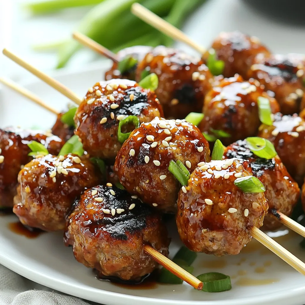 To make tasty teriyaki meatball skewers, you'll need the following: - 1 pound ground chicken - 1/2 cup breadcrumbs - 1/4 cup grated Parmesan cheese - 1/4 cup green onions, finely chopped - 2 cloves garlic, minced - 1 teaspoon fresh ginger, grated - 1 tablespoon soy sauce - 1/4 teaspoon black pepper - 1/4 teaspoon sesame oil - 1/2 cup teriyaki sauce These ingredients come together to create juicy and flavorful meatballs. The ground chicken gives a light taste, while Parmesan adds a nice richness. The garlic and ginger bring a lovely aroma, making your kitchen smell amazing. Garnishes add a fun touch to your skewers. Here are some great options: - Sesame seeds - Sliced green onions Adding sesame seeds gives a nice crunch. Fresh green onions add color and a hint of sharpness. These little details make your dish look and taste better. If you need to make changes, here are some easy swaps: - Ground turkey instead of ground chicken - Panko breadcrumbs instead of regular breadcrumbs - Tamari or coconut aminos in place of soy sauce for gluten-free options These substitutions ensure you can still enjoy this recipe, even if you have dietary needs. Each swap will still keep your skewers delicious and satisfying. {{ingredient_image_1}} To make the meatball mixture, grab a large bowl. Add 1 pound of ground chicken. Then, toss in 1/2 cup of breadcrumbs and 1/4 cup of grated Parmesan cheese. Next, chop 1/4 cup of green onions and put them in the bowl. Mince 2 cloves of garlic and add that too. Grate 1 teaspoon of fresh ginger and mix it in. Pour in 1 tablespoon of soy sauce, then sprinkle 1/4 teaspoon of black pepper and 1/4 teaspoon of sesame oil. Now, mix all these ingredients well. Make sure everything is blended evenly. Now, shape the mixture into meatballs. Each one should be about 1 inch wide. You will make around 16 meatballs. Take skewers and thread the meatballs on them. If you use wooden skewers, soak them in water for 30 minutes first. This step helps prevent burning. Once you have all the meatballs on the skewers, set them aside for grilling. Next, it’s time to grill! Preheat your grill or grill pan over medium heat. Brush the meatball skewers with half of the teriyaki sauce. Place the skewers on the grill carefully. Cook them for about 10 to 12 minutes. Make sure to turn them occasionally. You want nice grill marks and for the meatballs to be cooked through. In the last minute of cooking, brush the remaining teriyaki sauce over the meatballs. After grilling, remove the skewers and let them rest for a few minutes. If you like, garnish with sesame seeds and sliced green onions. Enjoy your tasty teriyaki meatball skewers! To make great meatballs, start with fresh ground chicken. Mix it well with the other ingredients. Use your hands for best results. Make sure the meatballs are about 1 inch wide. This size cooks evenly and stays juicy. Grill your meatballs over medium heat. This helps them cook through without burning. Turn them often for nice grill marks. Cook until they reach an internal temperature of 165°F. This ensures they are safe to eat. To boost the teriyaki taste, use a good quality sauce. You can make your own if you prefer. Add more soy sauce for saltiness. A little brown sugar can add sweetness. Consider adding a splash of rice vinegar for tang. Fresh ginger and garlic also enhance the flavor. Brush the sauce on the meatballs while grilling. This helps the flavor soak in. Using the right tools makes cooking easier. Wooden skewers are great but soak them in water first. This prevents them from burning on the grill. A sturdy grill brush helps keep the grill clean. Use a meat thermometer to check the meatballs. This tool ensures they are cooked perfectly. A large mixing bowl is essential for blending your meatball mix. Pro Tips Use Fresh Ingredients: For the best flavor, use fresh garlic and ginger instead of dried. They will enhance the overall taste of the meatballs. Soak Skewers: If using wooden skewers, soak them in water for at least 30 minutes before grilling. This prevents them from burning while cooking. Check Doneness: Make sure the meatballs are fully cooked by checking that they reach an internal temperature of 165°F (75°C). Customize Seasoning: Feel free to adjust the seasoning to your taste. Adding a dash of chili flakes can give your meatballs an extra kick! {{image_2}} You can switch up the meat in these skewers. Ground turkey works great if you want less fat. Ground pork adds richness and flavor. If you prefer beef, go for it! Just make sure to adjust cooking time as needed. Each meat brings its own taste and texture to the dish. For a vegetarian twist, use cooked lentils or black beans. You can mash them up and mix them with breadcrumbs. Try adding grated carrots for a bit of crunch. If you want a vegan option, use tofu or tempeh. Crumble them and mix with the same seasonings. Form them into meatballs just like the meat version. Teriyaki is tasty, but you can experiment! Try sweet chili sauce for a spicy kick. A honey garlic sauce adds sweetness and depth. If you want something tangy, use a soy-ginger sauce. Each sauce will change the flavor, making your skewers unique every time. After your meal, let the skewers cool down. Place them in an airtight container. You can keep them in the fridge for up to three days. Make sure they are not hot when you store them. This helps keep them fresh. To reheat, take the skewers out of the fridge. You can use the oven or a microwave. If using an oven, preheat it to 350°F. Place the skewers on a baking sheet. Heat for about 10 minutes. For the microwave, heat for 1-2 minutes. Make sure they are warm all the way through. If you want to freeze meatballs, do this before cooking. Shape the meatballs and place them on a baking sheet. Freeze them for about 1 hour. Once frozen, transfer them to a freezer bag. They will last for up to three months. When you are ready to cook, no need to thaw. Just cook them for a few extra minutes. Yes, you can use ground beef instead of chicken. Beef gives a richer flavor. Just keep in mind that the meatballs may be a bit greasier. Make sure to cook them until they reach a safe temperature of 160°F. This keeps your meal safe and tasty. You can serve teriyaki meatball skewers with many side dishes. Here are some great options: - Steamed rice or fried rice - Grilled or stir-fried vegetables - A fresh green salad - Noodles tossed in sesame oil These sides balance the sweet and savory flavors of the skewers. Making homemade teriyaki sauce is simple. Here’s a quick recipe: - 1/2 cup soy sauce - 1/4 cup brown sugar - 1/4 cup honey or mirin - 1 tablespoon rice vinegar - 1 teaspoon cornstarch mixed with 1 tablespoon of water 1. Combine all ingredients in a small pot. 2. Heat over medium until it simmers. 3. Stir until the sauce thickens. 4. Let it cool before using. This sauce adds great flavor to your meatballs and more! Teriyaki meatball skewers are easy to make and delightfully tasty. I covered the key ingredients, including swaps and garnishes, and shared step-by-step instructions for perfect grilling. I offered tips to enhance the flavor and suggested variations for different diets. Finally, I provided storage info and answered common questions. Cooking these skewers brings joy to any meal. Try your own twist and enjoy!