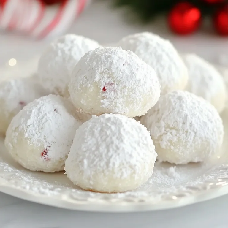 You need some key items to make peppermint snowball cookies. Here’s what to gather: - 1 cup unsalted butter, softened - 1/2 cup powdered sugar, plus extra for dusting - 1 teaspoon pure vanilla extract - 1 teaspoon peppermint extract - 2 cups all-purpose flour - 1/2 cup cornstarch - 1/4 teaspoon salt - 1/2 cup crushed peppermint candies (or candy canes) These ingredients blend together to create a soft, buttery cookie with a minty twist. To give your cookies a special touch, you can add some optional items: - A pinch of cocoa powder for a chocolatey flavor - Chopped nuts like walnuts or pecans for crunch - A drop of food coloring for a festive look These extras can make your cookies unique and fun for the holidays. To bake these cookies, you’ll need some basic tools: - Baking sheet - Parchment paper - Large mixing bowl - Whisk for mixing dry ingredients - Cookie scoop or spoon for shaping dough - Wire rack for cooling Having the right equipment makes baking easier and more enjoyable. {{ingredient_image_1}} Start by getting your area ready. Preheat your oven to 350°F (175°C). This step ensures your cookies bake evenly. Next, line a baking sheet with parchment paper. This helps the cookies not stick. Gather all your ingredients. Having everything in one spot makes baking easier. In a large mixing bowl, add 1 cup of softened unsalted butter. Then, mix in 1/2 cup of powdered sugar. Beat them together until the mix is light and fluffy. Add 1 teaspoon of pure vanilla extract and 1 teaspoon of peppermint extract. Mix until everything blends well. In another bowl, whisk together 2 cups of all-purpose flour, 1/2 cup of cornstarch, and 1/4 teaspoon of salt. Gradually add this dry mix to your butter mixture. Stir until just combined. Be careful not to overmix. Fold in 1/2 cup of crushed peppermint candies. Ensure they spread evenly in the dough for bursts of flavor. Now, it's time to shape the cookies. Use your hands to form the dough into 1-inch balls. Place these balls on your lined baking sheet, spaced about 2 inches apart. Bake in your preheated oven for 10-12 minutes. The edges should look lightly golden while the centers remain soft. After baking, let the cookies cool on the sheet for 5 minutes. Then, transfer them to a wire rack to cool completely. Once cool, dust them with extra powdered sugar. This makes them look like snowy treats, perfect for the holidays! To make your cookies soft and melt-in-your-mouth, use room temperature butter. Cream it well with powdered sugar. This step adds air, making them fluffy. Mix the dry ingredients gently. Overmixing can make cookies tough. When you bake, check for light golden edges. They should look soft but will firm up as they cool. If you have allergies, you can swap the butter for a dairy-free version. Use coconut oil or a vegan butter. For a gluten-free option, try almond flour or a gluten-free blend. You can also replace peppermint extract with vanilla for a milder taste. Just adjust the amount to your liking. Dusting with powdered sugar gives the cookies a lovely snowy look. Wait until the cookies cool completely. If they are warm, the sugar will melt. Use a fine sieve or a sifter for even coverage. You can also add more crushed peppermint candies for extra flavor and color. Pro Tips Chill the Dough: For an even better texture, refrigerate the dough for 30 minutes before baking. This helps the cookies maintain their shape. Use Fresh Peppermint: For the best flavor, use fresh peppermint candies or crushed candy canes rather than stale ones. This enhances the peppermint taste. Watch the Baking Time: Keep an eye on the cookies as they bake. They should be set but soft in the middle; overbaking can lead to dry cookies. Perfect Dusting: Use a fine sieve to dust the powdered sugar on the cookies for an even, snowy finish that looks beautiful and festive. {{image_2}} Want to add chocolate to your cookies? It’s easy! You can swap out half the flour for cocoa powder. This change gives the cookies a rich chocolate flavor. Then, mix in the peppermint candies as usual. You’ll get a sweet treat that blends mint and chocolate perfectly. These cookies look great dusted with powdered sugar too! If you have guests with nut allergies, don’t worry. You can still serve delicious cookies! The original recipe is nut-free already. Just ensure that your baking ingredients are also free from nuts. Use a clean bowl and utensils to avoid cross-contamination. This way, everyone can enjoy peppermint snowball cookies safely. Feel free to get creative with flavors! Instead of peppermint extract, try using almond or vanilla extract. This change gives a new twist to the cookies. You could even mix in lemon or orange zest for a fresh taste. These swaps can make your cookies unique and fun for any holiday gathering. To keep your peppermint snowball cookies fresh, store them in an airtight container. I find that metal or glass containers work best. Place a piece of parchment paper between layers of cookies. This keeps them from sticking together. Store the cookies at room temperature for up to one week. Freezing cookies is simple and keeps them tasty. To freeze peppermint snowball cookies, first cool them completely. Then, place them in a single layer on a baking sheet. Freeze for about one hour until solid. After that, transfer the cookies to a freezer-safe bag. They can stay in the freezer for up to three months. When you want to enjoy them, let them thaw at room temperature. To maintain the flavor of your cookies, avoid exposing them to air. If you have leftover cookies, wrap them tightly in plastic wrap. This extra layer helps keep moisture in. You can also add a slice of bread to the container. This keeps cookies soft for longer. Remember to check your supply and enjoy them while they’re fresh! Yes, you can make these cookies ahead of time. You have two options. First, you can prepare the dough and chill it in the fridge for up to three days. Just let it sit at room temperature for a bit before shaping. Second, bake the cookies and store them in an airtight container. They stay fresh for about a week. If you don’t have peppermint extract, try using mint extract. It gives a similar flavor. You can also use vanilla extract for a milder taste. If you want a more natural option, consider using crushed mint leaves. Just remember that the flavor will change a bit. To tell if the cookies are done, look for lightly golden edges. The centers will look soft, but they firm up as they cool. You can also gently press a cookie with your finger. If it springs back, it’s ready! Just be careful not to overbake them. Making Peppermint Snowball Cookies is simple and fun. We covered essential and optional ingredients, along with the tools you need. The step-by-step guide helps you mix, shape, and bake perfect cookies. Use tips to get the best texture and adapt for allergies. Explore variations for chocolate lovers and nut-free guests. Lastly, you learned how to store and freeze cookies for freshness. Enjoy indulging in this festive treat that brings joy to every bite.