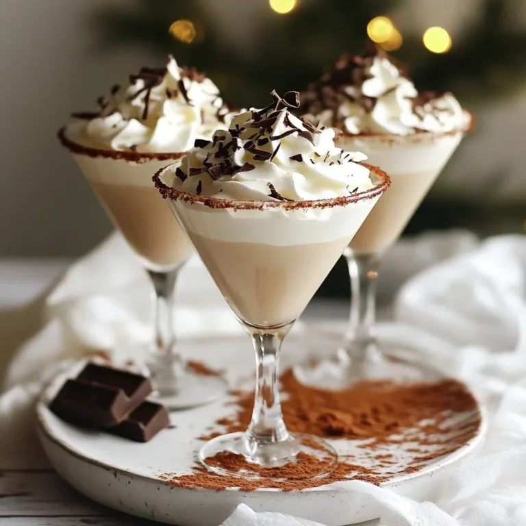 - 1 cup non-alcoholic eggnog - 1/4 cup chocolate syrup - 1 tablespoon vanilla extract - 1/2 teaspoon ground nutmeg - 1 tablespoon cocoa powder (for rimming glasses) - Whipped cream (for topping) - Dark chocolate shavings (for garnish) - Ice cubes Each ingredient plays a key role. The non-alcoholic eggnog gives a creamy base. The chocolate syrup adds sweetness and rich flavor. Vanilla extract enhances the overall taste. Ground nutmeg brings warmth and spice. Cocoa powder is for rimming the glasses, making the drink look fancy. Whipped cream and chocolate shavings add a lovely finish. Ice cubes chill the drink and keep it refreshing. Choose high-quality non-alcoholic eggnog for the best flavor. Look for chocolate syrup that is rich and thick. Pure vanilla extract works best; avoid imitation. Freshly ground nutmeg offers a more vibrant taste than pre-ground. For cocoa powder, select a fine brand for a smooth rim. Use real whipped cream for a delightful topping. Dark chocolate shavings should be from good chocolate for a rich garnish. {{ingredient_image_1}} Start by rimming your martini glasses. Take a shallow plate and add cocoa powder. Wet the rims of the glasses with a little eggnog. Next, dip the rims into the cocoa powder to coat them. This step adds flavor and looks great! Grab a shaker for this part. Pour in 1 cup of non-alcoholic eggnog. Add 1/4 cup of chocolate syrup for sweetness. Then, include 1 tablespoon of vanilla extract and 1/2 teaspoon of ground nutmeg. Fill the shaker with ice cubes to chill the drink. Secure the lid on your shaker tightly. Shake it vigorously for 15 to 20 seconds. You want the drink to mix well and get cold. Now, strain the mixture into your prepared martini glasses. Top each drink with whipped cream. Finally, sprinkle dark chocolate shavings on top for a fancy touch. Enjoy this festive and creamy treat right away! To get the best flavor, use high-quality non-alcoholic eggnog. Look for brands that use real milk and cream. This makes your drink creamier and richer. Chocolate syrup is key too. Choose a syrup that tastes great on its own. You can even try dark chocolate syrup for a bolder flavor. Ground nutmeg adds warmth. Use fresh nutmeg if you can. Grate it right before adding to keep the taste bright. Cold drinks are the best drinks! Chill your martini glasses before serving. You can do this by placing them in the freezer for a few minutes. When mixing, fill your shaker with plenty of ice. This helps chill the drink fast. Shake for about 15-20 seconds to make sure everything blends well and cools down. Serve immediately for a refreshing sip. For this drink, you need a few simple tools. A cocktail shaker is a must. It helps mix and chill your eggnog mix. You’ll also need a shallow plate for rimming the glasses with cocoa powder. Don’t forget a strainer to pour your drink smoothly. A grater is handy for fresh nutmeg. Finally, have a spoon ready for that creamy whipped topping. With these tools, you’ll make a perfect Chocolate Eggnog Martini! Pro Tips Fresh Nutmeg: For the best flavor, use freshly grated nutmeg instead of pre-ground. It adds a richer and more aromatic profile to your eggnog. Chill Your Ingredients: Ensure your eggnog and chocolate syrup are well-chilled before mixing. This will help keep your drink refreshing and cold longer. Custom Garnishes: Experiment with different garnishes such as crushed peppermint or a sprinkle of cinnamon for a unique twist on your drink. Presentation Matters: For a festive touch, consider adding a festive straw or serving on a decorated tray to impress your guests. {{image_2}} You can easily make a Chocolate Eggnog Martini with or without alcohol. For a fun twist, add 1 ounce of your favorite vodka or rum. This gives the drink a nice kick. If you want a family-friendly version, stick with the non-alcoholic eggnog. Both options taste great and keep everyone happy. There are many ways to change up the flavor. You can swap chocolate syrup for caramel or hazelnut syrup. Each syrup brings a unique taste. For spices, try adding cinnamon or allspice for extra warmth. A pinch of sea salt can also heighten the chocolate flavor. These small changes can make a big difference in your drink. Consider serving your Chocolate Eggnog Martini with sweet treats. Cookies or brownies make great companions. You can also pair it with a slice of rich chocolate cake. For a savory option, serve with cheese and crackers. The sweet and salty mix will delight your taste buds. Enjoy your festive drink with friends and family for a cozy gathering! If you have extra chocolate syrup or eggnog, store them in the fridge. Use airtight containers to keep them fresh. Eggnog usually lasts about a week. Chocolate syrup can last longer, up to a year. Yes, you can prepare the mix ahead of time. Combine the eggnog, chocolate syrup, vanilla extract, and nutmeg in a jar. Keep it in the fridge for up to two days. Just remember to shake it well before serving. For the best taste, serve your Chocolate Eggnog Martini right after mixing. Prepare the glasses just before you pour. This keeps the rims fresh and the drink cold. Garnish at the last minute for a beautiful look. A Chocolate Eggnog Martini is a festive drink. It combines creamy eggnog with rich chocolate. The blend creates a smooth, sweet flavor. This drink is perfect for holiday gatherings. You can serve it chilled or over ice. It brings joy to any celebration. Yes, you can use regular eggnog. It will add a nice kick. Just remember to adjust your other ingredients. If you want a boozy touch, use spiced rum or bourbon. This change makes the drink even more festive. You can use melted chocolate or cocoa powder. Both options add a rich chocolate taste. If you prefer a sweeter flavor, try chocolate sauce. You can also mix in some chocolate liqueur for extra depth. Be creative and use ingredients you have on hand. This blog post covered how to make a great Chocolate Eggnog Martini. We explored the key ingredients and shared how to mix and serve the drink perfectly. I also shared tips for getting the best taste and ways to store your ingredients. Enjoy experimenting with variations and sharing with friends. The Chocolate Eggnog Martini can be fun for any occasion. Keep your tools handy, and have fun mixing!